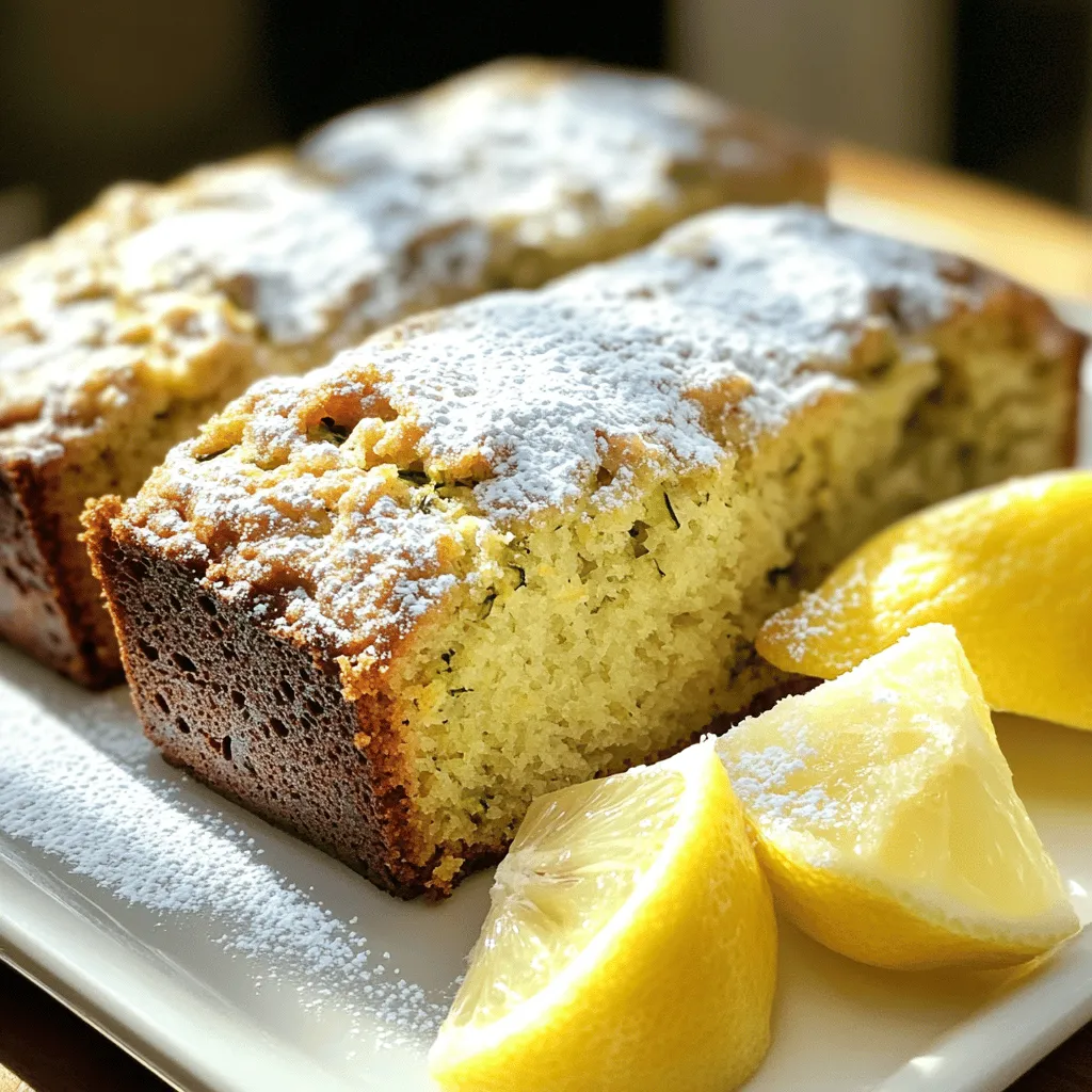 To make moist lemon zucchini bread, you need fresh and simple ingredients. The star of this recipe is the zucchini. It adds moisture and a subtle flavor. The lemon gives a nice zing. Sugar balances the flavors and helps with browning. Butter adds richness, while eggs bind everything together. Greek yogurt keeps the bread tender and adds a slight tang. Here’s what you will need for the full recipe: - 1 medium zucchini (about 1 cup, grated) - 1 cup granulated sugar - 1/2 cup unsalted butter, melted - 2 large eggs - 1/4 cup plain Greek yogurt - 1 tablespoon lemon zest - 2 tablespoons fresh lemon juice - 1 teaspoon vanilla extract - 1 1/2 cups all-purpose flour - 1 teaspoon baking soda - 1 teaspoon baking powder - 1/2 teaspoon salt - 1/2 teaspoon ground cinnamon - 1/4 teaspoon nutmeg (optional) Each ingredient plays a key role in making this bread tasty and moist. Using fresh ingredients is vital for great flavor. Fresh zucchini adds moisture and texture without being overpowering. Fresh lemon zest and juice brighten the bread. They make it taste fresh and vibrant. Old or stale ingredients can lead to a dry or bland loaf. Always check that your eggs are fresh and your baking powder is active. This ensures your bread rises well. Fresh ingredients help create a delicious treat you’ll want to share. Start by gathering all your ingredients. You’ll need one medium zucchini, sugar, butter, eggs, yogurt, lemon zest, lemon juice, and vanilla extract. Don't forget the flour, baking soda, baking powder, salt, cinnamon, and nutmeg. Next, preheat your oven to 350°F (175°C). Grease a 9x5 inch loaf pan or line it with parchment paper. This helps the bread come out easily later. Grate the zucchini and place it in a large mixing bowl. Mix it with sugar and let it sit for about five minutes. This step helps the zucchini release moisture. After the zucchini sits, stir in the melted butter. Then add the eggs one at a time. Make sure to mix well after each egg. This keeps the texture smooth. Next, mix in the Greek yogurt, lemon zest, lemon juice, and vanilla extract. Use a separate bowl for the dry ingredients. Whisk together the flour, baking soda, baking powder, salt, cinnamon, and nutmeg. Gradually fold this mix into the wet batter. Be gentle; overmixing can make the bread tough. You want just enough mixing to combine everything nicely. Once mixed, pour the batter into your prepared loaf pan. Smooth the top with a spatula to help it bake evenly. Now, place it in the preheated oven. Bake for 50 to 60 minutes. Check the bread by inserting a toothpick into the center. If it comes out clean, the bread is ready. When done, take it out of the oven. Let it cool in the pan for about ten minutes. After that, transfer it to a wire rack to cool completely. This ensures a nice texture for slicing. Enjoy your baking journey with this moist lemon zucchini bread recipe! For the full recipe, check out the detailed instructions above. To make your lemon zucchini bread moist, start with fresh zucchini. Grate it finely to release more water. Use just the right amount of sugar and butter to add richness. The Greek yogurt helps keep the bread soft and tender. Remember, do not overmix your batter! This can lead to a dense loaf. Gently fold the dry ingredients in until they combine. One common mistake is not draining the zucchini. After grating, let it sit with sugar for five minutes. This step helps to release moisture, but don't forget to squeeze out extra water. Another error is baking at the wrong temperature. Always preheat your oven. If your bread sinks in the middle, it may need more baking time. Lastly, avoid skipping the cooling time. Let it cool in the pan for ten minutes before moving it. When preparing zucchini, wash it well before grating. You can leave the skin on for added color and nutrients. Use a box grater or food processor for quick work. Aim for about one cup of grated zucchini for this recipe. If you have extra zucchini, consider freezing it for later use. Just grate it, pack it in a bag, and label it. This way, you can make more lemon zucchini bread whenever you wish! For a complete guide on how to make this delightful treat, check out the Full Recipe. {{image_2}} You can easily change up this bread. Adding nuts gives a nice crunch. I like to use walnuts or pecans. They add a rich flavor that pairs well with lemon. If you love chocolate, try adding dark chocolate chips. They melt into the batter and create a sweet surprise in each bite. Just fold in about 1/2 cup of nuts or chips when mixing your batter. This makes the bread even more fun! If you need a gluten-free version, I have you covered! You can swap all-purpose flour for a gluten-free blend. Look for one that includes xanthan gum, as it helps with texture. You can also use almond flour or coconut flour. Remember, these flours can change the moisture, so adjust the liquid in the recipe if needed. This way, you can enjoy the moist lemon zucchini bread without wheat! Want to add more flavor? Try spices like ginger or cardamom. A pinch of these can elevate the taste. You can also add different extracts, such as almond or coconut, for a unique twist. Just one teaspoon of these extracts can make a big difference. Experimenting with flavors can lead to a new favorite recipe! For the full recipe, check out the link. To keep your moist lemon zucchini bread fresh, wrap it well. Use plastic wrap or foil. Store it in a cool, dry place. It will stay fresh for up to three days. If you want to enjoy it longer, refrigeration is an option. However, this may change the texture. Freezing is a great way to save your bread. First, let it cool completely. Next, slice it for easy access later. Wrap each slice in plastic wrap, then place them in a freezer bag. Remove as much air as possible. Your lemon zucchini bread can last up to three months in the freezer. If your bread becomes stale, don't worry! You can bring it back to life. Preheat your oven to 350°F (175°C). Place the bread directly on the rack for about 5-10 minutes. This will warm it up and help restore moisture. Enjoy it warm for the best taste! For the full recipe, check out the information above. You can check if your Lemon Zucchini Bread is done by using a toothpick. Insert it into the center of the bread. If it comes out clean or with only a few crumbs, it’s ready. If the toothpick has wet batter on it, bake for a few more minutes. The bread should also be golden brown and feel firm to the touch. Yes, you can substitute Greek yogurt in this recipe. You can use plain yogurt or sour cream instead. Both will add moisture and a nice tang to the bread. Just make sure they are plain and unsweetened. This keeps the flavor balanced and delicious. Lemon and zucchini work well with many flavors. Some great options include: - Vanilla: Adds warmth and sweetness. - Almond: Adds a nutty aroma. - Coconut: Brings in a tropical twist. - Ginger: Adds a spicy kick. - Blueberries: Offers a sweet and juicy contrast. Yes! Adding nuts can give your bread a nice crunch. Walnuts or pecans are great choices. Chop them roughly and fold them into the batter before baking. This adds extra texture and flavor. To store your Lemon Zucchini Bread, wrap it tightly in plastic wrap or foil. Keep it at room temperature for up to three days. For longer storage, place it in the fridge or freeze it. When freezing, slice the bread for easy thawing later. Absolutely! This bread tastes even better the next day. You can bake it a day or two in advance. Just keep it well-wrapped and at room temperature. This allows the flavors to meld and gives a moister texture. To enhance the lemon flavor, you can add more lemon zest or juice. Just be careful not to overdo it, as too much liquid can affect the texture. You can also use lemon extract for a stronger taste. You learned how to make a moist lemon zucchini bread. We covered key ingredients and their importance. You now know how to mix and bake it perfectly. Remember the tips to keep it moist and avoid mistakes. Explore fun variations like nuts or chocolate chips. Lastly, store your leftovers right to enjoy more later. Baking can be simple and fun. I hope you turn these tips into tasty treats!