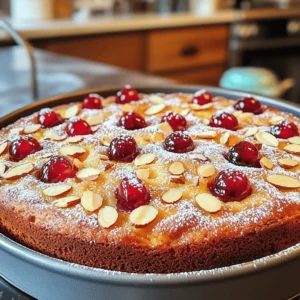 - 1 cup all-purpose flour - 1/2 cup almond flour - 1 cup granulated sugar - 1/2 cup unsalted butter, softened - 2 large eggs - 1/2 cup buttermilk - 1 teaspoon almond extract - 1 teaspoon vanilla extract - 1 teaspoon baking powder - 1/2 teaspoon baking soda - 1/4 teaspoon salt - 1 cup fresh or frozen cherries, pitted and halved - 1/4 cup sliced almonds (plus more for topping) - Powdered sugar for dusting (optional) The cherry almond cake shines with its simple yet rich ingredients. Each one plays a role. Flour gives the cake structure. Almond flour adds a nice nutty flavor and moistness. Granulated sugar balances the flavors and gives a sweet touch. Butter makes the cake rich and tender. Eggs help bind everything together. They also add a lovely golden color. Buttermilk gives the cake a slight tang and makes it soft. Almond and vanilla extracts enhance the cake's flavor, making it fragrant and inviting. Baking powder and baking soda help the cake rise, creating a light texture. Salt enhances all the flavors, making each bite satisfying. Cherries add a burst of sweetness and juiciness. The sliced almonds on top give a nice crunch and look pretty. You can dust powdered sugar on top for a sweet finish, if you like. Using fresh ingredients makes a big difference. Fresh cherries taste better than canned ones. They bring a bright flavor to your cake. I recommend using ripe, juicy cherries for the best taste. Frozen cherries work too, but be sure to thaw and drain them first. For a complete guide, check the Full Recipe. It will help you gather all you need to create this delightful treat! Start by gathering all your ingredients. This makes the process easier. Preheat your oven to 350°F (175°C). Next, grease a 9-inch round cake pan. You can also use parchment paper to line it. This helps the cake come out easily. In a large bowl, cream together the softened butter and sugar. Mix until it’s light and fluffy. Add the eggs, one at a time. Beat well after each egg. Then mix in the buttermilk, almond extract, and vanilla extract. Keep mixing until everything is well combined. In a separate bowl, whisk together the all-purpose flour, almond flour, baking powder, baking soda, and salt. Slowly add this dry blend to the wet ingredients. Stir gently until just combined. Avoid overmixing; this keeps the cake light. Gently fold in the cherry halves and sliced almonds. Save a few cherries and almonds for the top. This adds a nice touch to your cake. Pour the batter into the prepared cake pan. Smooth the top with a spatula. Now, sprinkle the reserved cherries and sliced almonds on top. Place the cake in the oven and bake for 30-35 minutes. Use a toothpick to check if it’s done. It should come out clean. Once baked, remove the cake and let it cool for 10 minutes in the pan. Then, transfer it to a wire rack to cool completely. When it’s cooled, dust the top with powdered sugar if you like. Now, you’re ready to slice and serve this delicious cherry almond cake! For the full recipe, see the ingredients list above. To make your cherry almond cake soft and moist, follow a few key steps. First, use room temperature butter and eggs. This helps them mix better. Second, don’t overmix the batter. Stir just until combined to keep the cake light. Lastly, check your oven temperature. An oven thermometer can help ensure accuracy. Avoid these mistakes for the best results. First, don’t skip the baking powder and baking soda. They help the cake rise. Second, be sure to pit the cherries well. Any pits can ruin the enjoyment of each slice. Lastly, remember to let the cake cool before serving. This helps improve the texture. When serving your cherry almond cake, presentation matters! Slice the cake and place it on decorative plates. Add a sprig of mint or a few extra cherries on the side for color. If you want a sweet touch, dust the top with powdered sugar. This makes it look even more inviting. For a fun twist, serve with whipped cream or vanilla ice cream on the side. Enjoy the delightful flavors! You can find the full recipe above to make this treat at home. {{image_2}} To make a gluten-free cherry almond cake, swap out the all-purpose flour. Use a gluten-free flour blend instead. It works well and tastes great. Mix the flour blend with almond flour as before. This keeps the cake light and fluffy. Make sure your baking powder is gluten-free too. For a dairy-free cherry almond cake, you can replace the butter. Use coconut oil or a vegan butter substitute. Buttermilk can be swapped with plant-based milk, like almond or soy milk, mixed with a bit of vinegar. This will mimic the tangy flavor of buttermilk. Feel free to switch up the flavors! You can add lemon zest for a zesty twist. Try mixing in some orange zest for a bright flavor. If you love chocolate, fold in some cocoa powder. You can also mix in different fruits like blueberries or peaches. The possibilities are endless! To keep your Cherry Almond Cake fresh, store it in an airtight container. This method helps prevent the cake from drying out. If you do not have a container, wrap the cake tightly in plastic wrap. Store it at room temperature for up to three days. If you want to enjoy it later, the fridge works too. Just remember, the cake may dry out a bit. Freezing this cake is easy. First, let the cake cool completely. Then, slice it into pieces. Wrap each piece in plastic wrap, and then place them in a freezer-safe bag. This method keeps the cake fresh for up to three months. When you crave a slice, just thaw it in the fridge overnight or at room temperature for a few hours. To enjoy your Cherry Almond Cake warm, preheat your oven to 350°F (175°C). Place the slice on a baking sheet and cover it with foil. Heat for about 10 minutes. This warms the cake without drying it out. You can also use the microwave. Heat on medium power for about 15-20 seconds. Just be careful not to overheat; you want it warm, not hot! You can create different flavors with your Cherry Almond Cake. Try adding lemon zest for a bright twist. A swirl of chocolate can make it rich and fun. To make it more nutty, add extra almond flour. You can also mix in some coconut flakes for a tropical vibe. Each change adds a new taste and texture. Enjoy experimenting! Yes, you can use other fruits in this cake. Raspberries, blueberries, or chopped peaches work well. Each fruit brings its own flavor. If you use juicy fruits, cut back on the buttermilk slightly. This helps keep the cake from getting too wet. You can mix and match to find your favorite. To check if your cake is done, insert a toothpick in the center. If it comes out clean, the cake is ready. You can also gently press the top; it should spring back. If the cake looks golden and pulls away from the sides, it’s likely done. For a lovely look, dust the top with powdered sugar. You can also place whole cherries on top. Adding sliced almonds gives a nice crunch. A sprig of mint adds color and freshness. These simple ideas make your cake pretty and inviting. This cherry almond cake is a treat for your taste buds. It combines sweet cherries with the rich flavor of almond. The cake is moist and fluffy, making it perfect for any occasion. Each bite feels like a hug, thanks to the blend of flavors. You can enjoy it with a dusting of powdered sugar or a dollop of whipped cream. You will need about 15 minutes to prepare the cake. The baking time is around 30 to 35 minutes. In total, you will spend about 50 minutes from start to finish. This recipe serves 8 people, making it ideal for family gatherings or small parties. Each slice offers a delicious mix of cherries and almonds, leaving everyone wanting more. You can easily double the recipe if you need more servings. Check out the Full Recipe for all the steps and tips! In this post, we explored the ingredients and steps to make a delicious Cherry Almond Cake. We covered key flavors, tips for perfect texture, and common mistakes to avoid. Remember, fresh ingredients matter most for great taste. I hope you feel confident to try this recipe. With some practice, you will bake a cake that is sure to impress! Enjoy your baking journey.