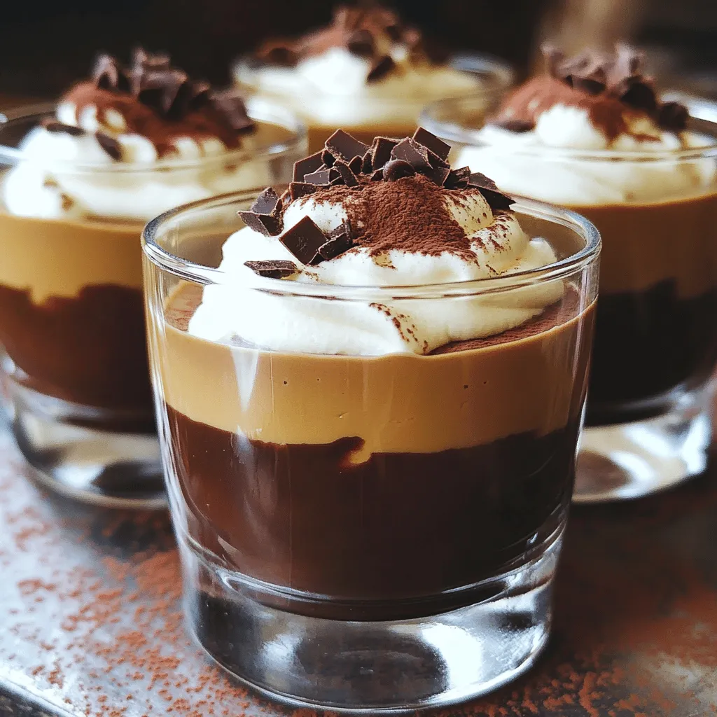 To make the velvety coffee mousse, gather these items: - 1 cup strong brewed coffee, cooled - 4 ounces semi-sweet chocolate, chopped - 3 tablespoons granulated sugar - 1 teaspoon vanilla extract - 1 ½ cups heavy whipping cream - 3 large egg whites - Pinch of salt - Cocoa powder or chocolate shavings for garnish You can swap some ingredients if needed: - Use dark chocolate for a richer taste. - If you are dairy-free, try coconut cream instead of heavy cream. - For a vegan option, replace eggs with aquafaba (chickpea water). - If you have a nut allergy, ensure your chocolate is nut-free. Quality makes a big difference in taste: - Choose freshly brewed coffee for a bold flavor. - Use high-quality chocolate for a smooth texture. - Look for heavy cream with a high fat content for the best results. - Ensure your eggs are fresh for the lightest mousse. In this velvety coffee mousse recipe, the right ingredients shine through. For more details, check the full recipe. To make Velvety Coffee Mousse, follow these steps closely. First, brew 1 cup of strong coffee and let it cool. This coffee adds great flavor. Next, melt 4 ounces of semi-sweet chocolate in a small pan over low heat. Stir it until smooth. Remove it from heat. Mix in the cooled coffee, 3 tablespoons of sugar, and 1 teaspoon of vanilla extract. Set this chocolate mixture aside to cool a bit. Now, take a large mixing bowl. Whip 1 ½ cups of heavy cream with an electric mixer until soft peaks form. Be careful not to overwhip; we want it light. In another bowl, beat 3 egg whites with a pinch of salt until soft peaks form. Gradually add the sugar while beating. Keep going until you see stiff peaks. Gently fold the chocolate-coffee mixture into the whipped cream. Do this until blended well. Next, fold in the egg whites in three parts. This keeps your mousse airy and fluffy. Finally, spoon the mousse into cups or bowls. Cover and refrigerate it for at least 2 hours to set. The total time for this recipe is about 2 hours and 15 minutes. The prep time is just 15 minutes! Timing is key when whipping cream and egg whites. Always whip the cream until soft peaks form, and watch the egg whites closely. Soft peaks mean it's ready for the next step. Stiff peaks in the egg whites ensure the mousse will be light. Also, folding is crucial. Use a spatula and gently combine the mixtures. You don't want to lose that air you just whipped in. This keeps your mousse light and fluffy. When your mousse is ready, it’s time to make it look great. Spoon the mousse into clear cups or bowls. This helps show off its rich, creamy layers. Before serving, dust the top with cocoa powder or add chocolate shavings. These small touches make it more appealing. You can also add fresh berries or mint leaves for color. Enjoy your beautiful, velvety coffee mousse! To get that perfect smooth and creamy texture, start with cooled coffee. Hot coffee can melt your chocolate too fast. When melting chocolate, use low heat. Stir it often to keep it from burning. After mixing the chocolate and coffee, let it cool down. This prevents the whipped cream from melting. When you whip the cream, stop just as soft peaks form. If you whip too long, it can turn grainy. One common mistake is overwhipping the cream. This makes it hard and less smooth. Another mistake is rushing the folding process. Always fold gently to keep air in your mousse. If you mix too hard, it will lose that light texture. Lastly, don’t skip chilling the mousse. If you serve it too soon, it won't hold its shape. For this mousse, use a good electric mixer. It helps whip the cream and egg whites quickly. A heatproof bowl is key for melting chocolate. Choose a bowl that sits well over a saucepan. Use a spatula for folding the mixtures together. This tool helps keep the mousse light. Lastly, get some nice serving cups or bowls for a pretty presentation. You’ll want your mousse to shine when it’s served. For the full recipe, check out the Velvety Coffee Mousse section above. {{image_2}} You can easily change the taste of your velvety coffee mousse. Try adding spices like cinnamon or nutmeg. A pinch of these spices can add warmth and depth. You can also swap semi-sweet chocolate for dark or white chocolate. Each type brings a new twist to the dessert. If you love coffee, consider adding espresso powder for a stronger flavor. This small change can make your mousse even more delightful. If you want a vegan version of this mousse, use coconut cream instead of heavy cream. It whips up nicely and adds a light coconut flavor. For sweetness, use maple syrup or agave nectar instead of granulated sugar. Egg whites can be replaced with aquafaba, the liquid from canned chickpeas. This makes your mousse light and airy without any eggs. You can also make a sugar-free version using a sugar substitute like stevia or erythritol. Serving ideas for your mousse can be fun and creative. You can layer the mousse with whipped cream and crushed cookies in a glass. This makes a beautiful dessert for any gathering. Consider serving it with fresh berries like raspberries or strawberries. Their tartness balances the sweetness of the mousse. For a fancy touch, use a chocolate cup to hold the mousse. This adds a delightful crunch with every bite. For the full recipe, check out the complete details I provided earlier. To keep your Velvety Coffee Mousse fresh, store it in an airtight container. This helps keep out air and moisture. You can also cover individual servings with plastic wrap. Make sure it touches the mousse to prevent drying. When stored properly, your mousse will last about 3 to 4 days in the fridge. After that, the texture may change. It might not taste as good. Always check for any signs of spoilage before enjoying leftovers. You can freeze Velvety Coffee Mousse for up to a month. Use a freezer-safe container and leave some space at the top. The mousse may change in texture but will still taste great. To serve, thaw it overnight in the fridge. Enjoy the deliciousness again! For the full recipe, check out the section above. Mousse is light and airy. It uses whipped cream and egg whites. Pudding is thick and creamy. It uses cornstarch or eggs for a smooth texture. Mousse feels fancy, while pudding is comforting and simple. Both are delicious but serve different moods. Yes, you can use instant coffee. Just mix it with hot water to dissolve it. Use a strong blend for a bold flavor. Instant coffee may not have the same depth as brewed coffee. However, it can still give you a tasty mousse. The mousse is set when it feels firm to the touch. It should hold its shape when you scoop it out. If it wobbles too much, give it more time in the fridge. The cold helps it firm up nicely. You can serve velvety coffee mousse with many treats. Fresh whipped cream is a classic choice. Chocolate shavings add a nice touch. You can also pair it with biscotti or cookies. A scoop of vanilla ice cream makes it extra special. For a fun twist, add a sprinkle of sea salt on top! This article covered key points for making velvety coffee mousse. We discussed the best ingredients and how to ensure quality. I shared step-by-step instructions and tips for a perfect texture. We explored tasty variations and smart storage practices. Finally, I answered common questions to help you succeed. Enjoy creating your mousse, and remember, practice makes perfect. You can impress friends and family with your skills. So, dive in and have some fun in the kitchen!