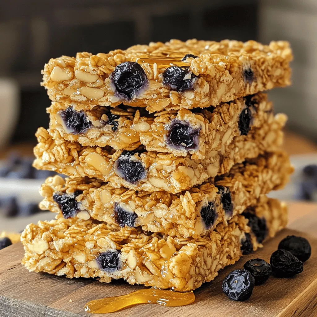 - 2 cups rolled oats - 1 cup unsalted almond butter - 1/2 cup honey or maple syrup - 1 teaspoon pure vanilla extract - 1 cup dried blueberries - 1/2 cup chopped almonds or walnuts - 1/4 teaspoon sea salt - 1/4 teaspoon cinnamon - Optional: 1/4 cup mini dark chocolate chips Each serving of these blueberry vanilla granola bars contains about 200 calories. You get around 9 grams of fat, 25 grams of carbs, and 5 grams of protein. This makes it a filling snack that keeps you going. These ingredients offer great health benefits. - Oats: They are high in fiber. This helps with digestion and keeps you full. - Blueberries: They have antioxidants. These can help fight free radicals and support heart health. - Nuts: Almonds and walnuts provide healthy fats and protein. They are good for your brain and heart health. Using these ingredients makes the granola bars not just tasty but also a smart snack choice. Try this Full Recipe to enjoy a healthy treat! 1. Preheat the oven and prepare the baking pan: Start by preheating your oven to 350°F (175°C). While it heats, grab an 8x8 inch baking pan. Line it with parchment paper. Leave some paper hanging over the edges. This will help you lift the granola bars out later. 2. Mixing the dry and wet ingredients separately: In a large bowl, combine the rolled oats, dried blueberries, and chopped nuts. Add the sea salt and cinnamon. Stir this mix well. In another bowl, whisk together the almond butter, honey (or maple syrup), and vanilla extract. Make sure it is smooth and creamy. 3. Transferring the mixture to the baking pan: Pour the wet mix over your dry ingredients. Stir until everything is well coated. The oats and nuts should look glossy. Now, transfer the mixture to your prepared pan. Press it down firmly with a spatula. This helps the bars hold together. 4. Baking time and tips for checking readiness: Place the pan in the oven. Bake for 20 to 25 minutes. Keep an eye on it. You want the edges to turn golden brown. This shows they are ready. 5. Cooling process post-baking: After baking, take the pan out of the oven. Let it cool in the pan for about 10 minutes. This step helps the bars firm up. Then, use the parchment paper overhang to lift the bars out. Place them on a wire rack to cool completely. 6. How to cut the bars into desired shapes: Once the bars are cool, it’s time to cut them. Use a sharp knife to slice them into squares or rectangles. Choose your favorite size. This makes them easy to grab as a snack. For the complete recipe, refer to the [Full Recipe]. Enjoy your delicious, homemade blueberry vanilla granola bars! To make the best granola bars, packing the mix tightly is key. When you press down the mixture, use a spatula. This ensures your bars hold together well. If you skip this step, your bars may crumble easily. To avoid crumbly bars, make sure you use enough sticky ingredients. Almond butter and honey help bind the oats and nuts together. Storing your granola bars correctly keeps them fresh. I find the best way is to use an airtight container. This helps prevent them from drying out. You can also wrap them in parchment paper for easy grab-and-go snacks. Refrigeration can extend their life, but it may change the texture. Room temperature keeps the bars soft and chewy. Want to boost the flavor? Try adding spices like nutmeg or ginger. You can also mix in different nuts or seeds for crunch. Dried fruit like cranberries or apricots adds a new twist. If you love chocolate, mini dark chocolate chips are a great option. For a savory touch, add a pinch of sea salt on top before baking. Remember, have fun with it! {{image_2}} You can change the taste of these granola bars easily. Try using dried cranberries or apricots instead of blueberries. Each fruit adds its own flavor. You can also explore nut butter alternatives. If you have a nut allergy, use sunflower seed butter. This choice keeps the bars tasty and safe to eat. Want to make it vegan? Swap honey for maple syrup. This keeps the sweetness and makes it plant-based. If you need gluten-free options, choose certified gluten-free oats. This way, everyone can enjoy the bars without worry. These bars work well with yogurt or fresh fruit. Try them as breakfast or a snack. They are easy to pack for lunch or a hike. You can also crumble them over ice cream for a sweet treat. Enjoy exploring these ideas! Homemade granola bars stay fresh for about one week when stored in an airtight container. Keep them in a cool, dry place. For longer storage, wrap the bars tightly in plastic wrap. This method helps prevent them from drying out. If you like, you can also refrigerate them, which can extend the life by a few days. Yes, you can freeze these granola bars! Wrap each one tightly in plastic wrap. Then, place the wrapped bars in a freezer-safe bag. They can last up to three months in the freezer. To enjoy, just take one out and let it thaw at room temperature for about 30 minutes. If you have nut allergies or don't like almond butter, try peanut butter or sunflower seed butter. Both options work well and add a nice flavor. You can also use soy nut butter for a nut-free choice. Each substitute will change the taste slightly, but the bars will still be delicious. This recipe features simple, healthy ingredients. You will need: - 2 cups rolled oats - 1 cup unsalted almond butter - 1/2 cup honey or maple syrup - 1 teaspoon pure vanilla extract - 1 cup dried blueberries - 1/2 cup chopped almonds or walnuts - 1/4 teaspoon sea salt - 1/4 teaspoon cinnamon - Optional: 1/4 cup mini dark chocolate chips First, preheat your oven to 350°F (175°C). Line an 8x8 inch baking pan with parchment paper. In a bowl, mix the oats, nuts, blueberries, salt, and cinnamon. In another bowl, whisk the almond butter, honey or syrup, and vanilla. Combine both mixtures and press them into the pan. Bake for about 20-25 minutes. Let it cool before cutting. This process makes it easy and fun! These granola bars are great on their own. You can also enjoy them with yogurt or fruit. Try serving with a drizzle of honey or maple syrup for extra sweetness. They make a perfect snack for kids or an energy boost before a workout. You can pack them in lunchboxes for a healthy treat. Feel free to get creative! You can swap dried blueberries for cranberries or apricots. If you love chocolate, add mini dark chocolate chips. For a nut-free version, use sunflower seed butter instead of almond butter. Customize these bars to suit your taste! For the complete recipe, check out the full recipe section above. These blueberry granola bars are a simple and healthy treat to make. We covered the key ingredients, preparation steps, and tips to ensure your bars turn out great. Remember, you can easily customize them to fit your taste. Whether you’re enjoying them as a snack or breakfast, these bars offer nutrition and flavor. Make them your own by adding different fruits or nut butters. Enjoy the fun of baking and sharing these delicious bars. Your homemade snacks will impress everyone!