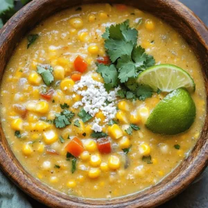 Here is what you need to make Mexican Street Corn Soup: - 4 ears of fresh corn, husked - 1 tablespoon olive oil - 1 medium onion, chopped - 2 cloves of garlic, minced - 1 bell pepper (red or yellow), diced - 4 cups vegetable broth - 1 cup heavy cream or coconut milk - 1 teaspoon chili powder - 1 teaspoon cumin - Salt and pepper to taste - 1/2 cup cotija cheese, crumbled (or feta as a substitute) - 1/4 cup fresh cilantro, chopped - 1 lime, juiced - Optional toppings: diced avocado, additional cilantro, or hot sauce If you don't have all the ingredients, you can easily swap some out. Here are a few ideas: - Fresh corn can be replaced with frozen corn. Just thaw it first. - Olive oil can be switched for any vegetable oil you have on hand. - Heavy cream works well, but you can use coconut milk for a lighter option. - Cotija cheese adds a nice flavor, but feta cheese is a great alternative. - If you want a dairy-free version, skip the cream and cheese altogether. Toppings can make your soup extra special. Here are some fun additions: - Diced avocado adds creaminess. - More fresh cilantro brightens the dish. - A dash of hot sauce gives it a spicy kick. - You can also sprinkle more cotija cheese or add tortilla strips for crunch. These ingredients and options help create a delicious and fun Mexican Street Corn Soup. Check the Full Recipe for full instructions and enjoy! To start, you want to cut the kernels off the corn cobs. Use a sharp knife to slice down the sides of each cob. Be careful, as this can be tricky. Aim to get all the kernels without missing any. Once done, set the kernels aside. This fresh corn adds a sweet, crisp flavor to your soup. Next, heat a large pot over medium heat. Add one tablespoon of olive oil. Once the oil is hot, toss in the chopped onion and diced bell pepper. Cook these for about five minutes, stirring often. You want them to soften and become fragrant. After this, add two minced garlic cloves, one teaspoon of chili powder, and one teaspoon of cumin. Stir for a minute until you can smell the spices. This step builds a strong base for your soup. Now, it’s time to combine everything. Add the corn kernels and four cups of vegetable broth to the pot. Bring this mix to a boil, then reduce the heat. Let it simmer for 10 to 15 minutes. This allows the flavors to meld beautifully. Once done, use an immersion blender to blend the soup to your desired texture. If you like it chunky, blend only half. Then, stir in one cup of heavy cream or coconut milk. Let it simmer for another five minutes. Season with salt and pepper to taste. Finally, remove the pot from heat and add the juice of one lime and half a cup of crumbled cotija cheese. Mix it well, and your soup is ready! For the complete recipe, check out the Full Recipe section. To boost flavor, add a pinch of smoked paprika. This adds a nice depth. Try roasting the corn before adding it. This brings out its sweet taste. A squeeze of lime brightens the soup. Don’t skip the fresh cilantro; it adds a fresh kick. Always use fresh corn for the best taste. When cutting kernels, hold the cob upright. Cut down the sides with a sharp knife. This keeps the kernels intact. Make sure to sauté the corn and veggies until soft. This helps meld the flavors together. Serve the soup in rustic bowls for a cozy feel. Sprinkle cotija cheese on top for a creamy touch. Add a lime wedge on the side for a pop of color. Garnish with fresh cilantro for a vibrant look. For extra flair, consider adding diced avocado or a drizzle of hot sauce. For the full recipe, check the earlier section. {{image_2}} To make a vegan version of Mexican street corn soup, swap out the heavy cream. Use coconut milk for a creamy texture. This change keeps the soup rich and delicious. You can also replace cotija cheese with a vegan cheese or simply skip it. The flavors will still shine through with the fresh corn, spices, and lime juice. This option is perfect for plant-based eaters. If you love heat, try adding jalapeños or serrano peppers. Sauté them along with the onion and bell pepper. You can also increase the chili powder for more spice. Adding a splash of hot sauce before serving gives the soup an extra kick. The heat balances well with the sweetness of the corn. It creates a warm and vibrant dish that excites the taste buds. To make the soup heartier, consider adding black beans or cooked quinoa. Both options add protein and fiber. You can stir them in after blending the soup. Another choice is to add diced potatoes for extra bulk. If you want a touch of smokiness, toss in some smoked paprika. Each of these add-ins makes the soup more filling and satisfying. For the complete recipe and detailed steps, check out the Full Recipe. After enjoying your delicious Mexican Street Corn Soup, let it cool down. Pour the soup into an airtight container. Make sure to seal it well. Store it in the fridge. It will stay fresh for about 3 to 4 days. If you want to keep it longer, freezing is the best option. To freeze your soup, use freezer-safe containers or bags. Divide the soup into portions. Leave some space at the top of the container. This space allows the soup to expand when it freezes. It’s best to freeze it within 2 hours of cooking. You can keep it frozen for up to 3 months. Just label the container with the date so you know when you made it! When you’re ready to eat your soup, take it out of the fridge or freezer. If frozen, place it in the fridge overnight to thaw. You can reheat it on the stove over medium heat. Stir it often so it heats evenly. If it's too thick, add a little water or broth to thin it out. You can also use the microwave for quick reheating. Just cover the bowl and heat in short bursts, stirring in between. Enjoy your warm soup like it was just made! Mexican Street Corn Soup is a creamy and flavorful dish inspired by elote, a popular Mexican street food. It combines sweet corn, spices, and creamy elements for a rich taste. You will find fresh corn, onion, garlic, and spices like chili powder and cumin in the mix. This soup is warm, comforting, and perfect for any occasion. Yes, you can use frozen corn! It’s a great option if fresh corn is not available. Frozen corn is picked at its peak ripeness, so it still has great flavor. Simply measure out the same amount as fresh corn for this recipe. Cook it in the same way and enjoy the same great taste. Making this recipe gluten-free is simple. All the ingredients in the Mexican Street Corn Soup are gluten-free. Just ensure your vegetable broth is gluten-free. Many brands offer gluten-free broth. With this minor check, you can enjoy a delicious bowl without worry. For the full recipe, you can refer to the details above. This blog post gave you a clear path to making Mexican Street Corn Soup. We covered the key ingredients, helpful substitutions, and tasty toppings. You learned how to prepare and cook the soup, plus tips to boost its flavor. We also explored vegan and spicy variations. Finally, we shared useful storage and reheating tips. Remember, making soup is about having fun and experimenting. Enjoy your cooking journey!