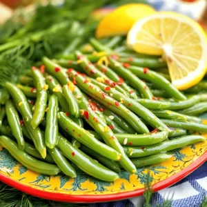 - Fresh green beans: Look for bright green, firm beans. Trim the ends to prep them well. - Aromatics: Garlic brings a warm flavor. Minced garlic cooks quickly and adds depth. Dill gives a fresh, herbal note to the dish. - Spice level: Red pepper flakes give heat. Adjust the amount based on your spice preference. Start with a teaspoon and add more if you like it spicier. - Extra spices or herbs: Consider adding a pinch of cumin or smoked paprika for an extra layer of flavor. Fresh herbs like parsley or cilantro can also brighten up the dish. - Variations using different types of vinegar: You can swap apple cider vinegar for white wine vinegar or rice vinegar. Each one will change the taste slightly. - Sweetness balance: If you want, use honey or maple syrup instead of sugar. This adds a natural sweetness and balances the heat and acidity. Start by blanching the green beans. This step is key. Blanching helps keep the beans bright and crisp. To do this, bring a pot of salted water to a boil. Add the trimmed green beans and cook for 3-4 minutes. You want them tender but still firm. After blanching, drain the beans. Now, create an ice bath. Fill a bowl with ice water. Transfer the hot beans into the ice bath. This stops the cooking and locks in the bright green color. Next, we sauté the garlic. Heat olive oil in a large skillet over medium heat. Add the minced garlic and cook for about 1 minute. Stir it often to avoid burning. You want the garlic to be fragrant, not brown. Now, add the blanched green beans to the skillet. Sauté them for 2-3 minutes. Make sure the beans are well-coated in the garlic oil. This step helps them absorb that delicious flavor. Then, it's time to combine the flavors. Sprinkle in dill weed, red pepper flakes, salt, pepper, and sugar. Toss everything to mix well. Cook for another 2 minutes. This allows the spices to blend with the beans. Now, adjust the seasoning. Taste the beans and tweak the flavors. You can add more salt, pepper, or red pepper flakes for extra heat if you like. For presentation, serve the spicy dilly garlic beans on a vibrant platter. Garnish with fresh dill and lemon slices. This adds a nice touch and makes the dish pop. For the full recipe, check out the detailed instructions. Enjoy your cooking! - Overcooking green beans: If you cook green beans too long, they lose their crunch. They may turn mushy and dull in color. Aim for a bright green hue. Blanching helps keep them firm and vibrant. - Incorrect seasoning: Balance is key when seasoning. Too much salt can overpower the dish. Taste as you go to ensure every flavor shines. A little sugar can balance the heat from the red pepper flakes. - Recommendations for marinating: Marinating your green beans adds depth. Try soaking them in a mix of olive oil, vinegar, and garlic for a few hours. This brings out the flavors and makes them more tasty. - Using fresh vs. dried herbs: Fresh herbs give a bright flavor. They can elevate your dish with vibrant notes. Dried herbs are more concentrated and easy to store. Use fresh dill if you can, but dried dill works well too, especially if you are in a pinch. {{image_2}} You can change the heat of spicy dilly garlic beans. For mild beans, use less red pepper flakes. For medium, stick to the original amount. If you like it hot, add more flakes. You can also try other spices. Consider adding smoked paprika for a smoky twist or cayenne for extra heat. You can take this dish global too. For a Mexican touch, use cilantro instead of dill. If you want an Asian flavor, add sesame oil and ginger. These changes kick up taste and keep things fun! Spicy dilly garlic beans pair well with meats like grilled chicken or steak. They add a nice crunch and flavor. You can also serve them with fish for a lighter meal. Want a fresh side dish? Toss the beans with cherry tomatoes and feta for a salad. This makes a colorful plate that tastes great. You can even use the beans in wraps or sandwiches for a crunchy bite. The options are endless! To keep your spicy dilly garlic beans fresh, store them in the fridge. Use an airtight container to prevent moisture loss. They will last for about 3 to 5 days. Before serving, check for any off smells or discoloration. If they look good, just give them a quick reheat in a skillet or microwave. You can freeze spicy dilly garlic beans for later use. First, let them cool completely after cooking. Then, spread them out on a baking sheet in a single layer. Freeze them for about 1 to 2 hours. Once frozen, transfer them to freezer bags. Remove as much air as possible to prevent freezer burn. When you want to use thawed beans, take them out of the freezer and place them in the fridge overnight. You can add them to stir-fries, salads, or serve them as a side dish. Thawed beans can also be reheated in a skillet with a splash of olive oil. They will still taste great in your meals! Green beans are low in calories and high in vitamins. They contain Vitamin C, which helps your immune system. They also have Vitamin K, good for bone health. Additionally, green beans provide fiber, which aids digestion. A cup of cooked green beans has about 44 calories and 4 grams of fiber. This makes them a great choice for a healthy diet. Yes, you can easily make this recipe vegan. Instead of using olive oil, try avocado oil for a great taste. You can also swap apple cider vinegar for any vinegar you like, such as rice vinegar. If you want, you can add some nutritional yeast for a cheesy flavor. This will keep your dish tasty while keeping it plant-based. To make this recipe for meal prep, simply double the ingredients. You can store the beans in airtight containers. They will stay fresh in the fridge for about 4 to 5 days. When you reheat them, add a splash of lemon juice to brighten the flavor. This way, you can enjoy this dish all week long. You can find the full recipe for Spicy Dilly Garlic Beans [here](#). The recipe has all the details you need, from ingredients to step-by-step instructions. Spicy Dilly Garlic Beans offer fresh flavors with simple steps. We covered essential ingredients and how to enhance them. Your green beans need proper prep for the best results. I shared tips to avoid common mistakes and ways to adjust spice levels for every taste. Use your creativity with different herbs or serving suggestions. You can store them long-term or enjoy them fresh. Dive into this tasty recipe and make it your own. Happy cooking!