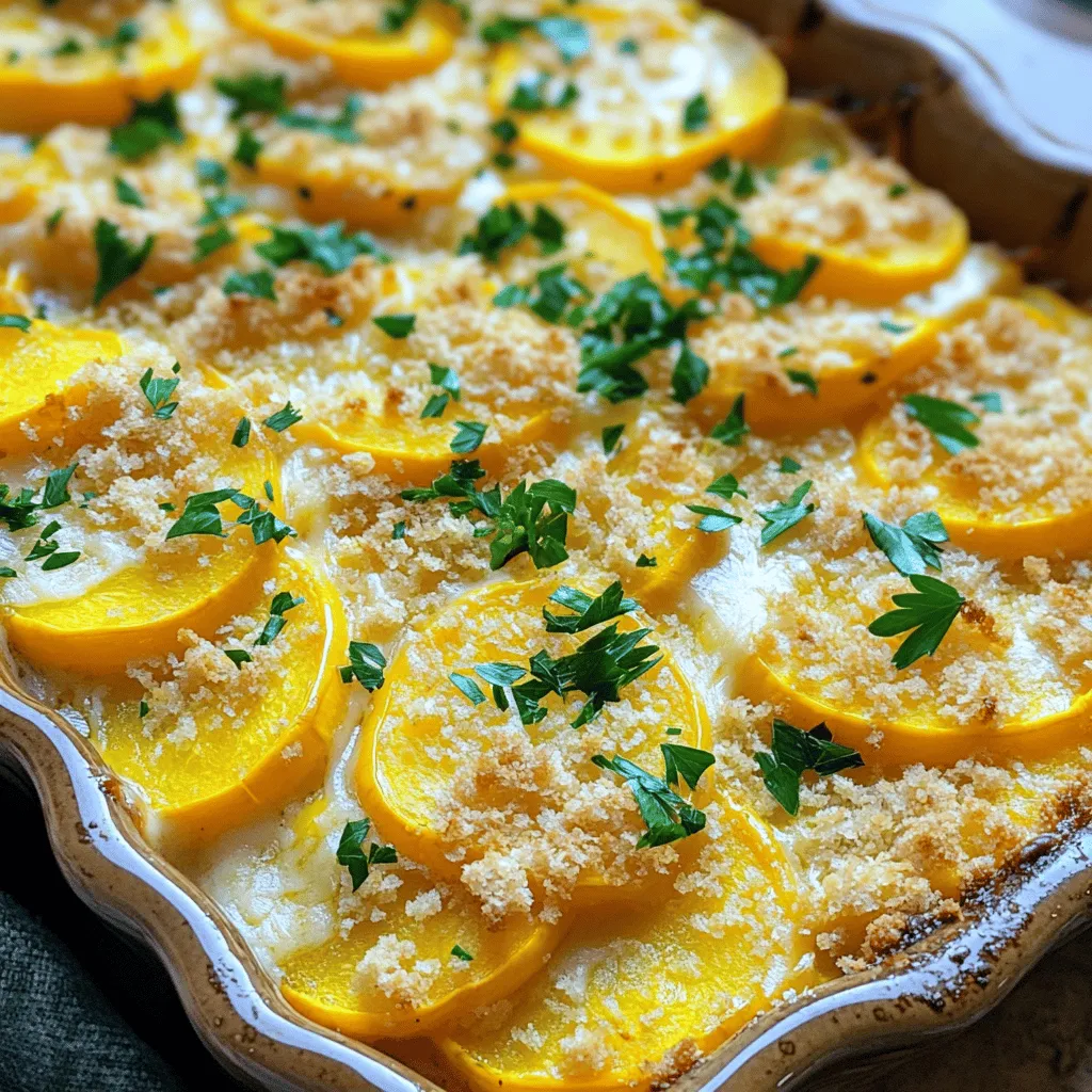 To make a tasty yellow squash casserole, you need simple ingredients. Here’s what you'll need: - 4 medium yellow squash, sliced - 1 medium onion, chopped - 2 cloves garlic, minced - 1 cup shredded cheddar cheese - 1 cup breadcrumbs - 1/2 cup sour cream - 2 tablespoons olive oil - 1 teaspoon dried thyme - 1/2 teaspoon salt - 1/4 teaspoon black pepper - 1/4 teaspoon cayenne pepper (optional for a kick) - Fresh parsley for garnish These items create a great base for your dish. The squash gives it a soft texture. The cheese adds creaminess, while the breadcrumbs give a nice crunch. You can easily customize your casserole. Here are some fun add-ins to consider: - Cooked bacon or sausage for a savory touch - Chopped bell peppers for a sweet crunch - Fresh herbs like basil or dill for added flavor - Corn for a touch of sweetness and color Feel free to mix and match these add-ins. They make the dish your own! Seasoning makes all the difference in a casserole. Here are my favorites: - Dried oregano adds a nice earthiness. - A pinch of red pepper flakes for some heat. - A little garlic powder for added depth. These seasonings enhance the taste of yellow squash. They help balance the flavors and create a delicious dish. For the full recipe, visit the section above. Happy cooking! First, gather all your ingredients. You will need four medium yellow squash, one medium onion, and two cloves of garlic. Slice the squash and chop the onion. Mince the garlic. This makes it easy to cook later. Use a large skillet for sautéing. Now, heat two tablespoons of olive oil in the skillet over medium heat. Add the chopped onion and sauté for about three to four minutes. Wait until the onion turns soft and clear. Next, add minced garlic and stir for one minute. This helps bring out the flavors. Then, add your sliced squash, one teaspoon of dried thyme, half a teaspoon of salt, and a pinch of black pepper. If you like spice, add a quarter teaspoon of cayenne pepper. Cook this mixture for five to seven minutes. The squash should become slightly tender but not mushy. In a mixing bowl, combine the sautéed squash mixture with half a cup of sour cream and half of the shredded cheddar cheese. Stir well to coat everything. Next, pour this mixture into your greased 9x13 inch casserole dish. Spread it evenly. Top with the remaining cheddar cheese. Then sprinkle a cup of breadcrumbs over the cheese. This adds a nice crunch. Bake your casserole in the preheated oven at 350°F for 25 to 30 minutes. Look for a golden top that is bubbly. Once finished, let it cool for a few minutes. Garnish with fresh parsley before serving. For the full recipe, check out the details above. Enjoy your dish! To get the best texture in your yellow squash casserole, start with fresh squash. Slice the squash evenly, about half an inch thick. This helps them cook at the same rate. Sauté the squash just until it softens slightly. Overcooking leads to mushy squash, which we want to avoid. Adding breadcrumbs on top gives a nice crunch. This contrast makes the dish more enjoyable. For more flavor, try adding fresh herbs like basil or oregano. You can also mix in cooked bacon for a smoky touch. If you like heat, add a pinch of cayenne pepper. Don’t forget to taste as you cook. Adjust the salt and pepper to your liking. This way, you'll create a dish that suits your palate perfectly. Avoid using too much liquid. If the squash releases water, it can make the casserole soggy. Also, skip pre-shredded cheese; it often has anti-caking agents that can affect melting. Finally, don’t rush the baking time. Let it brown nicely in the oven for the best flavor. Follow these tips to ensure your casserole turns out delicious every time. For the complete recipe, check the Full Recipe. {{image_2}} You can easily change the recipe to fit your taste. To keep it vegetarian, you can add more veggies. Try bell peppers, zucchini, or spinach. These add color and flavor. If you prefer meat, ground turkey or sausage works great. Cook the meat first and mix it in with the squash. This adds a hearty touch. If you need a dairy-free option, I have you covered. Swap the sour cream for a dairy-free yogurt or cashew cream. Use non-dairy cheese for a cheesy taste without the dairy. Coconut milk can also work well. Just adjust the amount to keep the right texture. You won't miss the dairy at all. Using seasonal ingredients can make your dish even better. In summer, try using fresh tomatoes or basil. In fall, add roasted pumpkin or butternut squash for a warm flavor. Fresh herbs like thyme or rosemary can also change the taste. These swaps keep your casserole exciting and fresh throughout the year. For the full recipe, you can check the [Full Recipe]. After enjoying your yellow squash casserole, let it cool down. Place any leftovers in an airtight container. Store them in the fridge. This keeps them fresh for up to three days. Make sure to seal the container well to avoid moisture loss. To reheat your casserole, preheat your oven to 350°F (175°C). Place your casserole in an oven-safe dish. Cover it with foil to keep it moist. Heat for about 20 minutes. You can also use a microwave. Just heat it in short bursts. Stir between each burst to warm it evenly. If you want to freeze the casserole, let it cool completely first. Use a freezer-safe container or wrap it tightly in plastic wrap. You can freeze it for up to three months. When you’re ready to eat, thaw it in the fridge overnight. Reheat it in the oven for the best texture. Using these storage tips, you can enjoy your cheesy yellow squash casserole anytime! For more details, check the Full Recipe. Yes, you can use other squash types. Zucchini works well and gives a nice flavor. Butternut squash adds sweetness too. Just slice them thin, so they cook evenly. Mixing different squash can add color and taste to your dish. The casserole lasts about three to five days in the fridge. Make sure to cover it well. This keeps it fresh and prevents it from drying out. When you're ready to eat, just reheat it in the oven or microwave. You can serve this casserole with many dishes. A simple green salad pairs nicely. Grilled chicken or fish adds protein and rounds out the meal. You could also serve it with crusty bread for a comforting touch. To make it gluten-free, swap regular breadcrumbs for gluten-free ones. You can also use crushed gluten-free crackers or oats. These options keep the texture while making it safe for those with gluten sensitivities. Yes, you can prepare the casserole the night before. Just follow the steps and cover it tightly. Store it in the fridge overnight. When you're ready, bake it the next day. It will save you time and let the flavors blend. For the full recipe, check out the details above. Yellow squash casserole is a simple, tasty dish. I covered key ingredients, optional add-ins, and seasonings. You learned how to prep, cook, and assemble the casserole step by step. I shared tips for the best texture and flavor. Variations let you customize for different diets or seasons. I also explained how to store leftovers and answered common questions. In the end, yellow squash casserole is flexible and easy to make. Enjoy experimenting with your own twist on this classic dish!