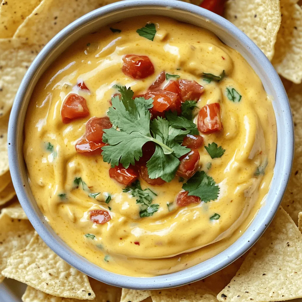 To make the bold and creamy Hatch Chile Queso, you will need a few key ingredients. Here's the list: - 2 cups shredded sharp cheddar cheese - 1 cup cream cheese, softened - 1 cup heavy cream - 1 cup roasted hatch chiles, chopped - 1/2 cup diced tomatoes - 1/4 cup onion, finely chopped - 2 cloves garlic, minced - 1 teaspoon ground cumin - 1/2 teaspoon smoked paprika - Salt and pepper to taste - Fresh cilantro for garnish - Tortilla chips for serving Each ingredient plays a big role in the final taste. The sharp cheddar adds a rich flavor, while the cream cheese makes it super creamy. The roasted hatch chiles give it a unique kick that you will love. If you want to learn more about how these flavors blend, check out the Full Recipe. It will guide you through the magic of making this dip! - Start by heating a medium saucepan over medium heat. - Add 1/4 cup of finely chopped onion and 2 cloves of minced garlic. Sauté for about 3-4 minutes until the onions turn soft and smell great. - Next, add 1/2 cup of diced tomatoes and 1 cup of chopped hatch chiles to the pan. Stir everything well and cook for another 2-3 minutes. - Now, reduce the heat to low and mix in 1 cup of softened cream cheese. Stir until it melts and blends into the mix. - Gradually pour in 1 cup of heavy cream while stirring constantly. Keep mixing until the sauce is smooth and creamy. - Add in 2 cups of shredded sharp cheddar cheese. Also, mix in 1 teaspoon of ground cumin and 1/2 teaspoon of smoked paprika. - Season the mixture with salt and pepper to taste. Keep stirring until the cheese fully melts and the queso is creamy. - Once done, remove it from heat and let it cool a bit before serving. You can find the full recipe with more details on preparation and serving. Enjoy your delicious Hatch Chile Queso! To avoid clumps in your queso, stir the cheese slowly and gently. This helps it melt evenly. Always keep the heat low when adding cheese. High heat can cause clumping. Also, make sure your cream cheese is soft. It blends better when it’s at room temperature. To maintain creaminess, add the heavy cream slowly. Mix it in bit by bit. This helps the cheese melt smoothly without getting gritty. If your queso seems too thick, add a splash more cream until it’s just right. For the best accompaniments, serve your queso with crispy tortilla chips. They add a nice crunch. You can also pair it with fresh veggies like carrots and celery. Sliced jalapeños can kick it up a notch if you like heat. Presentation is key! Serve the queso in a warm bowl. Surround it with tortilla chips for a colorful display. You can sprinkle extra cheese or chopped cilantro on top. This adds a nice touch and makes it look even more inviting. Enjoy your creamy Hatch Chile Queso! {{image_2}} You can switch up the cheese in this recipe. Try Monterey Jack for a milder flavor. If you want a bolder taste, use pepper jack cheese. You can even mix cheeses for a unique twist. For veggies, feel free to add bell peppers or corn. These choices bring more color and flavor. For a heartier dip, include black beans or cooked chorizo. They add texture and taste. To make your queso a bit spicier, add sliced jalapeños. You can mix them in or use them as a topping. Fresh jalapeños give a nice crunch and heat. Adjust the spice level by adding more or less hatch chiles. If you want it milder, remove the seeds. If you like it hot, keep the seeds in. This way, you control the heat just how you like it! To keep your Hatch Chile Queso fresh, store it properly. First, let it cool completely. Then, transfer it to an airtight container. Place it in the fridge for up to five days. If you want to keep it longer, freeze it. Just pour the cooled queso into a freezer-safe container. Leave some space at the top for expansion. You can freeze it for up to three months. When it's time to enjoy your queso again, reheating is key. To restore creaminess, add a splash of milk or cream. This helps it regain its smooth texture. Use low heat on the stove or microwave. Stir it often to prevent burning. For the stove, heat in a saucepan on low. Stir until it's warm. If using a microwave, heat in short bursts, stirring in between. This keeps it creamy and delicious. Hatch chiles are a special type of green chile. They come from Hatch, New Mexico. They have a unique flavor that is both sweet and spicy. You can taste roasted notes, too. You can find Hatch chiles in many grocery stores, especially in late summer. Look for them in the produce section. If you can't find fresh ones, canned Hatch chiles work well, too. Yes, you can make queso ahead of time. Just prepare the queso and let it cool. Store it in an airtight container in the fridge. It stays good for about three days. When you want to eat it, just reheat it on the stove. Stir it often so it doesn’t stick. To make your queso spicier, add more Hatch chiles. You can also mix in diced jalapeños or hot sauce. Start with a small amount and taste as you go. Be careful not to add too much heat at once. You can always add more if needed. For the complete steps and ingredient list, check out the Full Recipe. You will find all you need to make this tasty dip. This blog post covered making delicious Hatch Chile Queso. We explored key ingredients, from creamy cheeses to flavorful chiles. I shared simple steps for a perfect blend and tips to avoid clumps. You can customize the dish with different cheeses or spices. Remember, storing and reheating properly keeps it creamy and tasty. Enjoy this cheesy dip at your next gathering, knowing you have the skills to impress!