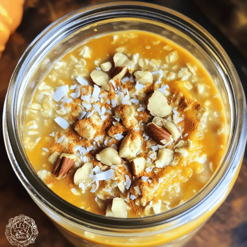 This recipe for pumpkin pie overnight oats is simple and tasty. It takes just 10 minutes to prep. You need to let it chill overnight for the best flavor. This dish serves two people. Here are the must-have items for your pumpkin pie overnight oats: - 1 cup rolled oats - 1 cup almond milk (or any milk of choice) - 1/2 cup pumpkin puree - 1 tablespoon maple syrup (adjust to taste) - 1 teaspoon pumpkin pie spice - 1/2 teaspoon vanilla extract - 1 tablespoon chia seeds - Pinch of salt These ingredients work together to give you a creamy, spiced treat that tastes just like pumpkin pie. You can add some fun toppings to make it your own. Here are a few ideas: - Chopped nuts - Shredded coconut - A dollop of Greek yogurt These extras add texture and flavor. Feel free to mix and match based on what you have at home or what you like best! To make pumpkin pie overnight oats, start by gathering your ingredients. You need: - 1 cup rolled oats - 1 cup almond milk (or any milk of choice) - 1/2 cup pumpkin puree - 1 tablespoon maple syrup (adjust to taste) - 1 teaspoon pumpkin pie spice - 1/2 teaspoon vanilla extract - 1 tablespoon chia seeds - Pinch of salt - Optional toppings: chopped nuts, shredded coconut, or a dollop of Greek yogurt In a mixing bowl, combine the rolled oats, almond milk, pumpkin puree, maple syrup, pumpkin pie spice, vanilla, chia seeds, and salt. Whisk it all together until smooth. This step helps mix all flavors well. Next, divide the mixture into two jars or containers. Seal them tightly and place in the fridge for at least four hours or overnight. This lets the oats soak up the liquid. When you're ready to eat, take the jars out of the fridge. Stir the oats well. If you find them too thick, add a splash of almond milk. You can top your oats with chopped nuts, shredded coconut, or Greek yogurt. These toppings add a nice crunch and creaminess to your meal. Enjoy your tasty treat! To get the best texture, use rolled oats instead of instant oats. Rolled oats absorb the liquid better and provide a nice chew. Also, don't skip the chia seeds. They help thicken the oats and give more healthy nutrients. If you want creamier oats, add a bit more almond milk before serving. For the sweetest flavor, adjust the maple syrup to your taste. This simple tweak can make a big difference. For more details on making this delicious dish, check out the Full Recipe. To make the best pumpkin pie overnight oats, follow these tips. First, always use rolled oats. They soak up the liquid well and give a nice texture. Avoid instant oats, as they can turn mushy. Next, use a good ratio of oats and liquid. For each cup of oats, use one cup of milk. This keeps the oats creamy but not too thick. Also, mix well. Ensure all ingredients blend for the best flavor. Toppings can take your oats to the next level. Try adding chopped nuts for crunch. Walnuts or pecans work well. Shredded coconut adds a sweet touch. If you want extra creaminess, add Greek yogurt on top. A drizzle of maple syrup can also boost the flavor. You can get creative with toppings based on your taste! Overnight oats are perfect for meal prep. You can make several jars at once. Store them in the fridge for up to five days. This way, you always have a healthy breakfast ready. Just grab a jar in the morning. You can also try different flavors in each jar to keep it exciting. For the full recipe, check the section above. Enjoy! {{image_2}} You can use different types of milk for your oats. Almond milk works great, but you can also try: - Cow's milk - Soy milk - Oat milk - Coconut milk Each milk adds its own flavor. If you prefer creaminess, go for full-fat cow's milk or coconut milk. For a lighter option, almond or oat milk is perfect. Feel free to get creative with flavors! Here are some tasty ideas: - Swap maple syrup for honey or agave nectar. - Add a spoonful of peanut butter for a nutty twist. - Mix in some cocoa powder for chocolate pumpkin pie oats. - Try a handful of dried fruit like cranberries or raisins. These swaps can change the taste and make your oats special each time. Pumpkin pie oats are perfect for fall, but you can enjoy them anytime. For spring and summer, try these ideas: - Use fresh fruit like berries instead of pumpkin. - In winter, add spices like nutmeg or ginger for warmth. - For a tropical twist, mix in mashed banana and coconut. These variations keep your overnight oats fresh and fun all year long. Check out the Full Recipe for more ideas! You can store your pumpkin pie overnight oats in glass jars or airtight containers. After mixing, divide the oats into jars. Seal them tightly and place them in the fridge. This keeps the oats fresh and tasty for you. These oats can stay fresh for up to five days in the fridge. They taste best within the first three days. To keep them fresh, avoid adding toppings until you are ready to eat. This helps maintain texture and flavor. You can enjoy your oats cold or warm. If you prefer them warm, take the jar out of the fridge. Remove the lid and heat in the microwave for about 30 seconds. Stir well and check the temperature. Add a splash of almond milk if they seem thick. Top with your choice of nuts or yogurt for a tasty finish. Enjoy! Yes, you can use instant oats. They cook faster and absorb liquid quickly. This choice may change the texture. Instant oats can make your dish creamier but less chewy. If you use instant oats, reduce the soak time. Check after a few hours. Adjust the liquid for desired thickness. To adjust the sweetness, change the amount of maple syrup. Start with one tablespoon. Taste the mixture before it chills. If you want it sweeter, add a little more. You can also use honey or agave syrup. Just remember, a small amount goes a long way! Yes, pumpkin pie overnight oats can be gluten-free. Use certified gluten-free rolled oats. Most oats are naturally gluten-free, but some may be cross-contaminated. Always check the label to be safe. This way, you can enjoy your oats worry-free! Overnight oats are easy to make and taste great. You just need the right ingredients and steps. Remember, you can adjust flavors and storage options. Try different milks and toppings for fun. Meal prep will save you time and keep your meals fresh. By following these tips and tricks, you will enjoy a delicious breakfast daily. Keep experimenting to find your favorite mix. Now, grab your ingredients and start making your perfect bowl of overnight oats!
