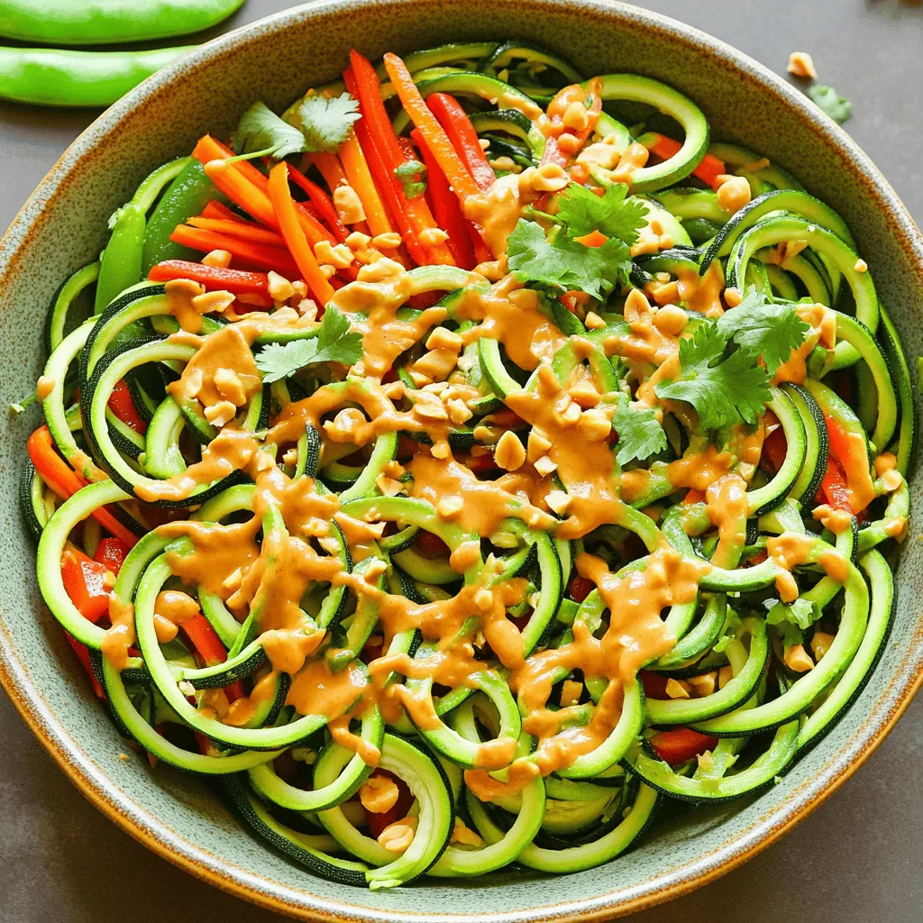 - 4 medium zucchini, spiralized - 1 tablespoon sesame oil - 1 red bell pepper, thinly sliced - 1 carrot, julienned - 1 cup snap peas, trimmed - 3 green onions, sliced - 1/4 cup creamy peanut butter - 2 tablespoons soy sauce (or tamari for gluten-free) - 1 tablespoon lime juice - 1 tablespoon sriracha sauce (adjust to taste) - 1 teaspoon garlic, minced - 1 teaspoon ginger, grated - Fresh cilantro, for garnish - Chopped peanuts, for garnish - Bell peppers of different colors - Other vegetables like broccoli or mushrooms - Chicken, shrimp, or tofu for protein I love using fresh ingredients for my Thai zucchini noodles. Zucchini is a great base because it adds fiber and keeps the dish light. Spiralizing zucchini makes it fun and easy to eat. You can use a simple spiralizer, or even a peeler, to create thin noodles. The sesame oil brings a nice flavor and aroma. I always pick fresh bell peppers and carrots for crunch. Snap peas add sweetness and a pop of color. For a creamy sauce, peanut butter is key. It makes everything rich and satisfying. Soy sauce adds saltiness, while lime juice gives a fresh kick. Sriracha sauce adds heat, so adjust it to your taste. Garlic and ginger enhance the dish's flavor profile, rounding out the taste. Lastly, cilantro and peanuts make great toppings for a nice finish. Feel free to customize your dish with optional add-ins. You can mix in different bell pepper colors for a vibrant look. Other veggies like broccoli or mushrooms also work well. If you want protein, try chicken, shrimp, or tofu. For the full recipe, check out the instructions to create this delightful meal! - Prepare the Zucchini: Use a spiralizer to create zucchini noodles. Place them in a bowl and sprinkle with salt. Let them sit for 15 minutes to remove excess moisture. After that, pat them dry with paper towels. - Heat the Oil: In a large skillet or wok, heat 1 tablespoon of sesame oil over medium heat. - Cook the Vegetables: Add 1 red bell pepper, sliced thin, 1 julienned carrot, and 1 cup of trimmed snap peas to the skillet. Stir-fry for about 3-4 minutes. You want the veggies soft but still crunchy. - Create the Sauce: In a bowl, whisk together 1/4 cup of creamy peanut butter, 2 tablespoons of soy sauce, 1 tablespoon of lime juice, 1 tablespoon of sriracha, 1 teaspoon of minced garlic, and 1 teaspoon of grated ginger. Mix until smooth. - Combine Ingredients: Add the zucchini noodles to the skillet with the stir-fried vegetables. Pour the peanut sauce over everything. Toss gently for 2-3 minutes until the noodles warm up a bit. - Season and Serve: Taste the dish and add salt and pepper if needed. Remove from heat and garnish with 3 sliced green onions, fresh cilantro, and chopped peanuts. For the full recipe, check out the Spicy Thai Zucchini Noodles section. Enjoy your meal! To make perfect zucchini noodles, you need the right tools. A spiralizer works best for creating thin, even noodles. You can also use a vegetable peeler for broader strips. Just remember to press gently. When stir-frying, keep the heat at medium. This helps the veggies cook evenly without burning. Stir often to keep things moving in the pan. You want them crisp, not mushy! Adjust the heat of your dish by changing the sriracha amount. If you like it spicy, add more. If you prefer mild, reduce it. Taste as you go for the best results. Fresh herbs like basil or cilantro can boost flavor. Just chop them and mix them in right before serving. They add freshness and aroma to your dish. To plate your Thai zucchini noodles beautifully, start with a large, shallow bowl. Twirl the noodles in the center and create height. This makes the dish look fancy. Using colorful garnishes is key. Add sliced green onions and chopped peanuts on top. A sprinkle of cilantro adds bright color and flavor. It makes your meal inviting and appealing. For the full recipe, check out the detailed instructions. {{image_2}} You can easily make this dish vegan. Simply use maple syrup or agave instead of honey in the sauce. For gluten-free options, choose tamari instead of soy sauce. This keeps the flavors rich without gluten. Want a punch of citrus? Add some lime zest to your dish. This will brighten the flavors. You can also try different nut butters. Almond or cashew butter can change the taste nicely. Try a Thai curry version for a new twist. Add coconut milk and curry paste to the sauce. For an Italian flair, mix in garlic and Parmesan cheese. This changes the dish but keeps it delicious. To keep your Thai zucchini noodles fresh, follow these tips: - Cool Down: Let the noodles cool before storing. - Use Airtight Containers: Place leftovers in airtight containers to lock in moisture. - Refrigerate: Store in the fridge and eat within 3-4 days for best taste. To reheat your noodles without making them soggy, try this: - Microwave: Heat on medium power for 1-2 minutes, stirring halfway through. - Stovetop: Warm in a skillet over low heat for about 5 minutes. Add a splash of water if needed. You can freeze zucchini noodles, but keep these points in mind: - Blanch First: Briefly boil the noodles for 1-2 minutes, then chill in ice water. - Use Freezer Bags: Place in freezer bags, removing as much air as possible. - Thaw and Cook: To use, thaw in the fridge overnight and sauté in a skillet until warm. For the full recipe of spicy Thai zucchini noodles, check out the [Full Recipe]. How to make zucchini noodles without a spiralizer? You can use a vegetable peeler or a box grater. Slice the zucchini into thin strips with the peeler. For the box grater, use the larger holes to create noodle-like strands. Both methods work well and give you a fun texture. Can I prep Thai zucchini noodles ahead of time? Yes, you can prepare the zucchini noodles a few hours in advance. Store them in an airtight container in the fridge. To keep them fresh, sprinkle a bit of salt on them. This helps draw out moisture and keeps them crisp. What are the best sides to serve with Thai zucchini noodles? Thai zucchini noodles pair well with many sides. Try serving them with spring rolls or a light salad. You can also add grilled chicken, shrimp, or tofu for protein. These options enhance the meal and add more flavor. Caloric content for one serving One serving of Thai zucchini noodles has about 220 calories. This includes the veggies and sauce. It’s a light yet filling dish, making it a great choice for a healthy meal. Benefits of using zucchini instead of traditional noodles Zucchini noodles are low in carbs and calories. They are high in vitamins and minerals. Using zucchini helps you eat more veggies and feel full without the extra calories. It's a smart choice for anyone seeking a healthier meal. Can I use other vegetables instead of zucchini? Yes, you can use other vegetables. Try carrots, sweet potatoes, or butternut squash. Each will bring its own taste and texture. Just spiralize or julienne them like zucchini. Alternatives for peanut butter in the sauce? If you need an alternative, try almond butter or sunflower seed butter. Both options work well in the sauce. They provide a similar creaminess and flavor that pairs nicely with the dish. In this blog post, we explored a tasty recipe for Thai zucchini noodles. We began with the key ingredients that make the dish shine. Then, we walked through the preparation, cooking, and final assembly. I shared tips for cooking techniques, flavor enhancements, and presentation suggestions. Always feel free to customize your noodles to suit your taste. Enjoy experimenting with different ingredients and methods. This dish is simple, flavorful, and healthy. Start enjoying these Thai zucchini noodles today!