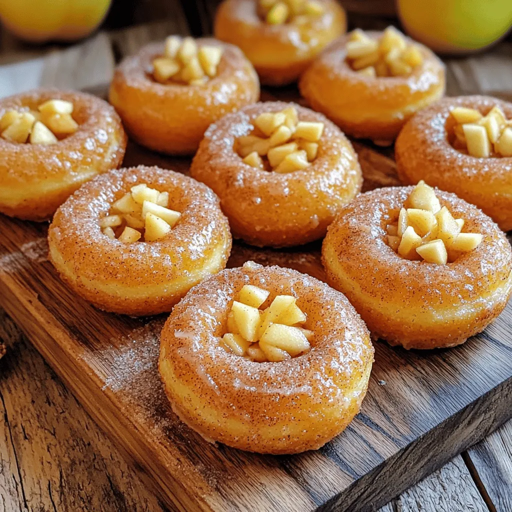 - 2 cups all-purpose flour - 1 cup granulated sugar - 1 tablespoon baking powder - 1 teaspoon ground cinnamon - 1/2 teaspoon salt - 1/2 cup unsweetened applesauce - 1/2 cup whole milk - 2 large eggs - 1 teaspoon vanilla extract - 1 medium apple, peeled, cored, and finely diced - 1/4 cup melted butter - Extra cinnamon and sugar mixture for topping All-purpose flour gives structure to the donuts. It helps them rise and stay fluffy. Granulated sugar adds sweetness and a nice crunch on the outside. Baking powder is the leavening agent, making the donuts rise as they bake. Ground cinnamon gives a warm and cozy flavor, perfect for apple treats. Unsweetened applesauce keeps the donuts moist while adding natural apple flavor. Whole milk adds creaminess, making the texture rich. Eggs help bind the ingredients and create a tender crumb. Vanilla extract enhances the overall flavor. The diced apple brings freshness and a burst of juicy sweetness. Finally, melted butter adds richness to every bite and helps in browning the donuts. You can swap all-purpose flour for gluten-free flour if needed. Coconut sugar can replace granulated sugar for a lower glycemic option. Baking soda works in place of baking powder, but use half the amount. If you don’t have applesauce, mashed banana or yogurt can work well. Almond milk or any plant-based milk can replace whole milk. You can omit eggs or use flax eggs for a vegan version. Any apple variety works, but I like using Granny Smith for a tart touch. For the topping, try powdered sugar or a simple glaze if you want a sweeter finish. Start by preheating your oven to 350°F (175°C). This step is key for even baking. Next, grab a large mixing bowl. Whisk together the dry ingredients: 2 cups of flour, 1 cup of sugar, 1 tablespoon of baking powder, 1 teaspoon of cinnamon, and 1/2 teaspoon of salt. Mix them well so they blend nicely. In another bowl, mix 1/2 cup of applesauce, 1/2 cup of milk, 2 eggs, and 1 teaspoon of vanilla. Stir until smooth. Now pour this mixture into the dry ingredients. Gently fold it together. Add 1 medium diced apple and 1/4 cup of melted butter. Be careful not to overmix. Grab your donut pan and make sure it’s greased with non-stick spray or melted butter. Using a piping bag or a zip-top bag with a corner cut, carefully fill each donut mold. Only fill them about three-quarters full. This allows room for the donuts to rise as they bake. Slide the filled donut pan into your preheated oven. Bake for 10 to 12 minutes. You’ll know they’re ready when they turn lightly golden and a toothpick comes out clean. Once baked, let the donuts cool in the pan for about 5 minutes. Then, transfer them to a wire rack. This helps them cool evenly. For a tasty finish, roll the warm donuts in a mixture of cinnamon and sugar. This gives them a sweet touch that’s hard to resist. To get the perfect texture, focus on mixing. First, whisk the dry ingredients well. This helps blend the flour and baking powder evenly. When you mix the wet and dry ingredients, do it gently. Overmixing leads to tough donuts. You want a light and fluffy donut, not a dense one. The key is to fold in the diced apple and melted butter just until combined. This keeps the donuts soft. Many people make the mistake of skipping the greasing step. Always grease your donut pan well, or your donuts will stick. Another common error is not measuring the flour correctly. Too much flour makes the donuts dry. Use the spoon-and-level method for accuracy. Finally, avoid baking the donuts too long. Keep an eye on them, as oven times can vary. A toothpick should come out clean when they are done. You can easily boost the flavor of your baked apple donuts. Try adding chopped nuts like walnuts or pecans for crunch. Dried fruits like raisins or cranberries also work well. Want more spice? Add a pinch of nutmeg or ginger to the batter. For a sweeter touch, mix in chocolate chips. These add-ins can make your donuts unique and fun! For the full recipe, check out the complete guide I’ve shared. {{image_2}} You can make baked apple donuts gluten-free by using gluten-free flour. Almond or oat flour works well. If you want a vegan option, replace eggs with flaxseed meal. Mix 1 tablespoon of flaxseed with 3 tablespoons of water. Let it sit for a few minutes until it thickens. Use almond milk instead of whole milk. These swaps keep the donuts tasty and light. Want to spice up your donuts? Add a touch of nutmeg for warmth. Just a pinch can make a big difference. For a caramel twist, drizzle warm caramel sauce on top after baking. You can also mix caramel bits into the batter for a sweet surprise. These flavor options bring a whole new vibe to your treats. Toppings can turn your baked apple donuts into a showstopper. Try rolling them in cinnamon sugar while warm for a classic touch. You can also dip them in a simple glaze made from powdered sugar and milk. For a fun twist, sprinkle chopped nuts or chocolate chips on top. Fresh apple slices can add crunch and make a lovely garnish. These variations make your baked apple donuts truly irresistible. You can enjoy them in many delicious ways! For the full recipe, check out the details above. To keep your baked apple donuts fresh, store them in an airtight container. Place parchment paper between layers to avoid sticking. Keep them at room temperature for up to three days. If you live in a warm place, refrigerate them to extend freshness. Freezing is a great way to save extra donuts. Once cooled, wrap each donut in plastic wrap. Then, place them in a freezer bag. They can stay in the freezer for up to three months. When you're ready to enjoy them, simply thaw in the fridge overnight. For the best taste, reheat your donuts in the oven. Preheat to 350°F (175°C). Place the donuts on a baking sheet for about five minutes. This method keeps them soft and tasty. You can also use a microwave, but only for 10-15 seconds. This keeps them warm without drying them out. Enjoy your delicious baked apple donuts! You can tell your donuts are done when they are lightly golden. Insert a toothpick into the center. If it comes out clean, they are ready. This usually takes about 10 to 12 minutes in the oven. Keep an eye on them to avoid overbaking. Overbaked donuts can turn dry. Yes, you can use different types of apples! Each type adds its own flavor. Some good choices are Granny Smith, Honeycrisp, or Fuji. Granny Smith brings a tart taste, while Honeycrisp is sweet and crisp. Mixing apple types can also add a fun twist to your donuts. Baked apple donuts pair well with many things. You can serve them with a simple glaze or apple icing. A scoop of vanilla ice cream also makes a tasty treat. Slices of fresh apple on the side add a nice touch. You can even enjoy them with a warm cup of tea or coffee. For the full recipe, check out the Baked Apple Donuts section above! You learned about making baked apple donuts, from ingredients to storage tips. We covered key ingredients and alternatives, plus step-by-step instructions for the perfect donut. You also discovered tips to avoid common mistakes and enhance flavor. Variations include healthier options and tasty toppings. Now, you can bake donuts that impress everyone. Use these steps to create delicious treats at home. Enjoy your baking journey and share your tasty results!