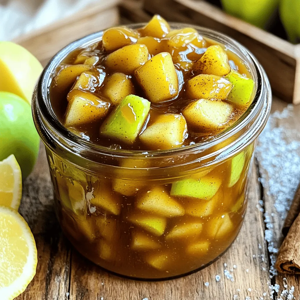 - 4 medium-sized apples, peeled and diced - 1 cup granulated sugar - 1/2 cup light brown sugar - 1/4 cup water - 1 tablespoon lemon juice - 1 teaspoon ground cinnamon - 1/4 teaspoon nutmeg - 1/4 teaspoon salt - 1/2 teaspoon vanilla extract Gathering the right ingredients is key to making your jam great. Use fresh apples for the best flavor. You can pick any variety you love, but I enjoy using Granny Smith for their tartness. The sugars add sweetness and help with the jam's texture. The lemon juice brightens the taste and helps the jam set. Ground cinnamon and nutmeg bring warmth and cozy notes. The salt balances the sweetness and enhances all the flavors. Finally, vanilla gives a rich, sweet aroma to the jam. - Prep Time: 10 mins - Total Time: 45 mins - Servings: About 2 cups This recipe is quick and easy! You only need 10 minutes to prep. The total time, including cooking, is about 45 minutes. You will have around 2 cups of delicious jam to enjoy. Perfect for spreading on toast or mixing into yogurt! If you want more, feel free to double the recipe. Just adjust your pot size to avoid spills. For the full recipe, check the details above. - Combine the diced apples, sugars, and water in a saucepan. - Stir until the apples are well coated. Start with fresh apples. I love using tart varieties like Granny Smith. They balance the sweetness of the sugars well. Peeling and dicing apples takes a little time but helps the jam cook evenly. - Bring the mixture to a gentle boil over medium heat. - Reduce heat and add lemon juice and spices. Once your mixture boils, it’s time to lower the heat. This helps the apples break down slowly. Adding lemon juice brightens the flavor. The spices, like cinnamon and nutmeg, make it smell heavenly. - Simmer until thickened and pour into jars to cool. Let the mixture simmer for about 30 minutes. Stir often to prevent sticking. When it thickens to a jam-like consistency, it’s ready! Pour the warm jam into sterilized jars, seal them, and cool completely. This process helps preserve your delicious jam. For the complete recipe, check out the Full Recipe. How do you know when your jam is ready? The key is to watch the bubbles. When they slow down and become thicker, you’re close. The jam should coat the back of a spoon. If it runs off too quickly, it needs more time. If your jam seems too runny, don’t worry. You can thicken it. Just mix one tablespoon of cornstarch with two tablespoons of water. Stir this mix into the jam while it cooks. Let it simmer for a few more minutes until it thickens. Want to boost the flavor? You can add spices like cloves or ginger. These will give your jam a warm, cozy taste. You can also try using different apple varieties. For a sweet jam, use Fuji or Gala apples. For a tart kick, Granny Smith apples work great. Be careful not to overcook or undercook the jam. If you overcook it, it can become too thick. If you undercook it, it may stay runny. Check the jam often as it cooks to avoid this. Also, don’t skip jar prep for canning. Always sterilize your jars before pouring in the jam. This keeps your jam safe and fresh. Use hot, soapy water and rinse well. Let them dry before filling. {{image_2}} You can switch up the flavors in your caramel apple jam. Using brown sugar adds a rich taste. It gives your jam a deep, sweet flavor. White sugar works too if you prefer a lighter sweetness. You can also mix in other fruits. Try adding diced pears for a soft texture. Cranberries can give a nice tartness. These fruits balance the sweetness of the apples. Experiment and find what you love! Want to kick up the flavor? You can make a spiced caramel apple jam. Add cloves for a warm, earthy taste. Ginger gives a nice, zesty kick that brightens the jam. Just a little goes a long way. Taste as you go to find your perfect blend. Not a fan of super sweet jams? You can reduce the sugar. This gives you a less sweet jam but still tasty. Using honey or agave syrup is a great choice too. These sweeteners add unique notes. Find the right balance that suits your taste. For the full recipe, check out the details above. To keep your jam fresh, place it in a clean jar. Seal it tightly. Store it in the fridge. Your jam will last about 2 weeks in the fridge. If you notice any mold, throw it away. Canning is a great way to extend the shelf life. First, gather your supplies. You will need: - Canning jars - Lids and rings - A large pot for boiling - A jar lifter - A funnel 1. Start by sterilizing your jars and lids. Boil them for 10 minutes. 2. Fill the jars with warm jam, leaving about 1/4 inch of space. 3. Wipe the rims to remove any residue. 4. Place the lids on and screw on the rings. 5. Process the jars in a boiling water bath for 10 minutes. 6. Let the jars cool completely on a towel. Freezing jam is easy and keeps it fresh. Use freezer-safe jars or containers. Leave some space at the top, as the jam will expand when frozen. To defrost, move the jar to the fridge overnight. You can also thaw it quickly in warm water. Once thawed, use it within 2 weeks for best taste. Yes, you can use different types of apples for your jam. The best apple varieties for caramel apple jam include Granny Smith, Honeycrisp, or Fuji. Granny Smith apples give a nice tartness, while Honeycrisp adds sweetness. Mixing different apples can give your jam a unique flavor. If your jam is too runny, don't worry! You can thicken it up. Try simmering it for a bit longer. This helps more water to evaporate. You can also add a bit of pectin if you have it. Follow the package instructions for the best results. To tell if your jam has gone bad, check for signs like mold or off smells. If your jam looks cloudy or has bubbles, it may be spoiled. Always trust your nose. If it smells off, toss it out. Yes, you can make this recipe without added sugars. Use natural sweeteners like honey, maple syrup, or agave. These can add great flavor without refined sugar. Adjust the amount to your taste as they are sweeter than sugar. It's best to store homemade jam in the fridge. Jam can spoil if left at room temperature. Tightly sealed jars can last a few weeks in the fridge. For longer storage, consider canning your jam. You can find the Full Recipe in this article. It gives you all the details you need for making this tasty caramel apple jam. Making your own caramel apple jam is simple and fun. You need just a few ingredients and some easy steps. We highlighted cooking tips and common mistakes, so your jam turns out great every time. You can even explore variations for different flavors. Remember to store it well for the best taste. Enjoy making your jam, experimenting with what you like. This can be a sweet treat for yourself or a lovely gift!
