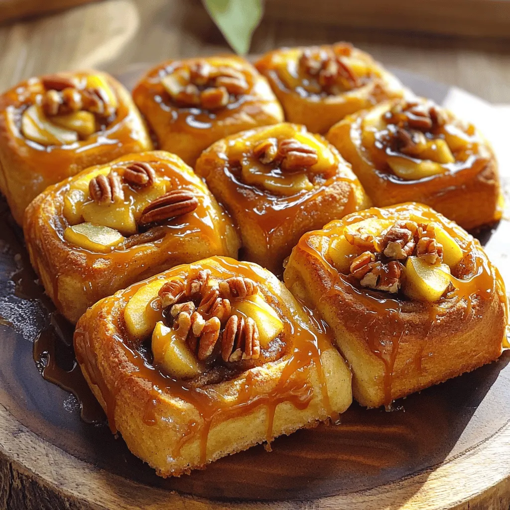 To make these tasty apple cinnamon sticky buns, you will need: - 2 cups all-purpose flour, plus extra for dusting - 1/2 cup sugar - 1 packet (2 1/4 teaspoons) active dry yeast - 1/2 teaspoon salt - 1/2 cup whole milk, warmed - 3 tablespoons unsalted butter, melted - 1 large egg - 1 teaspoon vanilla extract - 2 medium apples, peeled and diced (preferably Granny Smith) - 1 tablespoon ground cinnamon - 1/4 cup brown sugar - 1/2 cup chopped pecans or walnuts (optional) - 1/4 cup caramel sauce (store-bought or homemade) When selecting apples, go for Granny Smith. They offer a nice tartness that balances the sweet filling. Fresh apples will make a big difference in taste. For flour, use all-purpose flour for the best dough texture. Make sure the yeast is fresh for good rising. Always use unsalted butter to control the saltiness. If you can, pick up local honey or organic sugar for a more natural taste. You can easily make these sticky buns your own. Try adding raisins or dried cranberries for an extra layer of flavor. You can also swap out pecans for walnuts if you prefer. For a bit of spice, add a pinch of nutmeg or allspice to the filling. If you want a creamier finish, drizzle some cream cheese frosting on top after baking. You can find the Full Recipe in the section above. Making Apple Cinnamon Sticky Buns is fun and simple. We start with the dough, let it rise, and prepare the apple filling. Then we roll the dough, cut it into pieces, and let it rise again. Finally, we bake the buns until golden brown and drizzle them with caramel. 1. Activate Yeast: In a small bowl, mix warm milk and yeast. Let it sit for 5-10 minutes until it’s frothy. 2. Mix Dry Ingredients: In a large bowl, whisk together flour, sugar, and salt. Make a well in the center. 3. Combine Ingredients: Pour in melted butter, egg, vanilla, and the yeast mixture. 4. Form Dough: Mix until you have a soft dough. Knead on a floured surface for 5-7 minutes until smooth. 5. First Rise: Place the dough in a greased bowl. Cover with a towel. Let it sit in a warm place for 1 hour, or until it doubles in size. 1. Mix Filling Ingredients: In a bowl, combine diced apples, brown sugar, ground cinnamon, and nuts if you like. 2. Set Aside: Mix well and set the bowl aside until the dough rises. This will let the flavors blend together. Now you’re ready to roll out the dough and fill it with that delicious apple mix! Don't forget to check the Full Recipe for all the steps in one place. When making apple cinnamon sticky buns, avoid using cold milk. Warm milk helps activate the yeast. Also, don’t skip the first rise. This step makes the dough fluffy. Be careful not to roll the dough too thin. It should be about 1/4 inch thick. If your filling spills out, it can make a mess. Lastly, don’t rush the baking time. Keep an eye on them to avoid burning. To get a perfect rise, place your dough in a warm spot. A sunny kitchen or near the oven works well. Cover the bowl with a damp cloth. This keeps the dough moist. If the dough doesn't rise, your yeast might be old. Always check the expiration date. You want it to be frothy before mixing. This shows it’s active and ready to help your buns rise. These sticky buns are best served warm. Drizzle extra caramel sauce on top for sweetness. Add a sprinkle of nuts for crunch. You can also serve them with whipped cream. This adds a nice creamy touch. For a fun twist, pair them with a cup of coffee or tea. Enjoy them as a delightful breakfast or a sweet snack. You can find the Full Recipe above to make these treats at home! {{image_2}} You can add your own flair to apple cinnamon sticky buns. Try adding dried cranberries or raisins to the apple mixture. They bring a nice chew and sweetness. For a savory twist, consider adding bacon bits or cheese. This mix gives your buns a fun taste. You can even swap apples for pears or peaches. Each fruit adds its own unique flavor. Don’t feel limited to caramel sauce. A cream cheese glaze tastes wonderful too. Simply mix cream cheese, powdered sugar, and a splash of milk. Another option is a maple glaze. Just mix maple syrup with powdered sugar for a sweet topping. For a nutty touch, sprinkle toasted nuts on top after baking. Need to make these buns gluten-free? Use a gluten-free flour blend instead of all-purpose flour. You can also swap regular milk for almond or oat milk. If you prefer vegan options, use coconut oil in place of butter and replace the egg with a flax egg. This way, everyone can enjoy your treats. For the full recipe, check the section above and get started on your delicious journey! To keep your apple cinnamon sticky buns fresh, store them in an airtight container. Line the container with parchment paper to absorb moisture. This helps maintain texture. If you plan to eat them within a few days, store them at room temperature. For longer storage, place the container in the fridge. Reheating your sticky buns is easy! Preheat your oven to 350°F (175°C). Place the buns on a baking sheet. Cover them loosely with aluminum foil to keep them moist. Heat for about 10-15 minutes until warm. You can also microwave them for 15-20 seconds if you're in a rush. Just remember, the oven gives a better texture! Freezing sticky buns is a smart way to save extra treats. Let the buns cool completely after baking. Wrap each bun tightly in plastic wrap. Then, place them in a freezer-safe bag. They can last up to three months in the freezer. When ready to enjoy, thaw them in the fridge overnight. Reheat as needed for a delicious morning treat! Apple Cinnamon Sticky Buns last for about 2 to 3 days at room temperature. To keep them fresh, store them in an airtight container. If you want them to last longer, place them in the fridge. They can stay good for up to a week when chilled. Yes, you can prepare these sticky buns ahead of time. Make the dough and filling a day before. After rolling the dough, place it in the fridge instead of letting it rise. When you're ready to bake, let it sit at room temperature for about 30 minutes before baking. The best apples for sticky buns are tart varieties like Granny Smith or Honeycrisp. Their balance of sweet and tart flavors works well with cinnamon and sugar. If you prefer sweeter buns, use Fuji or Gala apples. You can find the Full Recipe for Apple Cinnamon Sticky Buns in the recipe section above. It includes all the steps and ingredients you need to make this tasty treat. Making Apple Cinnamon Sticky Buns is fun and rewarding. We covered key ingredients, preparation steps, and useful tips to help you succeed. Remember to choose fresh apples and watch the dough closely for a perfect rise. Don't hesitate to try unique variations and toppings. Storing and reheating properly keeps your buns fresh for longer. With these skills, you can impress everyone with your baking! Enjoy the sweet rewards of your hard work and creativity.