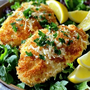 To make Crispy Parmesan Chicken, you need: - 2 boneless, skinless chicken breasts - 1 cup breadcrumbs (preferably panko) - 1/2 cup grated Parmesan cheese These ingredients create a crunchy, cheesy crust that makes this dish so special. Add flavor with these seasonings: - 1 teaspoon garlic powder - 1 teaspoon dried oregano - 1 teaspoon paprika - 1/2 teaspoon salt - 1/4 teaspoon black pepper These spices enhance the taste of the chicken and add depth. To hold everything together, you will need: - 2 large eggs - 2 tablespoons olive oil - Fresh parsley, chopped (for garnish) The eggs help the breadcrumbs stick, and the olive oil adds richness. The parsley adds a touch of color when serving. When you gather these ingredients, you set the stage for a delightful meal. Check out the Full Recipe for all the details on how to put it together. - Preheat your oven to 400°F (200°C). - Line a baking sheet with parchment paper. - In a shallow dish, mix breadcrumbs, grated Parmesan cheese, garlic powder, dried oregano, paprika, salt, and black pepper. Make sure it's well combined. - Take two large eggs and beat them in another shallow bowl. - Dip one chicken breast in the egg mixture. Let the excess drip off. - Coat the chicken breast in the breadcrumb-Parmesan mixture. Press firmly to help it stick. - Repeat this with the second chicken breast. - Heat two tablespoons of olive oil in a skillet over medium heat. - Carefully add the breaded chicken breasts to the hot oil. Cook for about 3-4 minutes per side, until golden brown. - Transfer the browned chicken to the prepared baking sheet. - Bake for 15-20 minutes, or until the chicken reaches an internal temperature of 165°F (75°C). - Let the chicken rest for a few minutes. Slice and garnish with fresh parsley before serving. For the complete dish, check out the Full Recipe. To make your crispy Parmesan chicken extra crunchy, use panko breadcrumbs. Panko gives a light and airy texture that regular breadcrumbs can't match. Next, check your oil temperature before frying. If the oil is too cool, it will soak into the chicken instead of crisping it up. Aim for a medium heat, around 350°F (175°C), for the best results. Boost the taste by adding herbs or spices to your breadcrumb mix. A touch of Italian seasoning or some crushed red pepper flakes can elevate the flavor. You can also marinate the chicken beforehand. A simple mix of olive oil, lemon juice, and garlic adds depth and moisture. Let it sit for about 30 minutes for the best effect. For a stunning presentation, place the crispy chicken on a bed of mixed greens. Add lemon wedges for a fresh pop of color. Sprinkle fresh parsley on top for a beautiful finish. As for sides, pair this dish with roasted vegetables or a light salad. These add balance and enhance the meal's overall flavor. For the full recipe, check out the instructions provided! {{image_2}} You can switch cheeses for a new taste. Asiago or mozzarella works well. These cheeses give a different flavor and texture. If you need gluten-free, try almond flour or crushed cornflakes. Both options still give you that crispy bite without the gluten. For a healthier choice, use an air fryer. It cooks the chicken evenly and keeps it crispy with less oil. Simply set your air fryer to 375°F (190°C) and cook for about 12-15 minutes. You can also skip the frying step altogether. Just coat the chicken and bake it in the oven. This method is easy and still tastes great. To change the flavor, mix in different seasonings. Try adding Italian herbs like thyme or basil for a fresh twist. For spice lovers, sprinkle cayenne or add hot sauce. This will give your Crispy Parmesan Chicken an extra kick. Experimenting with flavors keeps this dish new and exciting. You can find the full recipe above to start your culinary adventure! To keep Crispy Parmesan Chicken fresh, use airtight containers. Store it in the fridge right after it cools. This helps keep the chicken from drying out. You can keep leftovers for up to three days. If you want to save it longer, freezing is a great option. For freezing, wrap each chicken piece in plastic wrap. Then, place them in a freezer bag. This method keeps moisture in and ice crystals out. To reheat frozen Crispy Parmesan Chicken, thaw it in the fridge overnight. Then, warm it in the oven at 375°F (190°C) for about 15-20 minutes. This keeps the chicken crispy and tasty. You can prepare Crispy Parmesan Chicken ahead of time for quick meals. Bread the chicken and store it in the fridge for up to 24 hours. This makes weeknight dinners easy. Pair it with sides like roasted veggies or a fresh salad. These add color and nutrition to your plate. For a fun twist, try adding a dipping sauce for extra flavor. To check if the chicken is done, use a meat thermometer. The safe internal temperature is 165°F (75°C). Insert the thermometer into the thickest part of the chicken. Make sure it does not touch the bone. If it reads 165°F (75°C) or higher, your chicken is cooked. Yes, you can bake the chicken. Baking gives a different texture than frying. Frying makes the chicken crispy on the outside. Baking can still be crispy if done right. To bake, coat the chicken as usual, then place it on a baking sheet. Bake at 400°F (200°C) for 15-20 minutes. This method is healthier but can be less crispy. Pair this chicken with tasty sides. Here are some ideas: - Garlic mashed potatoes - Steamed broccoli - Caesar salad - Roasted vegetables - Rice pilaf You can also serve it on a bed of mixed greens. Add lemon wedges for a fresh touch. For the full recipe, check out the details above. This blog post covered everything you need for Crispy Parmesan Chicken, from key ingredients to cooking tips. You learned about seasoning, cooking methods, and even variations. Remember, using panko and frying properly brings the best crunch. Consider meal prepping for quick dinners or freezing leftovers for later. With these easy steps, you can impress everyone at your table. Enjoy your cooking adventure and savor the delicious results!