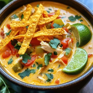 To make Creamy Chicken Tortilla Soup, gather the following ingredients: - 2 cups cooked chicken, shredded - 1 tablespoon olive oil - 1 onion, diced - 2 cloves garlic, minced - 1 bell pepper, diced - 1 can (14.5 oz) diced tomatoes, with juices - 4 cups chicken broth - 1 cup corn kernels - 1 can (4 oz) green chilies, diced - 1 teaspoon cumin - 1 teaspoon chili powder - ½ teaspoon smoked paprika - 1 cup heavy cream - Salt and pepper to taste - Tortilla strips, for garnish - Fresh cilantro, for garnish - Lime wedges, for serving These ingredients create a rich, warm flavor. The chicken adds protein and heartiness. The spices, like cumin and chili powder, give it a nice kick. The cream makes the soup smooth and creamy. Each bite is comforting, filling, and delicious. For the full recipe, you will want to combine these ingredients in the right steps to enjoy this tasty dish. - Heat 1 tablespoon of olive oil in a large pot over medium heat. - Add 1 diced onion and 1 diced bell pepper. Sauté them for 3 to 4 minutes until they soften. - Stir in 2 cloves of minced garlic, 1 can of diced tomatoes with juices, and 4 cups of chicken broth. - Add 1 cup of corn kernels, 1 can of diced green chilies, 1 teaspoon cumin, 1 teaspoon chili powder, and ½ teaspoon smoked paprika. Bring this mixture to a simmer. - Once simmering, introduce 2 cups of shredded chicken. Season with salt and pepper to taste. Let it cook for 10 minutes to meld the flavors. - Reduce the heat to low and stir in 1 cup of heavy cream until warmed through. - Taste and adjust seasoning as needed before serving. For a delightful finish, ladle the soup into bowls. Top with crispy tortilla strips, fresh cilantro, and serve with lime wedges for squeezing. You can find the Full Recipe for more details. To enhance your creamy chicken tortilla soup, I suggest adjusting the seasonings. If you like more depth, add a pinch of oregano or a dash of cayenne. These small changes can make a big difference. If you want to spice things up, include more chili powder or fresh jalapeños. You can also use spicy diced tomatoes for extra heat. Garnishing your soup makes it more appealing. Use crispy tortilla strips for crunch. Fresh cilantro adds a vibrant touch, and lime wedges bring a nice tang. Serve your soup with a side of cornbread or a simple green salad. These sides complement the soup's rich flavors. Simmering is key to developing flavor. It allows the ingredients to meld and gives a rich taste. When you shred the chicken, use two forks for a quick and easy method. This helps to create even pieces that mix well in the soup. For the best texture, shred the chicken while it's still warm. Be sure to check out the Full Recipe for a detailed guide on making this delightful dish! {{image_2}} You can swap heavy cream for several alternatives. Use coconut milk for a dairy-free option. Sour cream adds a tangy flavor. Greek yogurt also works well but mix it in slowly to avoid curdling. For chicken, rotisserie chicken saves time and adds flavor. You can also use turkey or even canned chicken. If you prefer a lighter option, shredded poached chicken is great too. To give your soup a Southwest flair, add black beans or avocado. Fresh lime juice brightens the taste. You can also include fresh corn for a sweet crunch. If you want low-carb or keto-friendly options, skip the corn and use cauliflower rice instead. This keeps the soup hearty without the carbs. You can also add zucchini for extra veggies and flavor. For a vegan version, replace the chicken with chickpeas or jackfruit. Both options provide great texture. Use cashew cream or coconut cream instead of heavy cream. This will keep your soup rich and delicious without dairy. To store leftovers, let the soup cool first. Use an airtight container to keep it fresh. This soup lasts up to three days in the fridge. It’s best to enjoy it within this time for the best taste. When reheating, use a pot on medium heat. Stir often to prevent burning. You can also use the microwave. Heat in short bursts, stirring between each. If you want to freeze the soup, cool it completely first. Pour it into freezer-safe bags or containers. It can last up to three months in the freezer. After storing, the soup might need a little boost. Add a splash of cream to revive its richness. You can also stir in fresh cilantro or lime juice for extra flavor. Before serving, taste and adjust the seasoning as needed. This way, you keep the soup tasty and fresh! Creamy Chicken Tortilla Soup has many tasty ingredients. You need shredded chicken, diced tomatoes, and chicken broth. The soup also includes corn, green chilies, and spices like cumin and chili powder. Heavy cream makes it rich and smooth. You’ll top it with crispy tortilla strips, cilantro, and lime for extra flavor. Yes, you can easily make this soup ahead. First, cook the soup as normal. Let it cool, then store it in the fridge. It will stay fresh for about three days. When you are ready to eat, just reheat it on the stove. Add the heavy cream before serving for the best taste. To thicken your soup, there are a few options. You can simmer it longer to reduce the liquid. Another way is to add a bit of cornstarch mixed with water. Stir this into the soup and heat until thickened. You can also use more heavy cream for a creamier texture. Yes, this soup is very customizable! You can change the protein by using turkey or beans. For a spicier kick, add jalapeños or hot sauce. If you want a lighter version, swap the heavy cream for coconut milk. Feel free to add veggies like zucchini or spinach for more nutrition. This blog post guides you through making creamy chicken tortilla soup. You start with fresh ingredients and step-by-step instructions. We explored tips and tricks to enhance flavor and serving ideas. I shared variations for different diets and how to store leftovers properly. In summary, you now have the tools to create a delicious, creamy soup any day. Enjoy experimenting with flavors and making it your own!