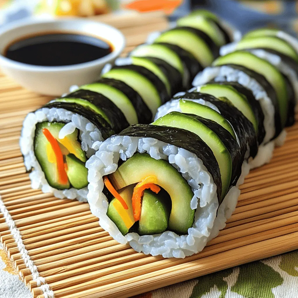 To make great sushi rolls, you need some key ingredients. Here’s what you will need: - 2 cups sushi rice - 2 ½ cups water - ½ cup rice vinegar - 2 tablespoons sugar - 1 teaspoon salt - 4 sheets nori (seaweed) These ingredients form the base for your rolls. The sushi rice sticks well, and the nori holds everything together. You can add more flavor and texture to your sushi rolls. Consider these add-ins: - 1 cucumber, julienned - 1 avocado, sliced - 1 small bell pepper, thinly sliced - 1 carrot, shredded These veggies bring freshness to your rolls. You can also use soy sauce for dipping, and wasabi and pickled ginger for extra flavor. Having the right tools makes rolling sushi easier. Here’s what you’ll need: - A bamboo sushi rolling mat - A sharp knife - A medium saucepan - A small saucepan - A large bowl These simple tools help you prepare and roll your sushi with ease. Each tool plays an important role in creating your delicious sushi rolls. For the complete recipe, check out the Full Recipe. To make great sushi, start with the rice. You need 2 cups of sushi rice. Rinse it under cold water. Keep rinsing until the water runs clear. This step removes extra starch. Drain the rice well. Next, combine the rice and 2 ½ cups of water in a medium pot. Bring it to a boil. Once it boils, lower the heat. Cover the pot and let it simmer for 20 minutes. The water should absorb fully. After that, remove the pot from heat. Let it sit covered for 10 more minutes. While you wait, mix ½ cup of rice vinegar, 2 tablespoons of sugar, and 1 teaspoon of salt in a small pot. Heat gently until the sugar dissolves. Let that mix cool. Once the rice is ready, place it in a large bowl. Pour the vinegar mixture over the rice. Use a spatula to fold the rice gently. Be careful not to mash it. Let the rice cool to room temperature. Now, let’s roll! You need a bamboo sushi mat for this part. Place it on a flat surface. Lay a sheet of nori on top, shiny side down. Wet your hands to prevent sticking. Take about a cup of sushi rice. Spread it evenly over the nori. Leave a 1-inch border at the top. Next, add your fillings. Use cucumber, avocado, bell pepper, and shredded carrot. Place a line of these veggies across the center of the rice. Start rolling from the bottom. Tuck the edge of the mat as you roll. Roll away from you, keeping it tight. Wet the top edge of the nori slightly to seal the roll. After rolling, it’s time to cut! Use a sharp knife for clean slices. Wipe the knife with a damp cloth after each cut. This keeps the edges nice and neat. Slice the roll into bite-sized pieces. Aim for about 6 to 8 pieces per roll. Arrange the sushi on a plate. Serve it with soy sauce for dipping. If you like, add wasabi and pickled ginger on the side. This process makes sushi fun and easy! You can follow the Full Recipe for all the details. Enjoy your homemade sushi! When making sushi rolls, avoid these common mistakes: - Not rinsing the rice: Rinse your sushi rice well. This removes extra starch and helps it cook better. - Overcooking the rice: Follow the cooking time closely. Overcooked rice becomes mushy and hard to roll. - Using too much filling: Less is more. Too much filling makes it hard to roll tightly. - Not sealing the roll: Wet the edges of the nori. This keeps your roll from falling apart. To make your sushi rolls burst with flavor, try these tips: - Use fresh ingredients: Fresh veggies and fish enhance taste. Always choose high-quality items. - Season the rice: Mixing rice vinegar, sugar, and salt into the rice gives it a unique flavor. - Experiment with sauces: Use soy sauce, wasabi, or spicy mayo for dipping. Each adds a different kick. - Add textures: Mix crunchy and creamy ingredients for a balanced bite. Rolling sushi can be tricky. Here are some secrets to help you succeed: - Use a sushi mat: A bamboo mat helps you roll evenly. It also makes shaping easier. - Keep hands wet: Wet hands prevent rice from sticking. This makes rolling smoother and cleaner. - Start tight: Begin rolling tightly at the bottom. Tuck the filling in as you roll. - Slice carefully: Use a sharp knife and clean it between cuts. This keeps your rolls neat and presentable. For a full recipe, check out the detailed steps above. Enjoy making sushi rolls! {{image_2}} You can use many fillings for sushi rolls. Some popular options include fresh fish like salmon or tuna. You can also try crab meat or shrimp. For a unique twist, add cream cheese or spicy mayo. The sky's the limit! You can mix and match to find your favorite flavors. Sushi rolls can be just as tasty without meat. Use fresh veggies like cucumber, avocado, and bell peppers. Try adding tofu for protein. Sweet potato tempura adds crunch and flavor. You can also use pickled vegetables for a tangy kick. These options make sushi fun for everyone. Get creative with your sushi rolls! Try a tropical roll with mango and coconut. A breakfast sushi roll with scrambled eggs and avocado is also a hit. For dessert, consider a sweet roll with nutella and strawberries. Each roll can tell a different story with flavors you love. Explore new ideas and have fun! For more detailed guidance, check out the Full Recipe. To store leftover sushi, wrap it tightly in plastic wrap. This keeps air out. Place the wrapped sushi in an airtight container. Store it in the fridge for up to 24 hours. Sushi rolls taste best when fresh, so try to eat them soon. For the best taste, keep the sushi rice and fillings separate from nori. If you know you won't eat the sushi right away, store the rice and fillings in separate containers. This helps keep everything fresh and tasty. Always check for any signs of spoilage before eating leftover sushi. Sushi is best enjoyed cold, but if you want warmth, you can reheat sushi rice. Place the rice in a microwave-safe bowl. Add a splash of water to moisten it. Cover the bowl with a damp paper towel. Heat it in short bursts of 15 seconds until warm. Avoid reheating nori, as it can become tough. To make sushi rice, start with 2 cups of sushi rice. Rinse it under cold water until it runs clear. This removes extra starch. Then, mix the rice with 2 ½ cups of water in a pot. Bring it to a boil, then lower the heat. Cover and simmer for 20 minutes. Let it sit for 10 more minutes after cooking. Finally, mix the cooled rice with a blend of ½ cup rice vinegar, 2 tablespoons sugar, and 1 teaspoon salt. This gives the rice flavor and stickiness. Yes, you can use many types of fish for sushi. Popular choices include tuna, salmon, and shrimp. Make sure the fish is fresh and safe to eat raw. You can also use cooked fish like eel or crab. If you prefer plant-based options, try marinated tofu or grilled veggies. The key is to ensure the fish or alternative is high quality. Use a sharp knife to slice sushi rolls. Wet the knife with water to prevent sticking. Cut the roll in half first, then slice each half into bite-sized pieces. Wipe the knife between cuts for clean edges. This makes your sushi look neat and appealing. Sushi rolls are best eaten fresh. If stored, they can last for up to 24 hours in the fridge. Wrap them tightly in plastic wrap to keep them moist. Avoid freezing sushi rolls, as this can ruin their texture. Always check for freshness before eating. Sushi is fun and rewarding to make at home. You learned about essential ingredients, tools, and tricks for rolling sushi. Remember to avoid common mistakes and try out different fillings for a variety of flavors. Freshness is key, so follow proper storage tips. Making sushi can be a tasty adventure for you, whether you prefer simple or creative rolls. Enjoy your sushi-making journey and impress your friends with your skills!