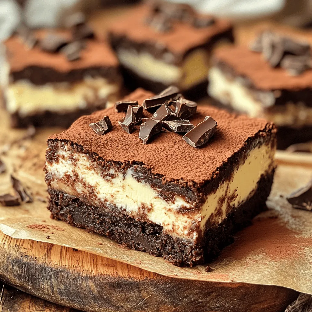 When making Tiramisu brownies, you need quality ingredients for the best taste. Here’s what you will need: - 1 cup unsalted butter, melted - 1 cup granulated sugar - 1 cup brown sugar, packed - 4 large eggs - 1 teaspoon vanilla extract - 1 ½ cups all-purpose flour - ¾ cup unsweetened cocoa powder - 1 teaspoon baking powder - ½ teaspoon salt - 1 cup strong brewed coffee, cooled - 1 cup mascarpone cheese - 2 tablespoons powdered sugar - 1 teaspoon coffee extract (optional) - Unsweetened cocoa powder for dusting - Dark chocolate shavings for garnish (optional) These ingredients blend well to create a rich and creamy treat. The butter adds moisture, while the sugars give it sweetness. The eggs bind everything together, and the chocolate brings depth. Coffee enhances the flavor, making each bite amazing. For the cream layer, mascarpone adds that classic tiramisu touch. You can dust the top with cocoa powder for a beautiful finish. Dark chocolate shavings make it look even more special. If you want to dive deeper into the recipe, check out the Full Recipe. Start by preheating your oven to 350°F (175°C). This step is key. A hot oven helps the brownies bake evenly. Next, grease a 9x13 inch baking pan. Use butter or non-stick spray. This prevents sticking and makes serving easier. In a large mixing bowl, combine the melted butter, granulated sugar, and brown sugar. Mix until smooth. Add in the eggs one by one, stirring well after each. Now, stir in the vanilla extract for flavor. In another bowl, whisk together the flour, cocoa powder, baking powder, and salt. Gradually add this dry mix to the wet ingredients. Mix just until combined. Don’t overdo it; a few lumps are okay. Now it’s time to prepare the mascarpone mixture. In a separate bowl, whisk the mascarpone cheese, powdered sugar, brewed coffee, and the coffee extract if you want. This creates a creamy layer. Pour half of the brownie batter into the prepared pan. Spread it evenly. Next, add the mascarpone mixture on top, spreading it gently. Finally, dollop the remaining brownie batter on top. Swirl it to make a marbled effect. Bake in the oven for 25-30 minutes. Use a toothpick to check if it's done. It should come out with a few moist crumbs. After baking, let the brownies cool in the pan for at least 30 minutes. This makes slicing easier. Dust with unsweetened cocoa powder and add dark chocolate shavings for a fancy touch. For the full recipe, check the details above. To get smooth, fudgy Tiramisu brownies, start with your ingredients at room temperature. This helps the butter mix well with the sugars and eggs. Cold ingredients can make mixing hard. Avoid overmixing the batter. Mix just until combined. Overmixing can lead to tough brownies. A light hand is key for soft, chewy results. Choose a strong coffee for your brownies. Dark roast coffee works best. It gives a rich flavor without overpowering the chocolate. If you like, try cold brew coffee for a smoother taste. You can also mix in chocolate chips or nuts. These add texture and extra flavor. If you want something different, swap out the chocolate for caramel or hazelnut spread. Dusting with cocoa powder adds a nice touch. Use a fine sieve to sprinkle it evenly. This creates a beautiful, restaurant-style finish. For a special touch, garnish with dark chocolate shavings. They add elegance and extra chocolate flavor. Simply use a vegetable peeler on a chocolate bar for thin curls. For the full recipe, check the earlier section. Enjoy your baking! {{image_2}} You can add new flavors to your Tiramisu brownies. A splash of Kahlúa makes them richer. This coffee liqueur enhances the coffee taste and adds depth. You could also use other flavored liqueurs like Amaretto or Frangelico for a twist. Nuts or chocolate chunks can change the texture of your brownies. Walnuts or hazelnuts add crunch. Dark chocolate chunks can make each bite extra special. Just mix them into the batter before baking. If you need gluten-free brownies, use almond or coconut flour instead. These flours keep the taste while making them safe for gluten-free diets. You can also try a mix of gluten-free flour blends for the best results. For vegan options, replace eggs with flaxseed meal or applesauce. Use plant-based milk and vegan butter in place of dairy. Silken tofu can also work well as a substitute for mascarpone cheese. These swaps keep your brownies tasty and friendly for everyone. Tiramisu brownies taste great on their own, but you can elevate them! Serve warm with a scoop of vanilla ice cream. The warm brownies melt the ice cream just right. Whipped cream adds a light touch, too. Dollop it on top for an elegant look. You can serve them cold as well. The flavors meld together nicely when chilled, making each bite a delight. For the full recipe, check out the guide above. To keep your Tiramisu Brownies fresh, use an airtight container. This step keeps them moist and tasty. Store them in the fridge for the best results. A cool environment helps the flavors develop. You can freeze Tiramisu Brownies for longer storage. Cut them into pieces before freezing. Wrap each piece tightly in plastic wrap. Place them in a freezer-safe bag or container. When you're ready to eat, simply thaw them in the fridge. This method keeps the texture nice and creamy. Tiramisu Brownies can last up to one week in the fridge. After that, they may start to lose their flavor. Watch for signs of spoilage like an off smell or dry texture. If you notice these signs, it’s time to let them go. Enjoy them while they are fresh for the best taste! Tiramisu brownies combine layers of coffee flavor and creamy mascarpone. Unlike regular brownies, these have a rich, coffee-infused filling. The cocoa powder adds depth, while the mascarpone cheese gives a smooth texture. The coffee flavor makes these brownies unique. They taste like a dessert blend of brownies and tiramisu. Yes, you can prepare Tiramisu brownies in advance. Make the brownies and cool them completely. Store them in an airtight container at room temperature for up to three days. If you want to keep them longer, refrigerate them for up to a week. Just remember to dust them with cocoa powder before serving. To check if Tiramisu brownies are done, use the toothpick test. Insert a toothpick into the center. If it comes out with a few moist crumbs, they are ready. The edges should look set, and the center may look slightly underbaked. This helps keep them fudgy. If you don’t have mascarpone cheese, you can use cream cheese. Just soften it first to get a creamy texture. Another option is ricotta cheese, but it may not be as smooth. You can mix the ricotta with a bit of heavy cream to mimic mascarpone. Tiramisu brownies can be made for some special diets. For gluten-free options, use almond flour or a gluten-free flour blend. If you need dairy-free brownies, try using a vegan cream cheese alternative. These swaps make it easier for everyone to enjoy this treat. Tiramisu brownies combine rich flavors and unique ingredients for a delightful treat. You learned about key ingredients, step-by-step baking, and tips for the ideal texture and presentation. Variations allow for personal touches, while storage tips help keep them fresh. With these insights, you can create mouthwatering brownies that impress everyone. Enjoy experimenting and sharing this sweet treat with friends and family! Your baking skills can shine with this tasty recipe.
