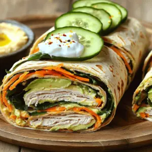 - 4 whole wheat tortillas - 8 ounces sliced turkey breast - 1 ripe avocado, sliced - 1 cup fresh spinach leaves - 1 cup shredded carrots - 1/2 cup cucumber, thinly sliced - 1/4 cup hummus (your choice of flavor) - 2 tablespoons Greek yogurt (plain) - Salt and pepper to taste - Optional: 1/2 teaspoon chili flakes for a spicy kick When I create a turkey wrap, I focus on fresh and healthy ingredients. Whole wheat tortillas provide fiber and keep you full. Turkey breast is lean and packed with protein. Avocados add healthy fats and a creamy texture. I love to add spinach leaves for crispness and nutrients. Shredded carrots give a touch of sweetness and color. Sliced cucumbers are crunchy and refreshing. You can mix and match these veggies based on your taste. Next, let's talk about condiments. Hummus is a great base. It offers flavor and creaminess. Greek yogurt adds protein and a tangy kick. A pinch of salt and pepper enhances the taste. If you like heat, sprinkle chili flakes for a fun twist. For the full recipe, check out the Turkey & Avocado Crunch Wrap. Enjoy crafting your perfect lunch! - First, lay out the whole wheat tortillas on a clean surface. - Next, spread hummus evenly across each tortilla. This adds flavor and helps hold the ingredients together. - Now, add two ounces of sliced turkey breast to the center of each tortilla. - On top of the turkey, include a few slices of ripe avocado and a handful of fresh spinach leaves. - Sprinkle shredded carrots and thin cucumber slices over the layers for crunch and color. - To finish, add a dollop of Greek yogurt on top of the veggies. Season with salt, pepper, and chili flakes if you like some heat. - Carefully fold in the sides of the tortilla. Then, roll it from the bottom up to create a secure wrap. - Use a sharp knife to slice each wrap in half diagonally for easier eating. For the complete recipe, you can check the Turkey & Avocado Crunch Wrap. Enjoy your healthy lunch! - Use parchment paper for easy transport. It keeps your wrap secure and tidy. - Keep wraps fresh with plastic wrap or a container. This shields them from drying out. - Experiment with different hummus flavors. Roasted red pepper or garlic can add depth. - Consider adding herbs or spice mixes. Fresh basil or a sprinkle of cumin can elevate taste. - Serve with extra hummus or mixed greens. This adds color and a nice crunch. - Garnish with chili flakes or sesame seeds. A little flair goes a long way in making your meal pop! For the full recipe, check out the Turkey & Avocado Crunch Wrap. {{image_2}} You can easily change the turkey in your wrap. Chicken or tofu works well too. These options keep the meal tasty and healthy. If you need gluten-free, use gluten-free tortillas. They hold the fillings just as well. To kick up the flavor, add cheese or different veggies. Cheese can add creaminess and richness. Think about adding bell peppers, red onion, or even artichokes. You can also try spreads like pesto or tzatziki. These add a fresh twist and new taste dimensions. Want something different? Serve your wrap deconstructed in a bowl. This way, you can enjoy all the flavors without the wrap. Use quinoa or rice as a base to add more nutrients. Top it with your favorite ingredients, just like in the wrap. Enjoy this fun twist! To keep your turkey wrap fresh, store it tightly wrapped in the fridge. This helps maintain its flavor and texture. I suggest you consume it within 2-3 days for the best taste. If you want to save some wraps for later, wrap them individually in plastic. This method is great for meal prep. When you're ready to eat, just thaw the wraps in the fridge overnight. This keeps them tasty and ready for a quick lunch. When it's time to enjoy your wrap, you can reheat it in a microwave or a skillet. This makes the wrap warm and cozy. To avoid sogginess, place a paper towel underneath while reheating. This simple step helps keep your wrap crisp and delicious. To make your turkey wrap healthier, opt for whole grain tortillas. Whole grains offer more fiber. Add fresh veggies like spinach, cucumbers, and carrots. These not only boost flavor but also add key vitamins and minerals. Yes, you can make turkey wraps ahead of time. However, I suggest prepping the ingredients in advance. Assemble the wraps on the day you plan to eat them. This keeps them fresh and crisp. You can add a variety of ingredients to your turkey wraps. Consider including olives for a salty twist. Bell peppers add crunch, while different leafy greens like arugula bring unique flavors. Explore what you like! Yes, turkey wraps can be gluten-free. Use gluten-free tortillas instead of regular ones. This way, those who avoid gluten can enjoy the wraps too. A light salad pairs well with turkey wraps. You might also enjoy fresh fruit or yogurt on the side. These options keep your meal balanced and refreshing. For the complete details, please reference the Turkey & Avocado Crunch Wrap. This blog post covered how to make tasty turkey wraps. We explored key ingredients, from whole wheat tortillas to healthy veggies. I shared step-by-step instructions for prepping and wrapping each one. You learned tips for packing, flavor boosts, and fun presentation ideas. We also talked about storage and how to customize your wraps. Now, it’s time to get creative. Try different flavors and enjoy your wraps fresh!