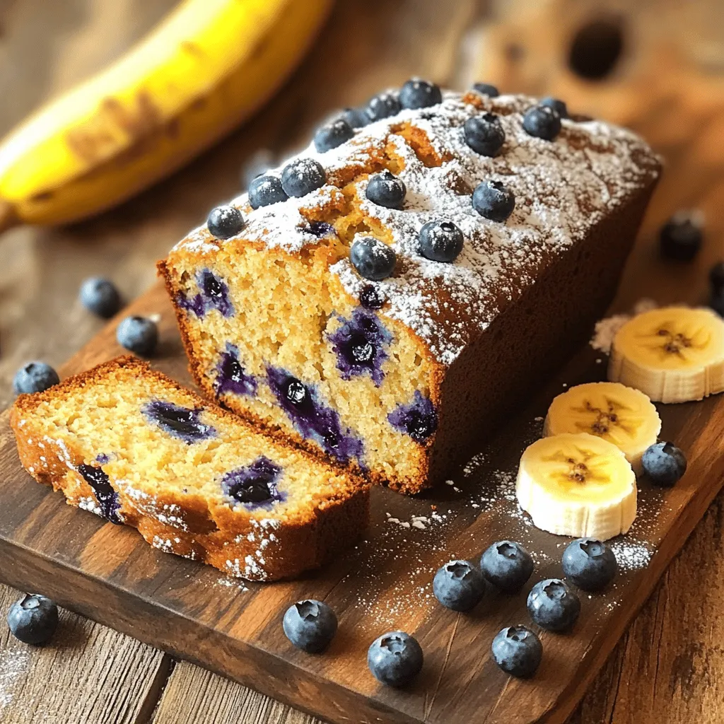 To make Blueberry Banana Bread, you need simple and fresh ingredients: - 2 ripe bananas, mashed - 1 cup fresh or frozen blueberries - 1/2 cup Greek yogurt - 1/4 cup honey or maple syrup - 1/4 cup vegetable oil or melted coconut oil - 2 large eggs - 1 teaspoon vanilla extract - 1.5 cups all-purpose flour - 1 teaspoon baking soda - 1/2 teaspoon baking powder - 1/2 teaspoon salt - 1 teaspoon ground cinnamon These ingredients create a soft, moist bread. Ripe bananas bring sweetness and flavor. Blueberries add freshness and a burst of juice. You can enhance the flavor and texture with these add-ins: - 1/2 cup chopped walnuts or pecans - A dash of nutmeg for warmth - Chocolate chips for extra sweetness Adding nuts gives a nice crunch. Chocolate chips can make the bread feel like a treat. If you need alternatives, here are some options: - Use applesauce instead of Greek yogurt for a lower-fat choice. - Swap honey for agave syrup if you prefer. - For gluten-free bread, use almond flour or a gluten-free blend. These swaps keep the recipe flexible. You can tailor it to what you have at home. Start by preheating your oven to 350°F (175°C). This step warms up the oven, which helps the bread bake evenly. Next, grease a 9x5-inch loaf pan or line it with parchment paper. This makes it easy to remove the bread later. In a large bowl, mash two ripe bananas until smooth. Then, add 1/2 cup of Greek yogurt, 1/4 cup of honey or maple syrup, and 1/4 cup of vegetable oil or melted coconut oil. Crack in two large eggs and pour in 1 teaspoon of vanilla extract. Mix everything well until it looks smooth. In another bowl, combine 1.5 cups of all-purpose flour, 1 teaspoon of baking soda, 1/2 teaspoon of baking powder, 1/2 teaspoon of salt, and 1 teaspoon of ground cinnamon. Whisk these dry ingredients together so they blend well. Now, slowly add the dry mix to the wet ingredients. Stir gently until just combined. Don’t worry if it has a few lumps; that’s okay! Gently fold in 1 cup of blueberries and nuts if you like. Pour the batter into your prepared loaf pan. Use a spatula to spread it out evenly. Place the pan in the preheated oven. Bake for 50-60 minutes. To check if it's done, insert a toothpick into the center. If it comes out clean, the bread is ready! Once baked, take the pan out of the oven. Let the bread cool in the pan for about 10 minutes. Then, carefully transfer it to a wire rack to cool completely. For serving, slice the bread once it’s cool. A wooden cutting board makes a nice display. You can dust the top with powdered sugar or drizzle honey on each slice for a sweet touch. Add a few extra blueberries and banana slices as a garnish. Enjoy your Blueberry Banana Bread delight! Check out the Full Recipe for more details. To make your blueberry banana bread shine, use ripe bananas. Ripe bananas bring out the sweet taste. They also add moisture to the bread. Fresh or frozen blueberries work well, but fresh offers a burst of flavor. If you want a hint of spice, add a bit more cinnamon or nutmeg. You can also swap honey for maple syrup for a different twist. One common mistake is overmixing the batter. Mixing too much makes the bread dense. Stir until just combined, leaving some lumps. Another mistake is not checking the oven temperature. An oven thermometer helps ensure proper heat. Lastly, don’t skip greasing the pan. This step prevents sticking and makes for easy slicing. To check if your bread is done, use a toothpick. Insert it into the center of the bread. If it comes out clean, your bread is ready. If it has wet batter on it, bake for a few more minutes. Remember, the bread continues to cook slightly after you take it out of the oven. Let it cool in the pan for about ten minutes before slicing. This wait helps it set and keeps it moist. {{image_2}} You can switch up the fruit in this bread. Try using strawberries, raspberries, or blackberries. Each fruit adds its own flavor. You can mix and match! For example, add blueberries and strawberries together for a tasty twist. Want to make this bread gluten-free? Use almond flour or oat flour instead of all-purpose flour. For a vegan version, replace the eggs with flaxseed meal or applesauce. Use maple syrup for sweetening. These changes make the bread just as yummy! Mix-ins can take your bread to the next level. Try adding chocolate chips, coconut, or chopped nuts. Each mix-in adds a new texture and flavor. You can even add spices like nutmeg or ginger for a warm taste. Be creative and have fun with it! For the full recipe, check out the Blueberry Banana Bliss Bread section. To keep your blueberry banana bread fresh, wrap it tightly. Use plastic wrap or foil. You can also place it in an airtight container. Store the bread at room temperature for up to three days. For longer storage, the fridge works too, but it may dry out. Freezing is a great option. First, let the bread cool completely. Slice it into pieces for easy use later. Wrap each slice in plastic wrap or foil. Place the wrapped slices in a freezer bag. You can freeze it for up to three months. Just remember to label your bag with the date. To enjoy your blueberry banana bread again, you can reheat it easily. If it’s frozen, let it thaw in the fridge overnight. For quick reheating, use a microwave. Heat each slice for about 15 to 30 seconds. You can also warm it in an oven at 350°F (175°C) for about 10 minutes. This will bring back its fresh-baked taste! For the full recipe, check out the Blueberry Banana Bliss Bread . Yes, you can use frozen bananas. They work great in this recipe. Just thaw them first. Once thawed, mash them up like fresh bananas. The flavor stays rich and sweet. This option is perfect if you have overripe bananas in your freezer. To make your bread more moist, try adding Greek yogurt or applesauce. These ingredients add moisture without changing the taste. You can also use extra ripe bananas. The riper the bananas, the more moisture they bring. Lastly, avoid overmixing your batter. Overmixing can make it dense and dry. Blueberry Banana Bread stays fresh for about 3-4 days at room temperature. Keep it in an airtight container to maintain its softness. For longer storage, place it in the fridge for up to a week. You can also freeze it for up to three months. Just slice it before freezing for easy access later. For the full recipe, check out the details above. You learned how to make great blueberry banana bread from scratch. We covered each step, from gathering required ingredients to baking and cooling. Remember, you can mix in different fruits or go gluten-free if you want. Store your leftovers properly to enjoy later. Don’t forget to check for doneness and avoid common mistakes. With these tips and tricks, you'll bake delicious bread every time! Enjoy your baking journey!