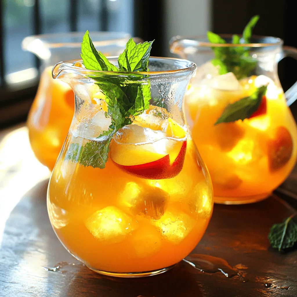 To make Easy Peach Tea, you need just a few simple ingredients. Here’s what you will need: - 4 ripe peaches, pitted and sliced - 4 cups of water - 4 tablespoons of loose black tea leaves or 4 black tea bags - 2 tablespoons of honey (adjust to taste) - 1 tablespoon of freshly squeezed lemon juice - Fresh mint leaves for garnish - Ice cubes These ingredients come together to create a refreshing drink that’s perfect for summer. You can use either fresh or frozen peaches for this recipe. Fresh peaches give a bright, juicy flavor. They also add a nice texture to your drink. Look for ripe peaches that are firm but slightly soft when you squeeze them. Frozen peaches are handy when fresh ones are out of season. They can also save you time since they are already sliced. Just let them thaw a bit before blending. Both options work well, so choose what suits you best! Honey is a great way to sweeten your peach tea. If you prefer something else, try these options: - Maple syrup - Agave nectar - Stevia Each sweetener can change the taste a bit, so feel free to experiment. Start with a little and add more if you want it sweeter. Adjusting the sweetness helps you make the drink just right for your taste. Start by washing your ripe peaches. Make sure they are sweet and juicy. Slice the peaches and remove the pits. Take the sliced peaches and place them in a blender. Add the honey to the peaches; this will add sweetness. Blend the mixture until it is smooth. You want a nice, creamy texture. This peach puree will give your tea a fresh taste. Set it aside for later. Next, bring 4 cups of water to a boil in a medium saucepan. Watch the water closely so it does not boil over. Once it boils, take the saucepan off the heat. Add your black tea leaves or tea bags to the hot water. Let the tea steep for about 5 to 7 minutes. If you like strong tea, steep it longer. If you prefer it milder, steep for less time. After steeping, strain the tea to remove the leaves or bags. Now comes the fun part! In a large pitcher, mix the warm tea with the peach puree. Pour in the freshly squeezed lemon juice for a bit of zing. Stir everything together until well combined. This blend of flavors is key to a refreshing peach tea. Let the tea cool to room temperature. Then, refrigerate it for at least 1 hour. This cooling step is essential, especially on a hot summer day. When you’re ready to serve, fill glasses with ice cubes and pour the chilled tea over the ice. Garnish with fresh mint leaves for a pop of color and taste. Enjoy your Easy Peach Tea! For the full recipe, check the details above. To get the right sweetness, start with ripe peaches. They add natural sugar. You can add honey to taste. I suggest starting with two tablespoons. Taste the tea after mixing. If it needs more sweetness, add a bit more honey. Remember, you can always add more, but you can’t take it out. Herbs can make your peach tea shine. Fresh mint is my favorite. It pairs nicely with peach. Just toss a few leaves into the blender with peaches. You can also try basil for a twist. Both herbs add freshness and depth to your drink. Serving is key to enjoying your peach tea. Use clear glasses to show off the color. Add ice cubes for a nice chill. Garnish each glass with fresh mint leaves. You can also add a peach slice on the rim. This makes the drink look inviting. For the Full Recipe, enjoy each sip and share with friends! {{image_2}} You can turn your peach tea into a cool iced drink. Start with the full recipe. After steeping the tea, let it cool. Pour it over ice in a tall glass. You can add extra peach slices for a fun touch. This drink is perfect for hot days. Want to mix things up? Try adding herbs to your peach tea. You can use mint or basil for a fresh twist. Simply add a few leaves while the tea is steeping. This gives the tea a unique flavor. It pairs well with the sweetness of peaches. If you like fizzy drinks, this variation is for you. Prepare the peach tea as usual. Once it’s chilled, add sparkling water or soda. This adds bubbles and makes the tea lively. Serve it over ice with a peach slice for a pretty look. To chill your peach tea, start with a large pitcher. After mixing your tea and peach puree, let it cool at room temperature. Then, move it to the fridge. This step helps the flavors blend. Always cover your pitcher with a lid or plastic wrap. This helps keep your tea fresh. Serve it cold over ice for the best taste. Peach tea stays fresh in the fridge for about 3-5 days. After that, it may lose flavor and freshness. To keep it tasting great, check for any signs of spoilage. If it looks or smells off, it is best to toss it. Use an airtight container to help it last longer. You can freeze peach tea for later enjoyment. Pour the tea into ice cube trays for easy use. Once frozen, move the cubes into a zip-top bag. This way, you can add peach tea to smoothies or drinks. For best quality, use the frozen tea within 2-3 months. Yes, you can use other fruits. Berries, apples, and citrus work well. They add flavor and color. You can mix them with peaches for a fun twist. For example, try adding strawberries for a sweet note or lemons for a zesty kick. Experiment to find your favorite combination! To make more tea, simply double or triple the ingredients. For eight servings, use 8 peaches and 8 cups of water. Increase the tea bags or leaves to match the water. Adjust honey to taste. Make sure you have a larger pot to boil the water. You can also use a bigger pitcher to hold the tea. Peach tea is refreshing and healthy. Peaches are rich in vitamins A and C. They help boost your immune system. This tea is also good for digestion. The black tea has antioxidants that help fight free radicals. Enjoying peach tea can keep you hydrated on hot days. It is a simple way to enjoy the summer! You learned about making easy peach tea with fresh or frozen peaches. We explored sweetening options, like honey alternatives. You now know how to prepare peach puree and steep black tea perfectly. Remember, adjusting sweetness and adding herbs can enhance your drink. You can also try delicious variations like iced or sparkling peach tea. Store your tea right to enjoy it later. Enjoy your peach tea adventure and share it with others!