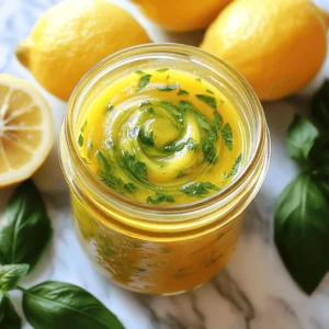To make a great lemon basil vinaigrette, gather these key ingredients: - 1/4 cup fresh lemon juice (about 2 large lemons) - 1/2 cup extra virgin olive oil - 1 tablespoon honey (or maple syrup for a vegan option) - 2 tablespoons fresh basil leaves, finely chopped - 1 teaspoon Dijon mustard - 1 clove garlic, finely minced - Salt and pepper to taste These ingredients form a bright and fresh dressing. Each one plays an important role in creating a zesty flavor boost. You can customize your vinaigrette with optional add-ins: - Different herbs like parsley or oregano enhance flavor. - Red pepper flakes add a nice kick for heat lovers. Feel free to experiment and find your perfect mix. Now, let’s look at the health benefits of these ingredients: - Fresh lemon juice: It is rich in vitamin C. This vitamin helps your immune system and improves skin health. - Extra virgin olive oil: This oil is great for heart health. It contains healthy fats that can lower bad cholesterol. - Fresh basil: This herb is full of antioxidants. It can help reduce inflammation and support overall wellness. Using these ingredients not only adds flavor but also boosts your health. For the full recipe, check the detailed instructions above. - Gather all ingredients: - 1/4 cup fresh lemon juice (about 2 large lemons) - 1/2 cup extra virgin olive oil - 1 tablespoon honey (or maple syrup for a vegan option) - 2 tablespoons fresh basil leaves, finely chopped - 1 teaspoon Dijon mustard - 1 clove garlic, finely minced - Salt and pepper to taste - Essential kitchen tools: - Medium bowl - Whisk - Airtight container - Start by whisking the liquid ingredients. In a medium bowl, combine the lemon juice, honey, Dijon mustard, and minced garlic. Mix until it’s smooth and well blended. - Next, emulsify the dressing. Gradually drizzle in the olive oil while whisking constantly. This helps combine the oil with the other ingredients, making it creamy and rich. - Now, incorporate the fresh basil. Gently fold in the finely chopped basil leaves. This adds a bright flavor and fresh aroma to your vinaigrette. - Taste for seasoning. Add salt and pepper to suit your taste. You can always adjust the sweetness or acidity as needed. - Allow the flavors to meld. Transfer the vinaigrette to an airtight container and let it sit for at least 10 minutes. This rest time lets all the flavors blend beautifully together. To make your lemon basil vinaigrette shine, focus on two main things: consistency and flavor balance. - Achieving the right consistency: A good vinaigrette should be smooth and slightly thick. Start by whisking your lemon juice and other liquid ingredients together. Gradually add olive oil while whisking. This helps the oil blend well, creating a creamy texture. If it’s too thin, add a touch more oil. If it’s too thick, a splash of water can help. - Adjusting sweetness and acidity: The balance of sweet and sour is key. If your vinaigrette is too tart, add a bit more honey or maple syrup. Taste as you go. It’s better to add small amounts rather than too much at once. This will keep your flavors vibrant and pleasing. Keeping your vinaigrette fresh is easy if you follow a few simple steps. - Best storage methods for freshness: Store your vinaigrette in an airtight container. Glass jars work well. Make sure to seal it tightly to keep out air and moisture. - Shelf-life of homemade vinaigrette: Your lemon basil vinaigrette can last up to a week in the fridge. After a few days, check for any changes in smell or texture. If you notice anything odd, it’s best to toss it. This zesty vinaigrette pairs well with many dishes. - Best salads to pair with vinaigrette: Use it on a simple green salad. It also tastes great drizzled over a tomato and mozzarella salad. For a heartier option, try it on a quinoa salad packed with veggies. - Creative uses beyond salads: You can use this vinaigrette as a marinade for grilled chicken or fish. It also works well drizzled over roasted vegetables or even as a dipping sauce for fresh bread. You can find the Full Recipe to make this delicious dressing and start enjoying these tips today! {{image_2}} You can give your lemon basil vinaigrette an exciting twist. Want a kick? Add a pinch of chili flakes. This small change brings heat and depth to your salad. If you want a creamy option, blend in some Greek yogurt or avocado. This creamy lemon basil dressing is rich and satisfying. If you follow a vegan diet, replace honey with maple syrup. This swap keeps the sweetness while staying plant-based. For those avoiding gluten, check your Dijon mustard. Most are gluten-free, but it’s smart to read labels. You can enjoy this vinaigrette with peace of mind. Don’t stop at lemon! Try lime or orange juice for a fresh spin. Lime adds a tangy flair, while orange gives sweetness. You can even mix citrus juices together. This combination creates a unique flavor that brightens your meals. Explore these options to find your favorite twist on this classic recipe. Store your lemon basil vinaigrette in an airtight container. This helps keep it fresh and tasty. Glass jars work great for this. They let you see the lovely color of the vinaigrette too. Make sure to seal the lid tightly. Refrigerate your vinaigrette right after you make it. Cold storage slows down spoilage. It also keeps the flavors bright and zesty. Homemade vinaigrette lasts about one week in the fridge. After that, it may start to lose its flavor. Check for signs of spoilage. If you see separation, that's normal. But if it smells off or looks strange, it's best to throw it out. You can use leftover vinaigrette in many ways. It makes a great marinade for meats or veggies. Just coat them in the vinaigrette and let them soak for a bit. You can also add it to grain bowls. Drizzle some over quinoa or brown rice for extra flavor. It brightens up the dish and adds a tasty twist. Don't forget to check the Full Recipe for more ideas on how to enjoy this vibrant dressing! To balance the acidity, add a touch of sweetness. Honey works well here. If you prefer a vegan option, use maple syrup instead. Start with a small amount, then taste and adjust. This will help round out the flavors and make your vinaigrette smoother. You can use dried basil, but the flavor will be different. Fresh basil has a bright and vibrant taste. Dried basil is more muted and less aromatic. If using dried, remember to use less. A general rule is to use one-third the amount of dried herbs as fresh. This vinaigrette shines on salads. Try it on a mixed green salad with tomatoes and cucumbers. It also makes a great dressing for grilled chicken or fish. Consider using it as a marinade for roasted veggies. The zesty flavor elevates any dish. Yes, this vinaigrette can be vegan-friendly. Use maple syrup instead of honey to keep it plant-based. All other ingredients are vegan. This makes it a versatile option for many diets. Enjoy it knowing it fits a variety of needs. For the full recipe, check the earlier section. Homemade lemon basil vinaigrette is simple to make and great for your health. We explored key ingredients, easy steps, and ways to customize your dressing. Remember the nutritional benefits of lemon and olive oil. You can mix in different herbs for fun flavors. Store it properly to enjoy longer. Use leftovers in marinades or grain bowls. With these tips, your vinaigrette will always impress. Enjoy the fresh taste and health benefits in every bite.