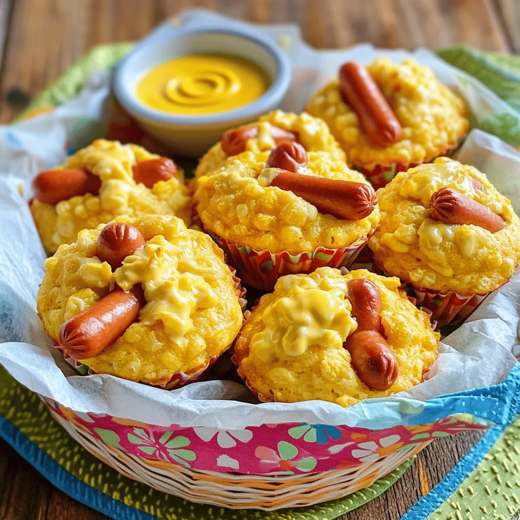 - 1 cup cornmeal - 1 cup all-purpose flour - 1 tablespoon baking powder - ½ teaspoon salt - 1 tablespoon sugar - 1 cup milk - 1 large egg - ¼ cup vegetable oil - 1 cup hot dog, diced - ½ cup shredded cheddar cheese - ¼ cup yellow mustard - Optional: chopped jalapeños For a vegetarian option, you can use veggie hot dogs. They work just as well in this recipe. If you need a gluten-free alternative, try using almond flour or a gluten-free flour blend. Both options keep the taste and texture delicious. When picking hot dogs, go for high-quality brands. Look for ones with fewer fillers and more meat. For any veggies, like jalapeños, choose ripe ones. They should feel firm and look bright. Fresh ingredients make your corn dog muffins taste even better. 1. Preheat the oven to 375°F (190°C). Grease a muffin tin or line it with muffin liners. 2. In a large bowl, mix the cornmeal, flour, baking powder, salt, and sugar. Stir well to blend the dry ingredients. 1. In another bowl, whisk together the milk, egg, and vegetable oil. Make sure it is well combined. 2. Pour the wet mixture into the dry mixture. Stir gently until just combined. Be careful not to over-mix; this keeps your muffins light. 1. Fold in the diced hot dogs, shredded cheddar cheese, and yellow mustard. If you like spice, add in the chopped jalapeños. 2. Divide the batter evenly in the muffin cups, filling each about ¾ full. 3. Bake for 15-18 minutes, or until the tops are golden brown. Check with a toothpick; it should come out clean. 4. Let the muffins cool in the tin for about 5 minutes. Then, transfer them to a wire rack to cool completely. For the full recipe, visit the main section. Enjoy these tasty treats warm! To make the best corn dog muffins, watch your mixing. Over-mixing can create dense muffins. Mix gently until the ingredients come together. This keeps them light and fluffy. Next, check for doneness. The muffins should be golden brown on top. Insert a toothpick into the center. If it comes out clean, they are ready. If not, bake a few more minutes. Use an oven thermometer. Ovens can be off by a few degrees. This small step ensures your muffins bake evenly. Set the oven to 375°F (190°C) for perfect results. Adjust the baking time for different ovens. Some cook faster or slower. Keep an eye on your muffins. This way, you can remove them at just the right time. Corn dog muffins shine with the right sauces. Try serving them with mustard or ketchup for dipping. You can also pair them with a side salad or coleslaw. These muffins are great for any occasion. Serve them at birthday parties, picnics, or game nights. They are fun and easy to share, making them a hit with friends and family. For the full recipe, check back to the ingredients section. {{image_2}} You can easily change the taste of your corn dog muffins. Adding spices can give them a nice kick. Try some paprika or cayenne for heat. You can also add garlic powder for extra flavor. These spices make your muffins more exciting! Different types of cheese can create unique flavors too. Cheddar is classic, but you can try pepper jack for spice. Mozzarella gives a gooey texture, while blue cheese adds a bold taste. Mix and match to find your favorite! If you follow a vegan diet, you can still enjoy corn dog muffins. Use a flaxseed meal mixed with water instead of an egg. Choose plant-based hot dogs and non-dairy milk. This way, you keep the flavor but make it vegan-friendly. For gluten-free options, swap regular flour for a gluten-free blend. Make sure the baking powder is gluten-free as well. These simple swaps let everyone enjoy these tasty muffins! Corn dog muffins can be fun and versatile. You can make sliders by cutting the muffins in half and adding toppings. Mini burgers or pulled pork go great with them! Try a muffin platter for parties. Serve them with different dips like mustard, ketchup, or BBQ sauce. Add veggies and fruits for a colorful display. This makes your meal fun and appealing! For the full recipe, check out the section above. To store your corn dog muffins, keep them in an airtight container. This helps keep them fresh. If you plan to eat them soon, store them at room temperature for up to three days. For longer storage, place them in the fridge. They can last up to a week in the fridge. To reheat your muffins, the oven is the best method. Preheat the oven to 350°F (175°C). Place the muffins on a baking sheet. Heat them for about 10-15 minutes. This keeps the texture and flavor intact. You can also use a microwave for quick reheating. Heat them for 20-30 seconds. This is fast but may make them a bit softer. Freezing corn dog muffins is easy. First, let them cool completely. Then, wrap each muffin in plastic wrap. After that, place them in a freezer bag. They can stay in the freezer for up to three months. To thaw, take them out and leave them in the fridge overnight. You can also reheat them straight from the freezer. Just add a few extra minutes to your reheating time. Enjoy your delicious corn dog muffins later! For the complete corn dog muffins recipe, check the Full Recipe. How to make corn dog muffins from scratch? To make corn dog muffins from scratch, use the Full Recipe above. Combine cornmeal, flour, baking powder, salt, and sugar in a bowl. In another bowl, mix milk, egg, and vegetable oil. Combine wet and dry ingredients. Fold in diced hot dogs and cheese, then bake. Can I use mini muffin tins instead? Yes, you can use mini muffin tins! Just reduce the baking time to about 10-12 minutes. Check for doneness with a toothpick. These bite-sized treats are perfect for parties. What can I use instead of egg? If you need an egg substitute, use 1/4 cup of unsweetened applesauce or mashed banana. You can also use 1 tablespoon of flaxseed mixed with 3 tablespoons of water. Let it sit for a few minutes to thicken. How long do corn dog muffins last? Corn dog muffins last about 3-5 days in the fridge. Store them in an airtight container to keep them fresh. For longer storage, freeze them for up to three months. Why are my muffins dense? Dense muffins often come from over-mixing the batter. Mix just until combined to keep them light. Also, ensure your baking powder is fresh and that you measure ingredients correctly. Can I bake these in an air fryer? Yes, you can bake corn dog muffins in an air fryer! Preheat the air fryer to 320°F (160°C). Cook for 10-12 minutes, checking for doneness. Enjoy a crispy outside with a soft inside. We covered how to make corn dog muffins, from ingredients to baking tips. You learned how to select fresh items and explore fun variations. The process is simple and perfect for any occasion. Remember, these muffins can be customized easily. Serve them with your favorite sauces for a tasty treat. When you store them well, they stay fresh longer. Don’t hesitate to try new flavors and methods. Enjoy your baking journey and impress everyone with your delicious corn dog muffins!