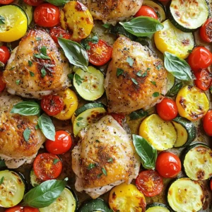 - 4 boneless, skinless chicken thighs - 2 medium zucchinis, sliced into half-moons - 1 red bell pepper, cut into strips - 1 yellow bell pepper, cut into strips - 1 cup cherry tomatoes, halved - 4 cloves garlic, minced - 3 tablespoons olive oil - 1 teaspoon dried oregano - 1 teaspoon dried thyme - 1 teaspoon smoked paprika - Salt and pepper to taste - Fresh basil leaves for garnish The main ingredients for this Mediterranean chicken and zucchini sheet pan dish bring vibrant colors and flavors. The chicken thighs are juicy and tender, while the zucchinis and peppers add crunch and sweetness. Cherry tomatoes pop with flavor, adding a lovely touch. For the seasoning, garlic, herbs, and spices create a robust flavor. Olive oil helps everything roast perfectly. The salt and pepper enhance all the natural tastes. You finish with fresh basil leaves for a bright, herbal note. You can find the full recipe that makes this dish a breeze to prepare. Each ingredient plays a vital role in creating a balanced and tasty meal. The combination of fresh veggies and seasoned chicken makes this sheet pan dinner a go-to for any night of the week. First, preheat your oven to 400°F (200°C). This step is key for even cooking. In a large bowl, mix together the olive oil, minced garlic, oregano, thyme, smoked paprika, salt, and pepper. This marinade adds flavor to the chicken. Next, add the chicken thighs and coat them well. Let the chicken sit for about 15 minutes. This allows the meat to absorb all those tasty flavors. Now, grab a large sheet pan. Spread the sliced zucchini, red bell pepper, yellow bell pepper, and cherry tomatoes evenly across the pan. Make sure they are well spaced for even roasting. Once the veggies are set, place the marinated chicken thighs right on top. Drizzle any leftover marinade over the vegetables. This extra touch enhances their flavor. Time to bake! Place the sheet pan in your preheated oven. Bake for 25-30 minutes. You’ll know it’s done when the chicken is fully cooked and the veggies are tender and slightly caramelized. Once out of the oven, let the dish rest for a few minutes. This helps the juices settle. Garnish with fresh basil leaves before serving. The basil brings a lovely freshness to this dish. You can find the full recipe in the earlier section. Enjoy your meal! To make the chicken truly shine, marinate it well. Mix the olive oil, garlic, herbs, and spices in a bowl. Add the chicken thighs and coat them fully. Let it sit for at least 15 minutes. This short wait allows the flavors to seep in. For roasting vegetables, cut them into uniform sizes. This helps them cook evenly. I love using zucchini, bell peppers, and cherry tomatoes. Toss them in olive oil, salt, and pepper. Layer them on the sheet pan before adding the chicken. This way, they absorb all that tasty chicken flavor as they cook. A heavy-duty sheet pan works best for this recipe. Look for one that can handle high heat. It should be large enough for the chicken and veggies without crowding. I recommend using parchment paper on the pan. It makes clean-up a breeze and prevents sticking. Just lay it down before adding your ingredients. You’ll appreciate this tip when it’s time to wash dishes. For a rustic feel, serve straight from the sheet pan. It adds charm and makes it easy to enjoy. You can also transfer the dish to a large platter. This makes it more festive for gatherings. A squeeze of fresh lemon juice adds brightness. Drizzle it on just before serving. It lifts the flavors and makes the dish pop. Fresh basil leaves are a great touch too. They add color and a burst of flavor. {{image_2}} You can switch up the veggies based on what’s in season. Try adding eggplant, asparagus, or even sweet potatoes. Each will give a new taste and texture. If you want to use a different protein, chicken thighs work great, but you can also use chicken breasts, turkey, or even shrimp. Just adjust the cooking time as needed. To spice things up, add fresh herbs like rosemary or parsley. These herbs brighten the dish and add depth. You can also sprinkle some chili flakes for a touch of heat. This small addition can change the whole vibe of your meal. Play around with these options to find your favorite mix. If you need a gluten-free meal, this dish is naturally gluten-free! Just check your spices for hidden gluten. For low-carb options, skip the zucchini and use cauliflower instead. If you want a vegetarian version, swap the chicken for chickpeas or tofu. These options keep the meal hearty and delicious. For the full recipe, check out the Mediterranean Chicken & Zucchini Delight. To store leftovers, let the dish cool down first. Place it in an airtight container. This keeps the meal fresh and safe to eat later. I recommend glass or BPA-free plastic containers. These options help maintain the taste and texture. For freezing, portion the meal in smaller containers. This makes it easier to thaw just what you need. Wrap each container tightly with plastic wrap, then foil. This prevents freezer burn. To thaw, place it in the fridge overnight. Reheat in the oven or microwave until hot. In the fridge, this dish lasts about 3 to 4 days. If you freeze it, it can stay fresh for up to 3 months. Always check for signs of spoilage before eating. What can I serve with Mediterranean Chicken & Zucchini Sheet Pan? You can serve this dish with rice or couscous. A fresh salad pairs well too. A side of crusty bread is perfect for soaking up the juices. Can I use other cuts of chicken for this recipe? Yes, you can use chicken breasts or drumsticks. Adjust the cooking time as needed. Breasts may cook faster, while drumsticks take longer. How do I know when the chicken is cooked through? Check the internal temperature with a meat thermometer. It should reach 165°F (75°C). The juices should run clear, not pink. Can I prep this meal in advance? Absolutely! You can marinate the chicken and chop the veggies the night before. Store them in the fridge until you're ready to cook. Can I replace zucchini with other vegetables? Yes, you can use bell peppers, carrots, or asparagus. Choose veggies that roast well. Just cut them evenly for even cooking. What can I use instead of olive oil? If you don’t have olive oil, use avocado oil or canola oil. Both will work well in the marinade and roasting. For the full recipe, check out the Mediterranean Chicken & Zucchini Delight. This blog post guides you through a simple yet tasty Mediterranean chicken and zucchini dish. You learned about key ingredients like chicken thighs, zucchinis, and colorful bell peppers. I shared easy steps for prep, cooking tips for flavor, and ideas for variations. You have options for storage and answers to common questions. In the end, cooking should be fun and adaptable. Feel free to make this recipe your own. Enjoy every bite!