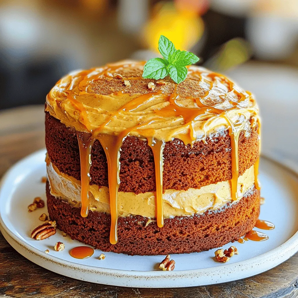 - 2 cups all-purpose flour - 1 ½ teaspoons baking powder - 1 teaspoon baking soda - 1 teaspoon ground cinnamon - ½ teaspoon ground nutmeg - ½ teaspoon ground ginger - ½ teaspoon salt - 1 cup granulated sugar - ½ cup brown sugar, packed - 1 cup vegetable oil - 4 large eggs - 1 cup canned pumpkin puree - 1 teaspoon vanilla extract - 8 oz cream cheese, softened - ½ cup unsalted butter, softened - 2 cups powdered sugar - ½ cup caramel sauce - A pinch of sea salt Gathering the right ingredients is key to making this pumpkin cake shine. You start with the dry ingredients. The blend of flour, baking powder, baking soda, and spices creates a warm, inviting aroma. The sugar adds sweetness, while the pumpkin puree gives moisture and flavor. Next, we have wet ingredients. The combination of granulated sugar and brown sugar makes the cake moist and rich. The vegetable oil keeps it soft, and eggs add structure. Canned pumpkin puree provides the beloved pumpkin flavor. Don't forget the vanilla extract for that extra touch. Finally, we prepare the frosting. Cream cheese and butter combine for a creamy base. Add powdered sugar to sweeten the mix, and caramel sauce brings in that delightful sweetness. The pinch of sea salt balances the flavors. You can find the full recipe to see how these ingredients come together perfectly! - Preheat the oven to 350°F (175°C). - Grease and flour two 9-inch round cake pans. Getting the oven ready is the first step. This ensures your cake rises and bakes evenly. Greasing and flouring the pans helps prevent sticking. Use a bit of butter or oil to grease, and flour works great for dusting. - Combine dry ingredients in a bowl. - Mix sugars and oil in a separate bowl. In a medium bowl, mix the dry ingredients. This includes the flour, baking powder, baking soda, spices, and salt. Whisk them well to break up lumps. In another large bowl, combine the granulated sugar, brown sugar, and vegetable oil. Use an electric mixer to blend them until smooth. This gives your cake a nice, sweet flavor. - Add eggs and pumpkin, combine well. - Gradually mix in dry ingredients, then bake for 25-30 minutes. Now, add the eggs one at a time to the sugar mixture. Mix well after each addition. Then add in the pumpkin puree and vanilla extract. This adds moisture and flavor. Gradually add the dry ingredients to this mixture. Use a spatula to fold it gently. This helps keep your cake fluffy. Pour the batter into the prepared pans and smooth the tops. Bake them for 25-30 minutes. To check if they are done, insert a toothpick in the center. If it comes out clean, your cakes are ready! Let them cool in the pans for about 10 minutes before moving them to wire racks. This helps them cool completely and makes it easier to frost. For the complete recipe, be sure to check out the Full Recipe section. To make a fluffy pumpkin cake, avoid over-mixing. When you combine the wet and dry ingredients, be gentle. Just mix until you see no dry flour. Also, using room temperature ingredients is key. If your eggs and pumpkin puree are warm, they blend better, making your cake rise well. For a smooth frosting, use softened cream cheese and butter. This helps the frosting blend nicely. If your frosting is too soft, chill it for a short time. This makes it easier to spread on the cake without dripping. Serve your cake slices on white plates. The bright color of the cake stands out against white. Drizzle caramel sauce over each slice for an added touch. You can also garnish with fresh mint leaves. They add a nice pop of color and freshness. For extra flair, sprinkle some crushed nuts or cinnamon on top. These small touches make your cake look and taste fantastic. For the complete recipe, check out the Full Recipe. {{image_2}} You can make your pumpkin cake even tastier! To do this, add more cinnamon or nutmeg. Just a teaspoon more can boost the flavor. If you enjoy deeper spices, incorporate some ground cloves. This spice adds warmth and richness that pairs well with pumpkin. Want to make a healthier version of this cake? Substitute brown sugar with coconut sugar. This swap gives you a lower glycemic index and a hint of caramel flavor. You can also use Greek yogurt instead of cream cheese for the frosting. This change adds protein and cuts some fat while keeping it creamy. Add-ins can make your cake special! You might include chopped nuts, like walnuts or pecans, right in the batter. They add crunch and flavor. You can also toss in chocolate chips for a sweet twist. For a fun finish, top your cake with grated chocolate or toffee bits. These will give your cake extra texture and make it even more delightful. For the complete recipe, check out the Full Recipe. You can keep leftover pumpkin cake in an airtight container. It will stay fresh at room temperature for up to 2 days. If you want to keep it longer, refrigerate it. The cake will last in the fridge for up to a week. Just make sure to seal it well to keep the moisture in. If you have more cake than you can eat, freezing is a great option. Wrap each layer of the cake in plastic wrap. This will help keep it fresh. You can freeze them for up to 3 months. When you’re ready to enjoy the cake again, thaw the layers in the fridge. Let them warm up before frosting and serving for the best taste. If you want a warm slice of cake, reheating is easy. You can microwave individual slices for a few seconds. This warms the cake without drying it out. If you prefer, you can also warm it briefly in the oven. Just pop it in at a low heat. This will help refresh the cake's texture, making it taste freshly baked again. For the full recipe, check out the Pumpkin Spice Delight Cake. Yes, but ensure it is well-pureed and drained of excess moisture. Fresh pumpkin can bring a vibrant flavor to your cake. Start with a small pumpkin, roast it, and scoop out the soft flesh. Blend it until smooth. This step helps achieve the right texture in your cake. Add more powdered sugar gradually until the desired consistency is reached. Start with half a cup and mix it in well. If it’s still too thin, keep adding until you get that fluffy, thick texture. This icing should hold its shape well on the cake. Store-bought works well, but homemade caramel can enhance flavor. If you have time, try making your own. It’s simple and offers a deeper taste. Just melt sugar, add cream, and stir until smooth. Homemade caramel adds a special touch to your frosting. Substitute flour with a gluten-free blend for a gluten-free version. Many blends work well, but make sure to check for a mix that contains xanthan gum. This will help with the texture and keep your cake moist and delicious. This blog post covers a tasty cake recipe from start to finish. We discussed the dry and wet ingredients needed, and how to mix and bake the cake perfectly. I shared tips to keep your cake fluffy and how to create smooth frosting. You can make fun variations to suit your taste and enjoy easy storage tips for leftovers. Try this recipe for a delightful dessert. Simple steps make tasty results. Happy baking!