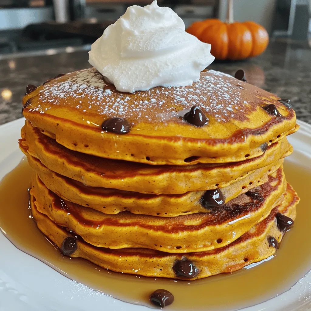 To make my pumpkin chocolate chip pancakes, you need a few simple ingredients. Here’s the list: - 1 cup all-purpose flour - 1 tablespoon baking powder - 1 teaspoon ground cinnamon - 1/2 teaspoon ground nutmeg - 1/4 teaspoon ground ginger - 1/2 teaspoon salt - 1 cup canned pumpkin puree - 1 cup buttermilk (or milk with vinegar) - 2 large eggs - 2 tablespoons brown sugar - 1 teaspoon vanilla extract - 1/2 cup chocolate chips - Butter or oil for cooking These ingredients bring together a warm, cozy flavor. Pumpkin puree gives the pancakes a soft texture. The spices add warmth and aroma, while the chocolate chips lend a sweet touch. You can find canned pumpkin puree in the store, or make your own if you feel adventurous. Each ingredient plays a part in making this dish fluffy and delicious. For the full recipe, check out the details above. - First, sift the flour and baking powder into a bowl. - Next, combine the spices: cinnamon, nutmeg, ginger, and salt. This step ensures everything mixes well. Sifting adds air and makes the flour lighter. Mixing the spices adds flavor. - In another bowl, combine the pumpkin puree, buttermilk, and eggs. - Whisk in the brown sugar and vanilla extract. These wet ingredients bring moisture and taste. Pumpkin adds a lovely color and flavor. Buttermilk gives a nice tang. - Fold the wet ingredients into the dry ingredients gently. - Carefully incorporate the chocolate chips. Do not overmix! A few lumps are okay. Folding keeps the pancakes fluffy and light. - Heat a non-stick skillet over medium heat and add butter or oil. - Pour 1/4 cup of batter for each pancake. Cook until bubbles form. - Flip the pancakes and cook until golden brown. Watch for bubbles! This means they are ready to flip. Cooking at medium heat helps them cook evenly. For the full recipe, check the ingredients section. Enjoy your cooking! To make your pancakes fluffy, avoid overmixing the batter. Mix it gently until just combined. Lumps are okay; they help with the fluffiness. If the batter seems too thick, add a bit more buttermilk. This helps create a light and airy texture. Use a non-stick skillet for easy flipping. It makes cooking less stressful. Keep the heat at medium. This helps cook the pancakes evenly and prevents burning. If the heat is too high, the outside will cook too fast while the inside stays raw. Drizzle warm maple syrup over the pancakes for added sweetness. A light dusting of powdered sugar also looks great. For extra joy, top with whipped cream or more chocolate chips. This adds flavor and makes your plate look beautiful. For the full recipe, refer to the detailed instructions above. {{image_2}} You can easily make these pancakes dairy-free. Just swap buttermilk for almond or oat milk. Both options work well and keep the pancakes soft. This change helps those with lactose intolerance enjoy the dish. Want to change things up? Add nuts or dried fruits to the batter. Walnuts, pecans, or raisins bring great texture and taste. You can also experiment with different spices. Try adding cloves or allspice for a warm, cozy flavor. A pinch of cardamom can also add a nice twist. To make breakfast even better, layer your pancakes with yogurt and fruit. Greek yogurt adds protein and creaminess. Fresh berries or sliced bananas make it colorful and tasty. This way, you create a nutritious breakfast stack that looks as good as it tastes. Enjoy your pumpkin chocolate chip pancakes with these fun variations! For the full recipe, click here. To keep leftover pancakes fresh, store them in the fridge. Place them in an airtight container. This helps to keep them soft and yummy. They can last for about three to four days. When you want to eat them, reheat in the microwave. Heat for about 20-30 seconds. You can also warm them in a skillet over low heat for a nice crisp outside. Freezing pancakes is a great way to save time. First, let them cool completely. Stack the pancakes with a piece of parchment paper between each one. This prevents them from sticking. Then, place the stack in a freezer bag. Squeeze out the air before sealing it. Pancakes can stay fresh in the freezer for up to two months. To thaw, simply take them out and let them sit at room temperature for a bit. You can also microwave them for about a minute. To keep your canned pumpkin fresh, store it in the fridge once opened. Use a tight lid or plastic wrap. It should be used within five to seven days. For chocolate chips, keep them in a cool, dry place. An airtight container works best. This will keep them from going stale. If you have leftover chocolate chips, you can also freeze them. Just place them in a bag and remove the air. That way, they stay fresh for baking later on. For the Full Recipe of Pumpkin Chocolate Chip Pancakes, refer to the earlier section. Yes, you can easily make these pancakes vegan. To replace the eggs, use one of these: - 1/4 cup unsweetened applesauce - 1/4 cup mashed banana - 1 tablespoon ground flaxseed mixed with 3 tablespoons water For the buttermilk, swap it with plant-based milk. Add 1 tablespoon of vinegar to 1 cup of almond or oat milk. Let it sit for five minutes before mixing it into the batter. These swaps keep the pancakes tasty and fluffy. To make pancakes gluten-free, use a gluten-free flour blend. You can try these options: - Almond flour - Coconut flour - Oat flour You may need to adjust the liquid in the recipe. Gluten-free flours often absorb more moisture. Start by adding a little extra buttermilk or water to get the right pancake batter consistency. If you don’t have pumpkin puree, here are good substitutes: - Sweet potato puree - Butternut squash puree - Applesauce If you use applesauce, your pancakes will be sweeter. Adjust the brown sugar in the recipe to taste. Each option can change the flavor slightly but still makes for a delightful pancake. These pancakes last for about three days in the fridge. Store them in an airtight container. For best results, place a piece of parchment paper between each pancake. This prevents them from sticking together. Reheat in the microwave or a skillet before serving. These pumpkin pancakes are easy to make and fun to enjoy. We covered all the key ingredients and steps for perfect pancakes. You can customize them with different flavors or toppings. Storing leftovers is simple, so you can enjoy them later. Remember, the right cooking tips help make them fluffy and delicious. Keep experimenting with your pancake creations. You’ll find a new favorite in no time! Enjoy cooking and sharing these treats with others!