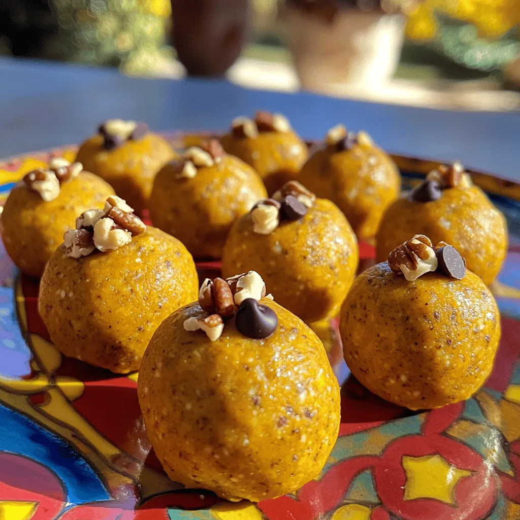 To create these tasty pumpkin protein balls, you need simple ingredients. Here is what to gather: - 1 cup canned pumpkin puree - 1/2 cup rolled oats - 1/2 cup almond butter (or any nut butter of choice) - 1/4 cup honey or maple syrup - 1/4 cup vanilla protein powder - 1 teaspoon cinnamon - 1/2 teaspoon nutmeg - 1/4 teaspoon salt These ingredients blend well to create a smooth, flavorful mix. The pumpkin puree gives moisture and taste. The oats add fiber and texture. The nut butter adds healthy fats and protein, while the honey or maple syrup sweetens the mix. You can customize your pumpkin protein balls with optional add-ins. Consider adding: - 1/4 cup chopped nuts (e.g., walnuts or pecans) - 1/4 cup mini chocolate chips Chopped nuts give a nice crunch. Mini chocolate chips add a sweet touch that many love. Feel free to mix and match based on your taste. Each ingredient in the pumpkin protein balls offers great nutrition. Here’s a quick look: - Canned pumpkin puree: Low in calories, high in fiber, and packed with vitamins. - Rolled oats: Great source of whole grains and fiber. - Almond butter: Contains healthy fats and protein. - Honey or maple syrup: Natural sweeteners that provide energy. - Vanilla protein powder: Boosts protein content for muscle repair. - Cinnamon and nutmeg: Add flavor and have anti-inflammatory properties. - Salt: Enhances taste. This mix makes a balanced snack. You get protein, healthy fats, and fiber, all in one delicious bite. For the complete recipe, check out the [Full Recipe]. To start, gather your ingredients. You will need: - 1 cup canned pumpkin puree - 1/2 cup rolled oats - 1/2 cup almond butter (or any nut butter of choice) - 1/4 cup honey or maple syrup - 1/4 cup vanilla protein powder - 1 teaspoon cinnamon - 1/2 teaspoon nutmeg - 1/4 teaspoon salt - 1/4 cup chopped nuts (e.g., walnuts or pecans) - 1/4 cup mini chocolate chips (optional) In a large bowl, mix the canned pumpkin puree, almond butter, and honey or maple syrup. Stir until it's smooth. Next, add the rolled oats, protein powder, cinnamon, nutmeg, and salt. Mix everything well to combine all the flavors. Then, fold in the chopped nuts and chocolate chips if you want some sweetness. Once your mixture is ready, it’s time to shape it into balls. Use your hands to scoop small portions of the mixture. Roll them into bite-sized balls, about 1 inch wide. This step is fun and lets you feel the texture of your snack. Place the rolled protein balls on a baking sheet lined with parchment paper. After rolling all the balls, you need to chill them. Refrigerate the protein balls for at least 30 minutes. This helps them firm up, making them easier to eat. Once chilled, store the pumpkin protein balls in an airtight container in the fridge. They stay fresh for up to a week. You can find the full recipe above if you need to refer back to it. Enjoy your delicious and healthy snack! When making pumpkin protein balls, start with a large bowl. First, mix the canned pumpkin puree, almond butter, and honey. Stir until smooth. This step is key to a good blend. After that, add the dry ingredients. Mix these gently to avoid clumps. Use a spatula to fold in the nuts and chocolate chips. This keeps the texture light and airy. To get the right texture, your mixture should be moist but not sticky. If it's too wet, add more oats or protein powder. If it's too dry, a splash of milk or more nut butter can help. The balls should hold their shape but not fall apart. Practice rolling them gently with your hands. Aim for bite-sized pieces, about one inch in diameter. Serving your pumpkin protein balls can be fun! Use a colorful platter to make them pop. Sprinkle extra chopped nuts or chocolate chips around them for a festive touch. Small paper cups are perfect for portioning. They make it easy to grab a snack. For a holiday twist, add some fall-themed decorations. These small details make your dish memorable. {{image_2}} You can make pumpkin protein balls even more fun by adding flavors. If you love chocolate, mix in mini chocolate chips or cocoa powder. For a nutty taste, use peanut butter instead of almond butter. You can also try almond extract for a sweet twist. Each change gives a new taste to enjoy! Dietary needs are important. If you are gluten-free, use certified gluten-free oats. For nut allergies, try sunflower seed butter. Maple syrup is a great swap for honey if you want a vegan option. Always check labels for any hidden allergens. These swaps let everyone enjoy the snack! Seasonal ingredients can add a fresh touch. In fall, mix in dried cranberries for a tart flavor. During summer, shredded coconut can give a tropical vibe. You can also fold in pumpkin seeds for a crunchy texture. These additions keep the snack exciting and full of seasonal flavor. Try these variations to make your pumpkin protein balls unique and tasty! For the full recipe, please refer to the recipe section above. To keep your pumpkin protein balls fresh, place them in an airtight container. This helps hold in moisture and flavor. Store them in the fridge. They stay tasty and safe to eat this way. If you want them to last longer, consider freezing them. When you store pumpkin protein balls in the fridge, they can last up to a week. If you freeze them, they can stay good for about three months. To freeze, place the balls on a tray, freeze them for a few hours, then transfer them to a container or freezer bag. This method prevents them from sticking together. If you have leftover pumpkin protein balls, use them in different ways. Crumble them over yogurt or oatmeal for a tasty breakfast. You can also add them to smoothies for a protein boost. They make great toppings for desserts too! With a little creativity, you can enjoy them in new, fun ways. To make vegan Pumpkin Protein Balls, swap the honey for maple syrup. Use a plant-based protein powder. Choose any nut butter that fits your diet. The rest of the ingredients can stay the same. This way, you keep all the flavor and nutrients. Vegan protein balls still taste great! Pumpkin is low in calories and high in fiber. It helps with digestion and can keep you full. Pumpkin is also rich in vitamins A and C. These vitamins boost your immune system. Plus, pumpkin has antioxidants that fight free radicals. Eating pumpkin helps support eye health, too. Yes, you can use any nut butter you like! Almond butter, peanut butter, and cashew butter work great. Each nut butter adds its unique flavor. Just make sure your choice is smooth and creamy. This helps the mixture blend well. You can even try seed butters if you want a nut-free option. In this blog post, we explored how to make pumpkin protein balls. You learned about key ingredients, various add-ins, and their nutritional benefits. We outlined clear steps for preparation, rolling, and chilling your treats. I shared tips for mixing, texture, and serving. We also discussed flavor variations and how to store your protein balls for the long term. By following these steps, you can create tasty and healthy snacks. Enjoy your pumpkin protein balls as a nutritious treat any time!