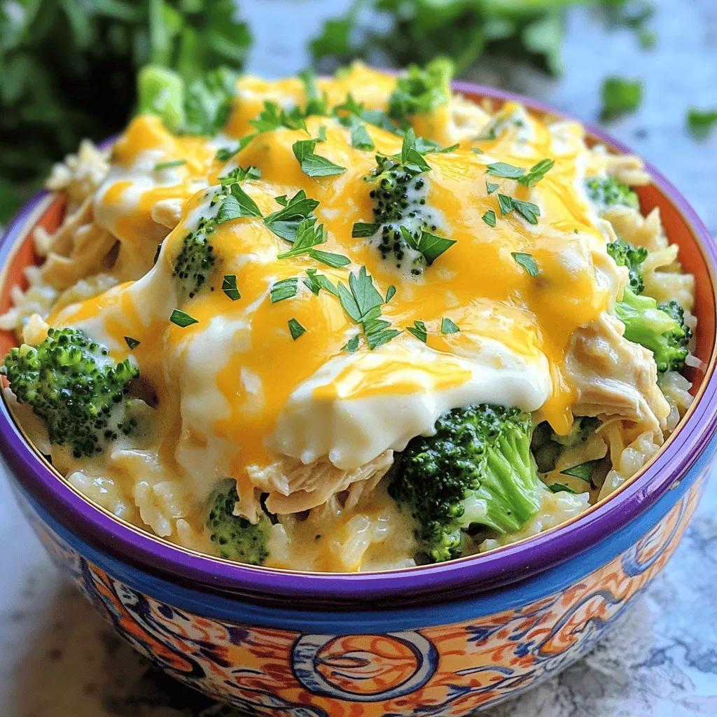- 1 lb boneless, skinless chicken breasts - 2 cups broccoli florets (fresh or frozen) - 1 cup uncooked brown rice - 4 cups chicken broth - 1 cup shredded cheddar cheese - 1/2 cup cream cheese, softened - 1 teaspoon garlic powder - 1 teaspoon onion powder - Salt and pepper to taste - 2 tablespoons olive oil (optional) To make this dish shine, you need fresh and simple ingredients. Boneless chicken breasts serve as the main protein. They cook well in the crockpot and stay juicy. Broccoli adds color and nutrition, while brown rice gives a hearty base. For flavor, chicken broth is key. It keeps everything moist and tasty. Cream cheese and cheddar cheese bring the creamy goodness. Garlic and onion powders add depth, and salt and pepper tie it all together. If you want to add extra flavor, a bit of olive oil can work wonders too. You can find the full recipe [here](#). Gather your ingredients, and let’s get cooking! Start by deciding if you want to sear the chicken. Searing adds great taste. In a skillet, heat olive oil over medium heat. Cook the chicken for 3 to 4 minutes on each side until it is lightly brown. If you are short on time, you can skip this step. Next, place the chicken in the bottom of the crockpot. Add the uncooked brown rice evenly over the chicken. Then, layer the broccoli florets on top of the rice. This order helps all the flavors mix well. Now it’s time to make the broth. In a bowl, combine 4 cups of chicken broth with 1 teaspoon of garlic powder and 1 teaspoon of onion powder. Add salt and pepper to taste. Stir the mixture well to blend the flavors. Pour this broth mix over the chicken, rice, and broccoli in the crockpot. This will soak into the rice as it cooks. Set your crockpot to cook on low for 4 to 6 hours or on high for 2 to 3 hours. The chicken should be cooked through, and the rice will be tender. When done, take the chicken out and shred it with two forks. Return the shredded chicken to the pot. Stir in the cream cheese and 1 cup of shredded cheddar cheese. Mix it all until it becomes creamy and well combined. Taste and adjust the seasoning with salt and pepper as needed. Enjoy your delicious cheesy chicken broccoli rice! For the complete recipe, check out the Full Recipe section. Searing the chicken adds rich flavor. It creates a nice crust that locks in juices. If you’re in a hurry, you can skip this step. The dish will still taste great without it. After cooking, always taste the dish. You might want to add more salt or pepper. Adjusting the seasoning makes a big difference. This cheesy chicken broccoli rice pairs well with simple sides. A fresh salad is a great choice. You can also serve it with crusty bread for dipping. For presentation, use a colorful bowl. A sprinkle of cheese and fresh parsley adds flair. A lovely plate makes the meal feel even more special. {{image_2}} You can easily change this dish by swapping out some ingredients. - Using different cheeses: Try mozzarella for a milder taste, or pepper jack for some heat. Each cheese gives a new twist to the dish. - Substituting brown rice with white rice or quinoa: White rice cooks faster than brown rice. Quinoa adds a nutty flavor and boosts protein. Both options work well in this recipe. Want to add more nutrition and flavor? Toss in some extra veggies! - Bell peppers: These add sweetness and crunch. Chop them up and mix them in with the broccoli. - Carrots: Slice them thin and add them for a pop of color and earthiness. They also soften nicely in the crockpot. These swaps and extras can make your meal unique every time you make it. For more detailed instructions, check out the Full Recipe. To keep your Crockpot Cheesy Chicken Broccoli Rice fresh, follow these steps: - Cool Down: Let the dish cool to room temperature first. - Use Airtight Containers: Store leftovers in airtight containers. This keeps moisture in and air out. - Refrigerate: Place the containers in the fridge. Enjoy leftovers within 3 to 4 days. - Freezing: You can freeze leftovers too. Use freezer-safe containers or bags. They last for up to 3 months. When it’s time to enjoy your leftovers, here’s how to reheat them: - Microwave: Place a serving in a microwave-safe bowl. Cover with a lid or microwave-safe wrap. Heat on medium power for 2-3 minutes, stirring halfway through. - Stovetop: Heat in a skillet over medium heat. Add a splash of water or broth to help it warm up nicely. Stir until heated through. These methods keep the dish creamy and cheesy, just like when you first made it. For more tips, check out the Full Recipe! Yes, you can use frozen chicken. Just add about an hour to the cooking time. If you use frozen chicken, it will cook well in the crockpot. Make sure to check if it is fully cooked before serving. Always aim for an internal temperature of 165°F. This way, you can enjoy a safe and tasty meal. To make this dish low-carb, swap the brown rice for cauliflower rice. Cauliflower rice is a great substitute. It has fewer carbs and still adds texture. You can also cut back on the cream cheese for a lighter option. This change keeps the dish creamy while lowering the carbs. If you want to substitute cream cheese, try sour cream or Greek yogurt. Both give a creamy texture. You can also use ricotta cheese for a different flavor. These options keep the dish delicious and rich. Make sure to use the same amount to keep the balance right. This blog post covers a hearty and tasty Crockpot Cheesy Chicken Broccoli Rice dish. We explored the main and additional ingredients that make it shine. You learned how to prepare, cook, and serve it perfectly. Plus, we shared tips to enhance flavor and texture. Remember, you can customize this dish to fit your taste with different cheeses or veggies. I hope you feel inspired to try this simple recipe. Enjoy your cooking journey and savor every bite.