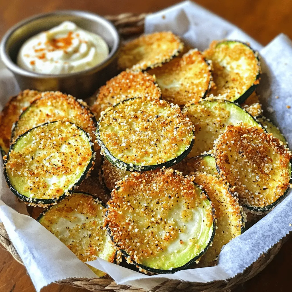 To make the best crunchy zucchini chips, here are the essential ingredients you'll need: - 2 medium zucchinis - 1 cup breadcrumbs (panko for extra crunch) - 1/2 cup grated Parmesan cheese - 1 teaspoon garlic powder - 1 teaspoon onion powder - 1 teaspoon paprika - 1/2 teaspoon salt - 1/4 teaspoon black pepper - 2 large eggs - Cooking spray or olive oil for drizzling Choosing the right zucchinis is key to great chips. Look for firm, bright green zucchinis. They should feel heavy for their size. Avoid ones with soft spots or blemishes. For breadcrumbs, I recommend using panko. Panko gives a great crunch! Regular breadcrumbs work too, but they may not be as crispy. Each serving of these zucchini chips has about: - 150 calories - 7 grams of fat - 9 grams of carbs - 5 grams of protein - Vitamins A and C for added health benefits Enjoy these chips guilt-free as a tasty snack! For the full recipe, check the section above. To start, wash the zucchinis under cool water. Trim the ends off each zucchini. Slice them into thin rounds, about 1/8 inch thick. Use a sharp knife for clean cuts. Pat the slices dry with a paper towel. This step helps them get crispier in the oven. Next, you need to coat the zucchini slices. In one bowl, whisk two large eggs until they are well beaten. In another shallow dish, mix the breadcrumbs, Parmesan cheese, garlic powder, onion powder, paprika, salt, and black pepper. Dip each zucchini slice in the egg. Let any extra egg drip off. Then, coat it in the breadcrumb mixture. Press gently to make sure the crumbs stick well. Now, it's baking time! Preheat your oven to 225°F (110°C). Line two baking sheets with parchment paper. Arrange the coated zucchini slices in a single layer on the sheets. Make sure they don’t overlap. This helps them bake evenly. Lightly spray the tops with cooking spray or drizzle with olive oil for an extra crunch. Bake them for 2-3 hours or until they turn golden brown and crispy. Remember to flip the slices halfway through baking. This ensures even cooking and crispiness on both sides. When your zucchini chips are done, let them cool for a few minutes on the baking sheets. Then, transfer them to a wire rack to cool completely. For a fun presentation, serve the chips in a rustic basket lined with parchment paper. Pair them with a side of garlic aioli or your favorite dipping sauce. Enjoy your crunchy snack! To get those perfect crunchy zucchini chips, moisture removal is key. I like to slice zucchinis into thin rounds, about 1/8 inch thick. After slicing, I pat them dry with a paper towel. This step is simple but crucial for crispiness. You can also sprinkle a bit of salt on the slices and let them sit for about 20 minutes. This helps draw out even more water. When it comes to your oven, set it to 225°F (110°C) for the best results. Low and slow baking ensures even cooking and maximum crunch. Baking at this temperature allows the moisture to escape without burning the chips. One common mistake is overcrowding the baking sheet. When you place too many zucchini slices together, they steam instead of bake. Make sure to arrange them in a single layer with space in between. This allows hot air to circulate and helps them crisp up nicely. Another mistake is skipping the egg wash process. The egg helps the breadcrumbs stick better. If you miss this step, the coating can fall off during baking. Dip each slice into the beaten eggs before coating it in breadcrumbs. For extra flavor, consider adding spices and herbs to your breadcrumb mix. Garlic powder and paprika add a nice kick, but you can experiment with your favorites. Try adding cayenne for heat or Italian seasoning for a classic touch. Fresh herbs like thyme or rosemary also work well. Don't be afraid to mix and match! {{image_2}} To keep things fun, try different seasonings on your zucchini chips. Here are some tasty ideas: - Italian Blend: Use oregano, basil, and Parmesan cheese. - Spicy Mix: Add cayenne pepper and chili powder for heat. - Sweet and Savory: Mix cinnamon and a hint of sugar for a unique twist. You can also use different coatings. Instead of breadcrumbs, try crushed cashew nuts for a nutty flavor. For vegan options, use chickpea flour instead of eggs. This keeps the chips crisp while making them plant-based. If you want to change up how you cook, try these methods: - Air Fryer: This method cooks the chips quickly. Set your air fryer to 375°F (190°C). Place the coated zucchini slices in a single layer. Cook for about 10 to 12 minutes, flipping halfway through. - Pan-Frying: For a fast snack, heat oil in a pan over medium heat. Fry the coated slices for 2-3 minutes on each side until golden brown. This method gives a nice crunch, but be sure to watch them closely. Zucchini chips taste great with dips. Here are some of my favorites: - Garlic Aioli: This creamy dip adds a rich flavor. - Salsa: A fresh, zesty option that adds a kick. - Hummus: This smooth dip brings a nice balance to the crunchy chips. Check out the Full Recipe for step-by-step details on making these delicious zucchini chips! To keep your zucchini chips crunchy, start with a cool, dry place. Store them in an airtight container. This helps keep moisture out. If you have leftovers, wait until they are fully cooled before putting them away. For best results, use glass or plastic containers with tight lids. Avoid paper bags; they let air in, which makes chips soft. If you want to save some chips for later, freezing is a great option. First, let the chips cool completely. Then, place them in a single layer on a baking sheet. Freeze for about one hour. After that, transfer the chips to a freezer-safe bag. This way, they won’t stick together. Label the bag with the date, and use them within three months for the best taste. To bring back the crunch, you can reheat your chips. Preheat your oven to 350°F (175°C). Spread the chips on a baking sheet in a single layer. Heat for about 5 to 10 minutes. Keep an eye on them to avoid burning. This will help restore their crispy texture, making them tasty again! You can use several methods for coating zucchini chips without breadcrumbs. One option is to use finely ground nuts, like almonds or cashews. They add flavor and crunch. Another method is to use a mix of grated cheese and spices. This also gives a nice flavor. You can even try using cornmeal or crushed rice cereal for a gluten-free option. These alternatives can work just as well and may even add unique flavors to your chips. Yes, a dehydrator works great for zucchini chips. Start by slicing the zucchinis thinly, just like in the oven method. You want them about 1/8 inch thick. Pat them dry to remove moisture. Then, season them with salt or your favorite spices. Lay the slices in a single layer on the dehydrator trays. Set it to 125°F (52°C) and let them dry for about 6 to 10 hours. Check them every few hours. They are done when they are crisp and snap easily. There are a few reasons your zucchini chips may not be crispy. First, if the zucchini slices are too thick, they won't dry out properly. Aim for thin, even slices. Another common issue is moisture. Make sure to pat the slices dry before coating them. If you overcrowd the baking sheet, the chips will steam instead of bake. Lastly, not baking them long enough can leave them chewy. Bake until they turn golden brown for the best crunch. In this post, we covered how to make crispy zucchini chips. You learned about key ingredients, like fresh zucchinis and different breadcrumb types. I shared step-by-step prep and baking techniques for the perfect crunch. We discussed tips to avoid common mistakes and explored fun variations. Finally, I provided storage methods to keep your chips fresh. Try these tips and enjoy your crispy snacks!