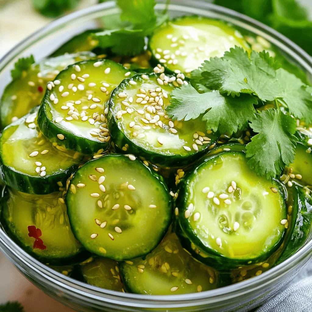 To make Asian pickled cucumbers, gather these key ingredients: - 2 large English cucumbers - Rice vinegar - Soy sauce - Sugar - Sesame oil These ingredients work together to create a bright and tangy flavor. English cucumbers are perfect because they have fewer seeds and a crisp texture. You can add a few optional ingredients to enhance the flavor: - Fresh herbs like cilantro or mint - Additional spices, such as chili flakes or black sesame seeds These add-ins can give your pickles a unique twist. Feel free to experiment! You'll need a few simple tools to prepare your pickled cucumbers: - Bowls and utensils for mixing - A jar or airtight container for storage Using the right equipment helps ensure your cucumbers stay fresh and flavorful. Remember, a clean jar is key to safe storage. For the complete step-by-step guide, check out the Full Recipe. First, take your two large English cucumbers. Slice them thinly. Place the cucumber slices in a big bowl. Add one teaspoon of salt. Toss them well, so the salt coats all the slices. Let them sit for about 15 minutes. This step draws out the moisture, which makes the cucumbers crunchier. After 15 minutes, rinse the cucumbers under cold water. This removes the excess salt. Drain them well in a colander. You want to get rid of all the water. This helps the flavors of the pickling mixture stick better. While the cucumbers rest, grab a separate bowl. Combine half a cup of rice vinegar, a quarter cup of granulated sugar, one tablespoon of soy sauce, and one tablespoon of sesame oil. Add one teaspoon of grated ginger and two cloves of minced garlic. For a kick, include one teaspoon of red pepper flakes. Whisk these ingredients until the sugar dissolves completely. Mixing well ensures that all flavors blend together for a tasty pickle. This pickling mixture is what makes your cucumbers so flavorful! Now, it’s time to mix everything. Add the drained cucumbers into the bowl with the pickling liquid. Stir gently to coat each cucumber slice evenly. You want to make sure every piece gets that delicious flavor. Once mixed, transfer the cucumber mixture to a clean jar or an airtight container. Ensure the cucumbers are submerged in the liquid. This helps them pickle evenly. Sprinkle one tablespoon of sesame seeds on top for extra crunch. Seal the jar tightly and place it in the fridge. Let the cucumbers sit for at least two hours, but overnight gives the best flavor. You can find the full recipe [here]. Enjoy your Asian pickled cucumbers as a refreshing side dish! Marinating your cucumbers is key. The longer they sit, the better the flavor. Aim for at least two hours. For the best taste, let them chill overnight. This will let the flavors meld perfectly. Layering flavors is also important. Use fresh ingredients like garlic and ginger. These add depth to your pickles. Combine them well with the vinegar and sugar. Each bite should burst with taste. Want a kick? Red pepper flakes are your friend. They enhance the flavor without overwhelming it. If you like it spicier, add more flakes. You can also try chili oil for a different heat. Experiment with heat to find your sweet spot. Start with a small amount and adjust based on your taste. Remember, it’s easier to add than to take away! Asian pickled cucumbers pair well with many dishes. They are great as a side with rice or noodles. You can also serve them on top of grilled meats. Their crunch adds a nice texture to any meal. Get creative! Use them in salads or as a topping for tacos. You can even make a simple sandwich more exciting with these pickles. They bring brightness and freshness to your plate. For the complete recipe, check out the Full Recipe. {{image_2}} You can play with sweet and spicy flavors in your Asian pickled cucumbers. If you love sweetness, add more sugar. Try 1/4 cup instead of 1/8 cup for a sweeter bite. On the other hand, if you want some heat, add chili oil. Just a tablespoon can give your cucumbers a nice kick. Adjust the spice to match your taste. Vinegar is key to great pickles. While rice vinegar is classic, you can try others. Apple cider vinegar adds fruity notes, while white vinegar gives a sharper taste. Each type changes the flavor. Experiment and see what you like best! Asian cultures have unique takes on pickled cucumbers. In Korea, you might find spicy gochugaru in the mix. Japanese pickles use mirin for sweetness. Thai versions might add fish sauce for umami. Explore these ingredients for fun twists. Each region brings its own flavor to this dish! For storing your Asian pickled cucumbers, use a clean glass jar. A quart-sized mason jar works well. Make sure the lid seals tightly. This helps keep the cucumbers fresh. If you have a vacuum sealer, use it for extra freshness. Remove all air before sealing. This prevents spoilage and keeps the flavors strong. In the fridge, your pickled cucumbers can last up to two weeks. Store them in the jar with the liquid. If you see any mold or an off smell, it’s time to throw them out. Always trust your senses. If something seems wrong, it likely is. You can freeze pickled cucumbers, but they may lose crunch. If you want to try, pack them in a freezer bag. Remove as much air as possible before sealing. They can last up to three months in the freezer. When you’re ready to eat them, thaw in the fridge overnight. Enjoy them within a few days for the best taste. Asian pickled cucumbers use simple but flavorful ingredients. The main components are cucumbers, rice vinegar, sugar, and soy sauce. Here’s a quick list of key ingredients: - 2 large English cucumbers - 1/2 cup rice vinegar - 1/4 cup granulated sugar - 1 tablespoon soy sauce - 1 tablespoon sesame oil - 1 teaspoon grated ginger - 2 cloves garlic, minced - 1 teaspoon red pepper flakes This mix brings out a tangy, sweet, and savory flavor. Each ingredient plays a role in creating that perfect taste you will love. The marinating time is key for great flavor. After you prepare the cucumbers, let them sit in the pickling liquid. I recommend chilling them for at least 2 hours. However, for the best taste, refrigerate overnight. This allows the flavors to blend well. The longer they sit, the more delicious they become. Yes, you can get creative! While cucumbers are classic, many other veggies work well too. Here are some ideas for pickling: - Carrots - Radishes - Green beans - Bell peppers Each vegetable adds its own unique taste and crunch. Experiment with different flavors and find your favorites! In this guide, we explored making Asian pickled cucumbers. We reviewed essential ingredients like cucumbers, rice vinegar, and soy sauce. I shared tips for perfect flavor and storage practices. You can customize your pickles with herbs and spices to suit your taste. Pickling is simple and fun. You can create delicious dishes with your pickled cucumbers. Enjoy exploring different variations and methods. Plus, you’ll impress family and friends with your skills! Get started and have fun experimenting with flavors.