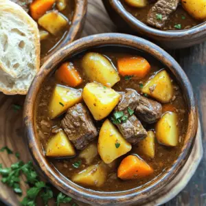 To make a great slow cooker beef stew, you need the right ingredients. Here’s what you will need: - 2 lbs beef chuck roast, cut into 1-inch cubes - 4 medium carrots, sliced - 3 medium potatoes, diced - 1 large onion, chopped - 3 cloves garlic, minced - 4 cups beef broth (low sodium) - 2 tablespoons tomato paste - 2 teaspoons dried thyme - 1 teaspoon rosemary - 1 teaspoon paprika - Salt and pepper to taste - 2 tablespoons olive oil - 1 bay leaf - 2 tablespoons cornstarch (optional, for thickening) - 2 tablespoons water (optional, for thickening) These ingredients work together to make a hearty stew. When cooking, fresh ingredients usually taste better. Fresh carrots, onions, and garlic add nice flavors. They also hold more moisture. Dried herbs, like thyme and rosemary, are great too. They are easy to store and last longer. However, if you can, choose fresh herbs when possible. They can make a big difference in taste. For the best stew, use beef chuck roast. This cut comes from the shoulder and has good fat. The fat makes the beef tender and juicy after cooking. Look for meat that is bright red with some marbling. This marbling means flavor! Avoid beef that looks gray or has a dry surface. High-quality beef makes a big difference in the final dish. 1. Sear the Beef: First, heat olive oil in a large skillet over medium-high heat. Add the beef cubes. Sear them on all sides until they turn brown. This should take about 5 to 7 minutes. Browning adds great flavor to your stew. 2. Prepare the Slow Cooker: Next, transfer the seared beef into your slow cooker. Layer the beef with sliced carrots, diced potatoes, and chopped onions. 3. Mix the Sauce: In a bowl, mix together the beef broth, tomato paste, minced garlic, thyme, rosemary, paprika, salt, and pepper. Stir until everything blends well. 4. Combine in Slow Cooker: Pour this sauce mixture over the beef and vegetables in the slow cooker. Add the bay leaf and gently stir to distribute the sauce evenly. 5. Set the Slow Cooker: Cover the cooker and set it to cook. For low heat, cook for 8 hours. For high heat, cook for about 4 hours. The beef should be tender when done. 6. Thicken the Stew (If desired): In the last 30 minutes, mix cornstarch with water to create a slurry. Stir this into the stew to thicken it. Leave the lid off while it cooks a bit more. 7. Serve: After cooking, take out the bay leaf. Taste and adjust seasoning if needed. Serve hot, maybe with fresh parsley on top. Searing beef is a key step in this recipe. It creates a rich, deep flavor. When you brown the meat, it locks in juices. This helps keep the beef tender and moist. Skipping this step may lead to less flavor. You want that savory, hearty taste in your stew. Cooking time can vary based on your slow cooker. If you use less beef, reduce the cooking time. If you add more vegetables, you might need a bit more time. Always check if the beef is tender. If it is not, let it cook longer. Cooking on low heat usually gives the best results. To make your beef stew shine, start by searing the beef. This adds a rich flavor. Use a hot skillet and brown all sides for about 5 to 7 minutes. Don't skip this step! Next, add fresh herbs like thyme and rosemary. They bring out the best in your stew. A bay leaf adds depth too. When adding salt and pepper, taste as you go. You want a balance of flavors. For this recipe, you’ll need a few key items: - A large skillet for searing - A slow cooker to meld the flavors - A cutting board for chopping - A good knife for easy cutting - Measuring spoons for accuracy - A mixing bowl for your sauce These tools help you create a great dish with ease. To ensure tender beef, select a chuck roast. It has the right fat and connective tissue. Sear it well before cooking. This locks in juices and flavor. Cook the stew on low for 8 hours. This slow cooking breaks down tough fibers. If you're short on time, cooking on high for 4 hours works too. Just remember, low and slow is best for tenderness. {{image_2}} You can boost the health of your beef stew by adding more veggies. Carrots and potatoes are great, but don’t stop there! Consider adding: - Green beans - Peas - Bell peppers - Mushrooms - Spinach These veggies add vitamins and minerals. They also bring color to your dish. Just chop them up and toss them in with the beef and broth. You can use fresh or frozen, depending on what you have. If you want to switch things up, try using different meats. You can use: - Chicken - Turkey - Pork Each protein will give your stew a unique taste. For chicken, cut it into chunks. For pork, use a shoulder roast. Just remember to adjust the cooking time to ensure everything cooks well. Spicing up your stew can change everything. While thyme and rosemary are classic, you might enjoy these blends: - Italian seasoning - Cajun spices - Curry powder Each blend will give your stew a new flair. Don’t be afraid to experiment! Start with a small amount, then taste and adjust. The key is to find what you love. After enjoying your slow cooker beef stew, let it cool down. Then, divide it into smaller portions. Place the stew in airtight containers. This keeps it fresh longer. Store the containers in the fridge. Use the stew within three to four days. Label each container with the date. This way, you know when to use it. If you want to keep the stew longer, freezing is perfect. First, let the stew cool completely. Then, transfer it to freezer-safe bags or containers. Remove as much air as possible to prevent freezer burn. Freeze the stew for up to three months. When you’re ready to eat, thaw it in the fridge overnight. To reheat the stew, use the stove or microwave. If using the stove, pour the stew into a pot. Heat it over medium heat, stirring often. This helps it heat evenly. For the microwave, place the stew in a microwave-safe bowl. Cover it with a microwave-safe lid. Heat it in short bursts, stirring in between. Check the temperature before serving. Enjoy your warm and hearty stew! Yes, you can use frozen beef. Just remember to thaw it first. Thawing helps the beef cook evenly. If you place it in the slow cooker frozen, the beef may not cook well. This can lead to unsafe food temperatures. Always ensure the beef reaches a safe level of 165°F. For best flavor, fresh beef is ideal. To make this stew gluten-free, choose a gluten-free beef broth. Many brands offer this option now. Avoid using regular soy sauce, as it contains gluten. Instead, use tamari sauce for added flavor without gluten. When thickening, use cornstarch or arrowroot powder, as they are gluten-free. This way, you can enjoy a hearty meal without worry. This stew pairs well with many sides. Crusty bread is perfect for dipping. A simple green salad adds freshness. You can also serve it over mashed potatoes for a cozy twist. Additionally, rice or quinoa can soak up the stew's rich sauce. Choose what you love to make your meal complete! In this blog post, we explored the best ingredients for beef stew. We discussed fresh versus dried ingredients and focused on quality beef. I shared step-by-step cooking instructions and emphasized the importance of searing. We went over tips for enhancing flavor and ensuring tenderness. You can add vegetables or try different proteins for variety. Lastly, I provided storage tips for leftovers. Keep these ideas in mind as you make your stew. Happy cooking!