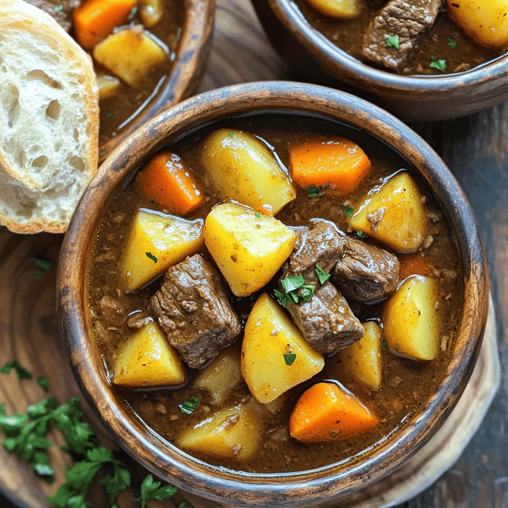 To make a great slow cooker beef stew, you need the right ingredients. Here’s what you will need: - 2 lbs beef chuck roast, cut into 1-inch cubes - 4 medium carrots, sliced - 3 medium potatoes, diced - 1 large onion, chopped - 3 cloves garlic, minced - 4 cups beef broth (low sodium) - 2 tablespoons tomato paste - 2 teaspoons dried thyme - 1 teaspoon rosemary - 1 teaspoon paprika - Salt and pepper to taste - 2 tablespoons olive oil - 1 bay leaf - 2 tablespoons cornstarch (optional, for thickening) - 2 tablespoons water (optional, for thickening) These ingredients work together to make a hearty stew. When cooking, fresh ingredients usually taste better. Fresh carrots, onions, and garlic add nice flavors. They also hold more moisture. Dried herbs, like thyme and rosemary, are great too. They are easy to store and last longer. However, if you can, choose fresh herbs when possible. They can make a big difference in taste. For the best stew, use beef chuck roast. This cut comes from the shoulder and has good fat. The fat makes the beef tender and juicy after cooking. Look for meat that is bright red with some marbling. This marbling means flavor! Avoid beef that looks gray or has a dry surface. High-quality beef makes a big difference in the final dish. 1. Sear the Beef: First, heat olive oil in a large skillet over medium-high heat. Add the beef cubes. Sear them on all sides until they turn brown. This should take about 5 to 7 minutes. Browning adds great flavor to your stew. 2. Prepare the Slow Cooker: Next, transfer the seared beef into your slow cooker. Layer the beef with sliced carrots, diced potatoes, and chopped onions. 3. Mix the Sauce: In a bowl, mix together the beef broth, tomato paste, minced garlic, thyme, rosemary, paprika, salt, and pepper. Stir until everything blends well. 4. Combine in Slow Cooker: Pour this sauce mixture over the beef and vegetables in the slow cooker. Add the bay leaf and gently stir to distribute the sauce evenly. 5. Set the Slow Cooker: Cover the cooker and set it to cook. For low heat, cook for 8 hours. For high heat, cook for about 4 hours. The beef should be tender when done. 6. Thicken the Stew (If desired): In the last 30 minutes, mix cornstarch with water to create a slurry. Stir this into the stew to thicken it. Leave the lid off while it cooks a bit more. 7. Serve: After cooking, take out the bay leaf. Taste and adjust seasoning if needed. Serve hot, maybe with fresh parsley on top. Searing beef is a key step in this recipe. It creates a rich, deep flavor. When you brown the meat, it locks in juices. This helps keep the beef tender and moist. Skipping this step may lead to less flavor. You want that savory, hearty taste in your stew. Cooking time can vary based on your slow cooker. If you use less beef, reduce the cooking time. If you add more vegetables, you might need a bit more time. Always check if the beef is tender. If it is not, let it cook longer. Cooking on low heat usually gives the best results. To make your beef stew shine, start by searing the beef. This adds a rich flavor. Use a hot skillet and brown all sides for about 5 to 7 minutes. Don't skip this step! Next, add fresh herbs like thyme and rosemary. They bring out the best in your stew. A bay leaf adds depth too. When adding salt and pepper, taste as you go. You want a balance of flavors. For this recipe, you’ll need a few key items: - A large skillet for searing - A slow cooker to meld the flavors - A cutting board for chopping - A good knife for easy cutting - Measuring spoons for accuracy - A mixing bowl for your sauce These tools help you create a great dish with ease. To ensure tender beef, select a chuck roast. It has the right fat and connective tissue. Sear it well before cooking. This locks in juices and flavor. Cook the stew on low for 8 hours. This slow cooking breaks down tough fibers. If you're short on time, cooking on high for 4 hours works too. Just remember, low and slow is best for tenderness. {{image_2}} You can boost the health of your beef stew by adding more veggies. Carrots and potatoes are great, but don’t stop there! Consider adding: - Green beans - Peas - Bell peppers - Mushrooms - Spinach These veggies add vitamins and minerals. They also bring color to your dish. Just chop them up and toss them in with the beef and broth. You can use fresh or frozen, depending on what you have. If you want to switch things up, try using different meats. You can use: - Chicken - Turkey - Pork Each protein will give your stew a unique taste. For chicken, cut it into chunks. For pork, use a shoulder roast. Just remember to adjust the cooking time to ensure everything cooks well. Spicing up your stew can change everything. While thyme and rosemary are classic, you might enjoy these blends: - Italian seasoning - Cajun spices - Curry powder Each blend will give your stew a new flair. Don’t be afraid to experiment! Start with a small amount, then taste and adjust. The key is to find what you love. After enjoying your slow cooker beef stew, let it cool down. Then, divide it into smaller portions. Place the stew in airtight containers. This keeps it fresh longer. Store the containers in the fridge. Use the stew within three to four days. Label each container with the date. This way, you know when to use it. If you want to keep the stew longer, freezing is perfect. First, let the stew cool completely. Then, transfer it to freezer-safe bags or containers. Remove as much air as possible to prevent freezer burn. Freeze the stew for up to three months. When you’re ready to eat, thaw it in the fridge overnight. To reheat the stew, use the stove or microwave. If using the stove, pour the stew into a pot. Heat it over medium heat, stirring often. This helps it heat evenly. For the microwave, place the stew in a microwave-safe bowl. Cover it with a microwave-safe lid. Heat it in short bursts, stirring in between. Check the temperature before serving. Enjoy your warm and hearty stew! Yes, you can use frozen beef. Just remember to thaw it first. Thawing helps the beef cook evenly. If you place it in the slow cooker frozen, the beef may not cook well. This can lead to unsafe food temperatures. Always ensure the beef reaches a safe level of 165°F. For best flavor, fresh beef is ideal. To make this stew gluten-free, choose a gluten-free beef broth. Many brands offer this option now. Avoid using regular soy sauce, as it contains gluten. Instead, use tamari sauce for added flavor without gluten. When thickening, use cornstarch or arrowroot powder, as they are gluten-free. This way, you can enjoy a hearty meal without worry. This stew pairs well with many sides. Crusty bread is perfect for dipping. A simple green salad adds freshness. You can also serve it over mashed potatoes for a cozy twist. Additionally, rice or quinoa can soak up the stew's rich sauce. Choose what you love to make your meal complete! In this blog post, we explored the best ingredients for beef stew. We discussed fresh versus dried ingredients and focused on quality beef. I shared step-by-step cooking instructions and emphasized the importance of searing. We went over tips for enhancing flavor and ensuring tenderness. You can add vegetables or try different proteins for variety. Lastly, I provided storage tips for leftovers. Keep these ideas in mind as you make your stew. Happy cooking!