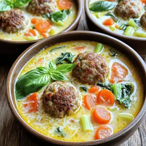 To make Creamy Italian Meatball Soup, gather the following ingredients: - 1 pound ground beef or turkey - 1/2 cup breadcrumbs - 1/4 cup grated Parmesan cheese - 1 large egg - 2 cloves garlic, minced - 1 teaspoon dried oregano - 1 teaspoon dried basil - Salt and pepper to taste - 1 tablespoon olive oil - 1 medium onion, diced - 2 carrots, diced - 2 celery stalks, diced - 4 cups chicken or vegetable broth - 1 can (14.5 oz) diced tomatoes - 1 cup heavy cream - 2 cups fresh spinach - Fresh basil leaves for garnish This list is key to creating a rich, comforting soup. The ground beef or turkey forms the base, while the breadcrumbs and Parmesan add texture and flavor. Fresh vegetables like onion, carrots, and celery bring a sweet crunch. Garlic, oregano, and basil enhance the Italian taste. For the broth, chicken or vegetable will create a warm, hearty base. Heavy cream makes the soup creamy and smooth. Fresh spinach adds color and nutrition, while basil leaves make a lovely garnish. With these ingredients, you can create a dish that warms the soul and pleases the palate. If you want to see how to combine these ingredients into a delightful meal, check out the Full Recipe. 1. In a large bowl, combine: - 1 pound ground beef or turkey - 1/2 cup breadcrumbs - 1/4 cup grated Parmesan cheese - 1 large egg - 2 cloves garlic, minced - 1 teaspoon dried oregano - 1 teaspoon dried basil - Salt and pepper to taste Mix these ingredients well. I find it best to use my hands for this. 2. Next, roll the mixture into small meatballs, about 1 inch in diameter. You should get around 20-24 meatballs. 1. In a large pot, heat 1 tablespoon of olive oil over medium heat. Add: - 1 medium onion, diced - 2 carrots, diced - 2 celery stalks, diced Sauté these for about 5-7 minutes until the vegetables are soft and smell great. 2. Carefully place the meatballs into the pot with the sautéed vegetables. Cook for about 5 minutes. Turn them occasionally until they are browned on all sides. 1. Pour in 4 cups of chicken or vegetable broth and 1 can (14.5 oz) of diced tomatoes. Bring the mixture to a gentle simmer. Cook for 15-20 minutes. This lets all the great flavors come together. 2. Stir in 1 cup of heavy cream and 2 cups of fresh spinach. Cook for another 5 minutes until the spinach wilts and the soup turns creamy. 3. Taste and adjust the seasoning with more salt and pepper if needed. For the full details, check the Full Recipe. To make tasty meatballs, start with good seasoning. Use salt and pepper to bring out the flavors. I like to add minced garlic for a bold taste. Mix all the ingredients well in a bowl. This helps the flavors blend together. If you skip this step, the meatballs may taste uneven. For a creamy soup, adjust the cream level. If you want a thicker soup, add more cream. To avoid curdling, lower the heat before you add the cream. Stir gently when you mix in the cream. This keeps the soup smooth and inviting. Fresh herbs make a lovely garnish. I suggest using basil leaves for a pop of color. When you serve the soup, ladle it into bowls first. Then sprinkle some extra Parmesan on top. This adds a nice touch and makes your dish look fancy. {{image_2}} If you want to make this soup gluten-free, use gluten-free breadcrumbs. You can find these in many stores. They work great and keep the flavor intact. For a dairy-free option, swap the heavy cream for coconut milk or a nut-based cream. This change keeps the soup rich and creamy without dairy. You can add extra ingredients to make this soup your own. Try adding legumes like lentils or beans for more protein. If you want grains, add cooked rice or quinoa. For veggies, think about spinach, zucchini, or peas. These not only add nutrition but also brighten the soup's color. This soup shines with traditional Italian flavors. You can add fresh herbs like parsley or thyme for a pop of freshness. If you like heat, try adding red pepper flakes. This spice brings warmth and depth to the dish. Experimenting with these flavors lets you tailor the soup to your taste. To store your soup, let it cool first. This step keeps it safe from bacteria. Use an airtight container. Glass or BPA-free plastic works well. Label the container with the date. This way, you will know when you made it. If you want to freeze the soup, it lasts up to three months. Make sure to leave space in the container. Soup expands when frozen. When you’re ready to eat, thaw it overnight in the fridge. Reheat it on the stove. Stir often to keep it creamy. In the fridge, the soup stays good for about four days. If you notice changes in smell or color, throw it out. Always trust your senses. Keeping food fresh is key to enjoying its delicious flavors from the [Full Recipe]. To make this soup, start by mixing the meatball ingredients. Use ground beef or turkey, breadcrumbs, Parmesan, egg, garlic, oregano, basil, salt, and pepper. Roll them into small balls. Then, sauté onion, carrots, and celery in a pot. Add the meatballs and brown them. Pour in broth and diced tomatoes. Let it simmer, then stir in cream and spinach. This process creates a rich, cozy soup. For full details, check the Full Recipe. Yes, you can use other meats. Ground chicken or pork works well. You could even try plant-based meat for a veggie option. Just keep the texture in mind for best results. This soup pairs well with many sides. Try crusty bread for dipping. A fresh salad adds a nice crunch. Garlic bread is always a hit. You can even serve it over pasta for a hearty meal. You have options to thicken the soup. You can add a bit more cream. Another method is to mix a little cornstarch with water. Stir this mixture in and let it simmer. For a more rustic feel, mash some of the vegetables in the pot. Yes, this soup can freeze well. Just let it cool before putting it in a container. It can last up to three months in the freezer. When you want to eat it, thaw in the fridge overnight. Reheat on the stove, adding a splash of broth if needed. Absolutely! To use a slow cooker, mix the meatball ingredients and roll them as usual. Sauté the veggies, then add everything to the slow cooker. Pour in broth and tomatoes, then cook on low for six to eight hours. Stir in cream and spinach before serving. This method gives you a hands-off cooking experience. This blog post covered everything you need for a delicious Creamy Italian Meatball Soup. You learned about key ingredients, simple steps, and tips for perfect flavor and texture. Enjoy the fun of personalizing your soup with different meats or vegetables. Store it well to keep it fresh. Remember, this recipe is easy to adapt to your tastes. Now, go ahead and try making the soup. You'll impress family and friends with your cooking skills!