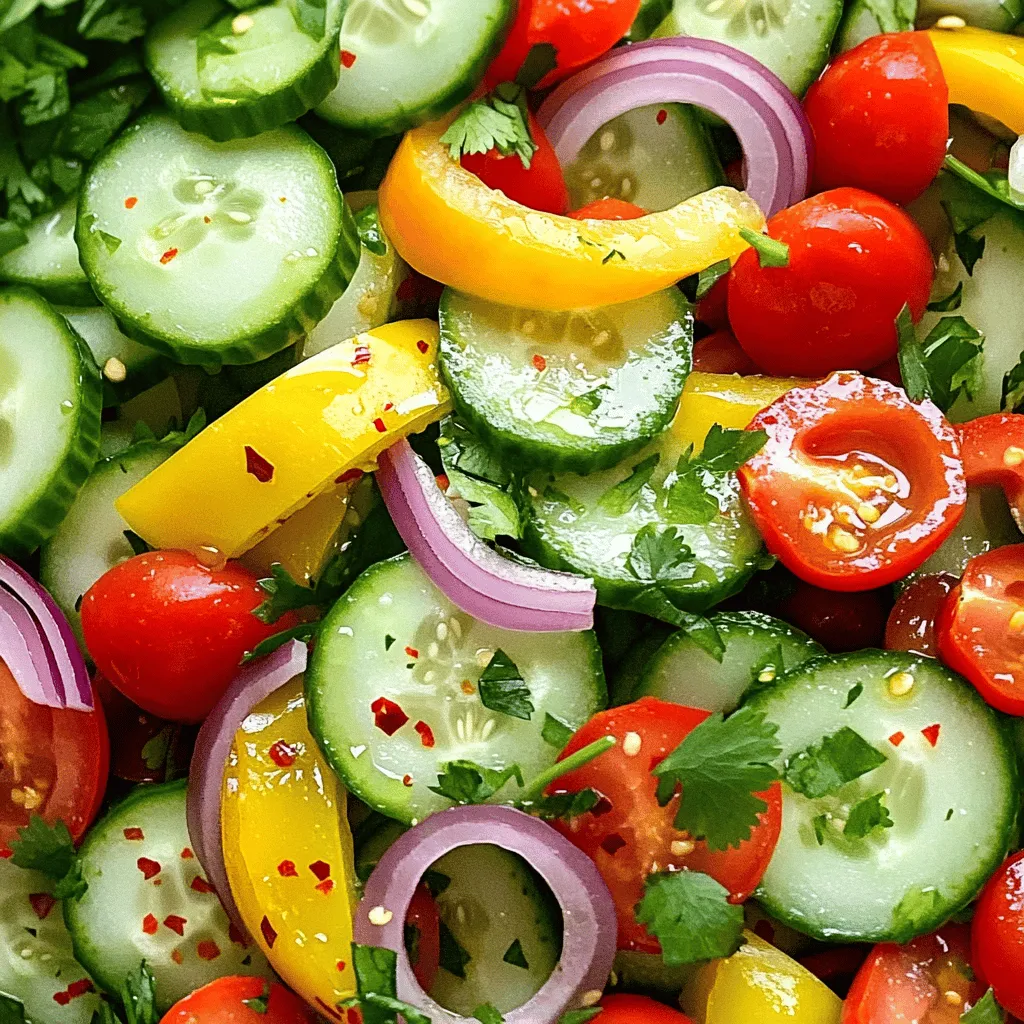 - 2 large cucumbers, thinly sliced - 2 bell peppers (one red, one yellow), julienned - 1 small red onion, thinly sliced - 1 cup cherry tomatoes, halved - 1/4 cup fresh cilantro, chopped - Juice of 2 limes - 3 tablespoons olive oil - 1 teaspoon honey (or agave syrup) - Salt and pepper to taste - 1/2 teaspoon chili flakes (optional) This salad shines with fresh, crisp ingredients. Cucumbers add a refreshing crunch. Bell peppers give a sweet bite. The red onion adds a bit of zing, while cherry tomatoes bring bright color and juiciness. Fresh cilantro adds a pop of herb flavor, and lime juice gives it a tangy twist. I like using honey or agave syrup to balance the acidity. Olive oil adds richness and helps blend all flavors. Salt and pepper enhance the taste, and chili flakes can spice things up if you like heat. You can find all these ingredients at your local grocery store. They are easy to prepare and make your salad not just tasty, but also visually appealing. Start by washing your cucumbers. Rinse them under cool water. This step removes dirt and makes them crisp. Next, slice the cucumbers into thin rounds. Aim for about 1/8 inch thick. This helps them mix well with other veggies. Now, let’s julienne the bell peppers. Take one red and one yellow bell pepper. Cut off the tops and remove the seeds. Slice them into thin strips. You want the strips to look pretty and colorful in the salad. Next, thinly slice the red onion. Keep the slices as even as you can. Then, halve the cherry tomatoes. This adds a nice pop of color and sweetness. In a large salad bowl, combine all the fresh vegetables. Add the sliced cucumbers, julienned bell peppers, red onion, and halved cherry tomatoes. Give them a gentle stir. Now, let’s prepare the dressing. In a small bowl, whisk together the juice of two limes, olive oil, honey, salt, and pepper. If you like a bit of heat, add chili flakes. Whisk until it’s well mixed and smooth. Pour the dressing over your mixed vegetables. Toss them gently to coat everything evenly with the dressing. Finally, add the chopped cilantro. Give the salad another gentle toss to mix it in. Let the salad sit for about 10 minutes. This helps the flavors meld together. Now it’s ready to serve and enjoy! To make your salad pop on Instagram, focus on color and arrangement. - Use bright, fresh veggies like red and yellow bell peppers. - Layer the salad in a clear bowl for a beautiful view. - Add a sprinkle of cilantro on top for that extra touch. To boost flavor, use fresh herbs and spices. Herbs like cilantro add zest. - Try adding fresh mint or basil for a twist. - Adjust the sweetness with honey or agave syrup. - You can add more lime juice for extra tang. This salad pairs well with proteins like grilled chicken or shrimp. - Serve it alongside tacos for a colorful meal. - For meal prep, store the dressing separately. - You can add chickpeas or quinoa for a filling option. {{image_2}} You can change the dressing to fit your taste. Try using apple cider vinegar instead of lime juice. This adds a tart flavor. You can also swap honey for maple syrup for a vegan option. Feel free to mix in other veggies. Carrots, radishes, or celery can add crunch. You can also add avocado for creaminess. Each choice can make the salad unique. This salad is easy to make vegan. Just skip the honey and use agave syrup instead. It keeps the sweetness while staying plant-based. For gluten-free needs, this recipe is already safe. Just ensure any added ingredients are gluten-free too. Using seasonal produce makes this salad even better. In summer, add fresh corn or zucchini. In fall, try roasted butternut squash for warmth. Adjust the salad for weather too. In cold months, serve it with a warm dressing. This adds comfort while keeping it fresh. Store any leftover salad in an airtight container. This keeps it fresh and crisp. The salad will stay good for up to three days in the fridge. Always check for any signs of spoilage before eating. You can prepare this salad a few hours in advance. For best results, keep the dressing separate. This helps the veggies stay crunchy. Store cucumbers, bell peppers, and other veggies in one container. Put the dressing in another container. Freezing this salad is not ideal. It can cause the veggies to become mushy. If you must freeze, store components like cucumbers and bell peppers separately. Make sure to use freezer-safe bags or containers. Always label with the date to track freshness. To boost the flavor of your salad, try adding herbs. Fresh mint or basil can add a nice touch. You can also mix in a bit of feta cheese for creaminess. If you like spice, increase the chili flakes. A dash of soy sauce brings umami and depth. You can play with the lime juice, too. A little more juice can brighten the whole dish. Yes, you can prepare the salad ahead. Make it up to four hours in advance. Just store the salad in the fridge. Keep the dressing separate until you're ready to eat. This way, the veggies stay crisp. Combine them just before serving for the best taste. There are many fun ways to change this salad. You can add corn or black beans for extra protein. Swap the bell peppers for other colors, like green or orange. For a different crunch, try adding radishes or jicama. You could also use different dressings, like balsamic or sesame. Each variation gives a new twist to this bright salad. The salad ingredients create a colorful and fresh dish. You learned how to prepare your veggies, mix the salad, and create a tasty dressing. I shared tips to make your salad look great and taste even better. You can customize it with different ingredients and adapt it for your diet. Store leftovers well and consider meal prep for easy meals. Enjoy creating tasty salads that suit your style, season, and needs. Keep experimenting and make it your own!