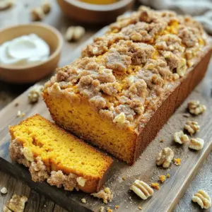 - 1 ¾ cups all-purpose flour - 1 teaspoon baking powder - ½ teaspoon baking soda - 1 teaspoon ground cinnamon - ½ teaspoon ground nutmeg - ½ teaspoon ground ginger - ½ teaspoon salt - 1 cup canned pumpkin puree - ½ cup vegetable oil - 1 cup granulated sugar - ½ cup brown sugar, packed - 3 large eggs - 1 teaspoon vanilla extract - ¾ cup chopped walnuts or pecans (optional) - ½ cup all-purpose flour - ⅓ cup brown sugar, packed - ½ teaspoon ground cinnamon - ¼ cup cold salted butter, cubed Let's dive into the ingredients that make this Streusel Pumpkin Bread so special. The dry ingredients create the perfect base. Start with the all-purpose flour, which gives the bread its structure. Baking powder and baking soda help it rise, while spices like cinnamon, nutmeg, and ginger add warmth and flavor. Salt balances the sweetness. Next, we have the wet ingredients. Canned pumpkin puree adds moisture and flavor. Vegetable oil keeps the bread soft. The mix of granulated sugar and brown sugar sweetens it perfectly. Eggs bind everything together, while vanilla extract brings in a hint of sweetness. If you choose to add walnuts or pecans, they give a nice crunch. Lastly, the streusel topping adds that delightful crunch. It consists of flour, brown sugar, and cinnamon. The cold butter, cut into the mix, creates crumbly goodness. This topping is key for that sweet, crunchy finish. Gather these ingredients, and you're ready to bake a delicious loaf of Streusel Pumpkin Bread! - Preheat your oven to 350°F (175°C). - Grease a 9x5-inch loaf pan and set aside. - In a medium bowl, whisk together: - 1 ¾ cups all-purpose flour - 1 teaspoon baking powder - ½ teaspoon baking soda - 1 teaspoon ground cinnamon - ½ teaspoon ground nutmeg - ½ teaspoon ground ginger - ½ teaspoon salt This mix gives your bread a warm and spicy flavor. - In a large bowl, mix together: - 1 cup canned pumpkin puree - ½ cup vegetable oil - 1 cup granulated sugar - ½ cup brown sugar, packed - 3 large eggs - 1 teaspoon vanilla extract Whisk until smooth. The mixture should feel creamy and rich. - Gradually add the dry mix to the wet mix. - Stir gently until just combined. - Fold in ¾ cup chopped walnuts or pecans if you like. Be careful not to overmix. This keeps the bread soft. - In a small bowl, mix together: - ½ cup all-purpose flour - ⅓ cup brown sugar, packed - ½ teaspoon ground cinnamon - Cut in ¼ cup cold salted butter until crumbly. This topping adds a sweet crunch. - Pour the batter into the greased pan. - Sprinkle the streusel topping evenly over the batter. - Bake for 50-60 minutes. Check with a toothpick; it should come out clean. Let the bread cool for about 10 minutes in the pan. Then, transfer it to a wire rack to cool completely. Enjoy your homemade treat! To get the best texture in your Streusel Pumpkin Bread, avoid overmixing the batter. Mix just until the dry and wet ingredients blend. Overmixing can make the bread dense and tough. Use a toothpick to check if it’s done. Insert the toothpick into the center. If it comes out clean or with a few crumbs, it's ready! Add spices to boost flavor. Try a pinch of allspice or a dash of cloves. You can also add a bit of maple syrup for sweetness. If you want, use flavored oils like coconut or nut oil. They add a nice twist to the taste. To slice the bread well, use a sharp knife. Cut it into even slices for a nice look. Serve the slices on a wooden board for a rustic feel. Garnish with a sprinkle of cinnamon or some nuts. A small dish of cream cheese or butter goes well on the side. It makes the dish more inviting! {{image_2}} If you want to skip the nuts, it’s simple! You can replace the walnuts or pecans with seeds. Chia seeds or pumpkin seeds work well. If you prefer no crunchy bits, just leave them out entirely. The bread will still be moist and tasty. Want to mix things up? Add chocolate chips for a sweet twist. Dried fruits like raisins or cranberries add a fun chewiness. You can also play with spices. Try adding allspice or cloves for a new taste. Experimenting with different extracts like almond or orange can brighten the flavor too. For a gluten-free option, use a gluten-free flour blend. Brands like Bob’s Red Mill or King Arthur Flour have great choices. Just make sure it has xanthan gum or add a bit to help with texture. Your bread will be soft and delicious, just like the classic version! To store leftover Streusel Pumpkin Bread, keep it at room temperature. Wrap it in plastic wrap or place it in an airtight container. This will keep the bread moist for about three days. If you notice it getting dry or hard, it’s best to eat it quickly. For longer storage, you can freeze the bread. Wrap it tightly in plastic wrap, then place it in a freezer bag. This method helps prevent freezer burn. It will stay fresh for up to three months. To thaw, remove it from the freezer and let it sit at room temperature for a few hours. You can also heat it in the oven at 350°F for about 10 minutes. Check for signs of spoilage before eating. If the bread has a strange smell or shows mold, throw it away. Fresh Streusel Pumpkin Bread lasts up to three days at room temperature and about three months in the freezer. When in doubt, it's better to be safe and not eat it. Streusel pumpkin bread lasts about 3 to 5 days when stored at room temperature. Wrap it well in plastic wrap or foil to keep it fresh. If you want to store it longer, freezing is a great option. Yes, you can make this bread in advance. It tastes great after a day or two. Just let it cool completely before wrapping it. This allows the flavors to blend well. You can serve this bread with cream cheese or butter. A bit of cinnamon on top adds flavor. It pairs nicely with coffee or tea for a warm treat. This recipe is not vegan as it contains eggs and butter. To make it vegan, you can use flax eggs and a plant-based butter. This keeps the texture while making it suitable for vegan diets. To make this bread healthier, you can reduce the sugar by half. You can also use whole wheat flour instead of all-purpose flour. Adding applesauce can keep it moist and add natural sweetness. You learned how to make delicious Streusel Pumpkin Bread in this post. We covered the right ingredients, from dry to wet. I shared step-by-step instructions for mixing and baking. We also explored ideas for variations, storage, and tips for a perfect loaf. Enjoy your baking adventure! This bread is sure to delight everyone. Whether you stick to the classic recipe or try a twist, you can't go wrong. Happy baking!