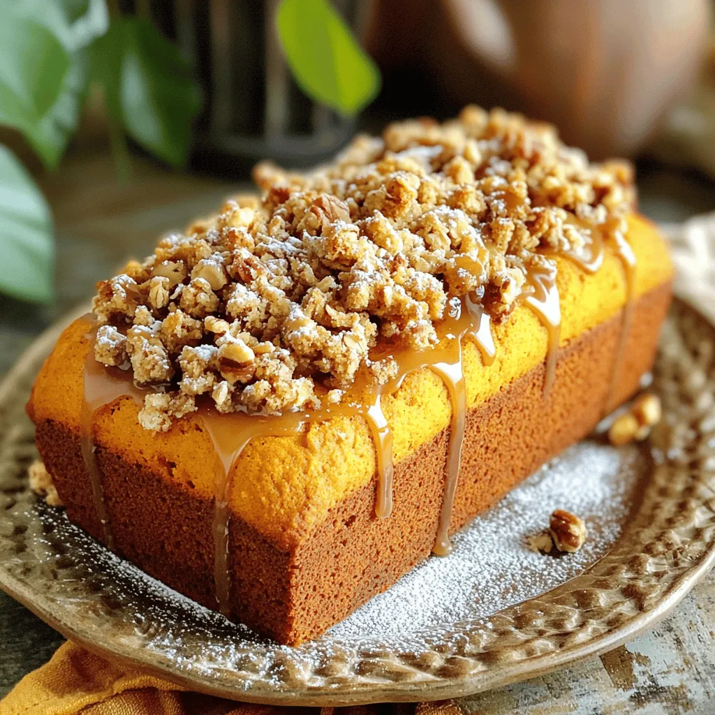 - 1 cup pumpkin puree - 1/2 cup granulated sugar - 1/2 cup brown sugar, packed - 1/2 cup vegetable oil - 2 large eggs The main ingredients create the rich and moist texture of the bread. Pumpkin puree gives it a warm flavor. The sugars add sweetness, while the oil keeps it moist. The eggs help bind everything together. - 1/4 cup all-purpose flour - 1/4 cup brown sugar, packed - 1/4 teaspoon ground cinnamon - 2 tablespoons melted butter - 2 tablespoons rolled oats The streusel topping adds a crunchy layer. Flour and brown sugar create a sweet base. Cinnamon gives it a warm spice. Rolled oats add texture. Melted butter brings everything together. - 1 cup powdered sugar - 2 tablespoons maple syrup - 1-2 tablespoons milk (as needed for consistency) The maple glaze finishes the bread perfectly. Powdered sugar makes it sweet and smooth. Maple syrup adds rich flavor. Milk helps adjust the thickness for easy drizzling. - Preheat your oven to 350°F (175°C). Grease a 9x5 inch loaf pan or line it with parchment paper. This helps make the bread easy to remove later. - In a large bowl, mix the pumpkin puree, granulated sugar, brown sugar, vegetable oil, eggs, and vanilla extract. Stir until the mixture is smooth and creamy. This creates the base of your bread. - In a separate bowl, whisk together the flour, baking soda, baking powder, cinnamon, nutmeg, ginger, and salt. Ensure no lumps remain. This mix adds flavor and helps the bread rise. - Gradually add the dry mix to the wet ingredients. Stir gently until just combined. If you choose to add walnuts, fold them in carefully. This keeps the batter light. - Pour the pumpkin batter into the prepared loaf pan. Spread it evenly. Then, sprinkle the streusel topping over the batter. This topping adds a nice crunch. - Bake for 55-60 minutes. Check if it's done by inserting a toothpick in the center. It should come out clean. Let the bread cool in the pan for about 10 minutes. After that, transfer it to a wire rack to cool completely. This cooling step is key for the best texture. To keep your bread moist, add a bit of extra pumpkin puree. This keeps the bread soft and flavorful. You can also try adding a few tablespoons of yogurt or applesauce. Check if your bread is done by using a toothpick. Insert it in the center. If it comes out clean, your bread is ready. If wet batter sticks to it, bake for a few more minutes. You can switch up the streusel topping for fun. Try adding chopped nuts or even shredded coconut. These can add new textures and flavors. To get the perfect crumble texture, mix the streusel until it resembles coarse crumbs. Use cold butter for a flakier topping. This will help your streusel hold its shape better. For the glaze, start with powdered sugar and maple syrup. Mix in milk slowly to get the right consistency. You want it thick enough to stay on the bread but thin enough to drizzle. When serving, drizzle the glaze over the cooled bread. Use a spoon or a piping bag for a nice look. You can also sprinkle some crushed nuts on top for added flair. {{image_2}} You can play with flavors to make this bread your own. Adding chocolate chips gives a sweet touch. Dried fruits like cranberries or raisins add chewiness. Both options boost flavor and texture. For a nutty crunch, try different nuts. Pecans or almonds work well too. They add a nice bite to each slice. To make a gluten-free version, use a gluten-free flour blend. Ensure it has a good binding agent. You can also swap eggs for flax eggs. Mix one tablespoon of flaxseed meal with three tablespoons of water. Let it sit until it thickens. This gives you a great vegan option. You can also use plant-based milk for the glaze. You can modify this recipe for different holidays. Add nutmeg and cloves for a warm, festive feel. For Halloween, you can shape the bread like a pumpkin. In the spring, try adding lemon zest. This gives a fresh twist. Each season can inspire new spices and flavors. Adjust to reflect your favorite time of year. Store your leftover pumpkin streusel maple glaze bread at room temperature. Wrap it well in plastic wrap or foil. This helps keep it moist. You can also use an airtight container. Avoid refrigeration, as it can dry out the bread. To freeze the bread, first let it cool completely. Wrap it tightly in plastic wrap. Then, wrap it again in aluminum foil or place it in a freezer-safe bag. It can stay fresh for up to three months in the freezer. When you're ready to enjoy it, thaw it overnight in the fridge. For the best taste, let it sit at room temperature for a bit before serving. This delicious bread stays fresh for about 3 to 4 days at room temperature. Look for signs of spoilage, like a dry texture or an off smell. If you see mold, it’s best to throw it away. Enjoy your pumpkin bread while it’s at its best! Can I use fresh pumpkin instead of puree? Yes, you can use fresh pumpkin. First, cook it until soft. Then, mash it until smooth. Ensure it is not too watery. This will help keep your bread light and fluffy. What can I substitute for eggs? You can use applesauce or mashed banana. Each egg replaces with 1/4 cup of applesauce. For banana, use the same amount. This will help bind your bread without eggs. Why is my bread dense? Dense bread often comes from too much flour or not mixing enough. Make sure to measure flour correctly. Spoon it into the cup instead of scooping. Also, mix until just combined; don’t overmix the batter. How do I know when the bread is done baking? Insert a toothpick into the center. If it comes out clean, the bread is ready. The top should also look golden brown. Let it cool for about 10 minutes before removing it from the pan. What can I use instead of maple syrup? You can use honey or agave syrup. Both will add sweetness. However, they may change the flavor slightly. Stick to the same amount as maple syrup for best results. How do I store leftover glaze? Store leftover glaze in an airtight container. Keep it in the fridge. It will last for about a week. When ready to use, just give it a good stir to blend. This post covered everything about making pumpkin streusel maple glaze bread. We explored the key ingredients, step-by-step instructions, and useful tips to enhance your baking. We also discussed variations to suit your taste, storage methods to keep it fresh, and answered common FAQs. By trying this recipe, you can enjoy delicious homemade bread. Happy baking!