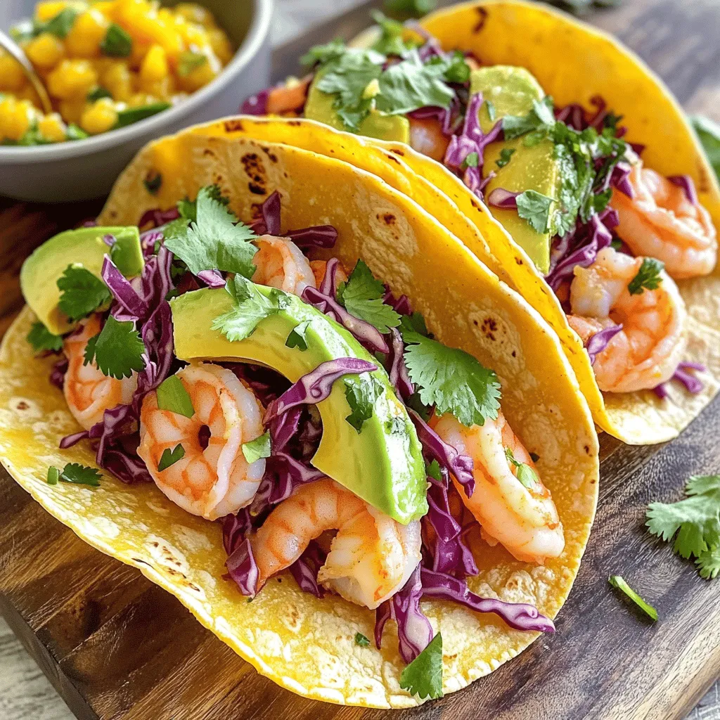 - 1 pound medium shrimp, peeled and deveined - 2 tablespoons olive oil - 2 teaspoons taco seasoning - 1 cup red cabbage, finely shredded - 1 ripe avocado, sliced - 1/4 cup fresh cilantro, chopped - 8 small corn tortillas - Salt and pepper to taste - Optional: mango salsa for topping When I make shrimp tacos, I love to keep things simple yet lively. You can create a feast with just a few fresh ingredients. Start with medium shrimp. I prefer them peeled and deveined. It saves time and makes cooking easy. Next, grab some olive oil and taco seasoning. The oil helps the shrimp cook well and adds flavor. Taco seasoning gives a nice kick to the shrimp. Mix these in a bowl, and you’re ready to go! For the fresh additions, red cabbage adds crunch and color. Slice a ripe avocado for a creamy touch. Fresh cilantro gives a bright taste. These three ingredients make the tacos pop. Don’t forget the tortillas! Small corn tortillas work best. You can use flour tortillas, but corn gives that classic taco flavor. Add salt and pepper to taste. If you like a sweet touch, consider mango salsa as a topping. It pairs well with shrimp and adds a fruity twist. This recipe is not just easy; it’s fun to make and share. Check out the Full Recipe for all the details! To start, take a bowl and add the shrimp. Toss them with olive oil, taco seasoning, salt, and pepper. Make sure the shrimp are well coated. This step gives the shrimp a great flavor. Let the shrimp sit for a few minutes to soak in the spices. Next, heat a skillet over medium-high heat. When hot, add the seasoned shrimp. Cook them for about 2-3 minutes on each side. The shrimp should turn pink and opaque. This shows they are fully cooked. Remove the skillet from the heat when done. Now, it’s time to assemble the tacos. First, warm the corn tortillas in a separate pan for about 30 seconds on each side. Then, place a handful of shredded cabbage on each tortilla. Add 3-4 shrimp on top of the cabbage. Next, add a few slices of avocado and a sprinkle of fresh cilantro. Drizzle lime juice over everything for a fresh taste. If you like, add mango salsa for an extra burst of flavor. Enjoy your easy shrimp tacos! For the full recipe, refer to the earlier section. To avoid overcooking shrimp, watch the time closely. Cook shrimp for only 2-3 minutes on each side. They are done when they turn pink and opaque. If you cook them too long, they become rubbery. Use medium-high heat for the best results. This helps the shrimp cook evenly and quickly. Always use fresh shrimp for the best taste. If you follow these steps, your shrimp will be tender and juicy. For a tasty homemade taco seasoning, mix these spices: - 1 tablespoon chili powder - 1 teaspoon cumin - 1 teaspoon garlic powder - 1 teaspoon onion powder - 1/2 teaspoon smoked paprika - Salt and pepper to taste Combine these in a bowl. This blend adds depth to your shrimp and makes each bite burst with flavor. Feel free to adjust the spices to match your taste. If you like heat, add a pinch of cayenne pepper. This homemade seasoning is easy and much better than store-bought options. Warming corn tortillas is simple and key to good tacos. Here are two methods to try: 1. Skillet method: Heat a dry skillet over medium heat. Place each tortilla in the pan for about 30 seconds on each side. This keeps them soft and pliable. 2. Oven method: Preheat the oven to 350°F. Wrap a stack of tortillas in foil. Heat in the oven for about 10 minutes. This method is great for serving a crowd. Warm tortillas enhance the flavor and texture of your tacos. Enjoy the experience of building your shrimp tacos with these warm, flexible tortillas. For the full recipe, check out the Tropical Shrimp Tacos section. {{image_2}} If you want to mix things up, try using fish or chicken instead of shrimp. Fish like tilapia or mahi-mahi works great. Just season it like you do the shrimp. Cook it until it's flaky and tender. For chicken, use boneless, skinless breasts. Cut the chicken into small pieces, season, and cook until no longer pink. Both options will give you tasty tacos! You can change the flavor by swapping out veggies or sauces. Instead of red cabbage, try green cabbage or even shredded carrots for a crunch. You can also add diced tomatoes or corn for a fresh taste. If you want a different sauce, try a chipotle mayo or a creamy avocado sauce. These swaps keep your tacos exciting and new! Making the tacos gluten-free or dairy-free is easy. Use corn tortillas, as they are naturally gluten-free. For a dairy-free option, skip the cheese and use avocado for creaminess. You can also add a vegan sour cream if you want something creamy. These adjustments make the tacos fit for everyone! For the full recipe, check out the Tropical Shrimp Tacos section above. To keep shrimp tacos fresh, store them in an airtight container. Place the shrimp, tortillas, and toppings separately. This helps prevent soggy tortillas. Refrigerate your tacos for up to two days. Always check for freshness before eating. To reheat shrimp tacos, you can use a skillet. Heat the skillet over medium heat. Add the shrimp for about 1-2 minutes until they warm up. Warm the tortillas for 30 seconds on each side. Avoid the microwave; it can make shrimp rubbery. You can freeze shrimp tacos, but it's best to freeze the shrimp alone. Place cooked shrimp in a freezer-safe bag. Remove excess air and seal tightly. You can freeze them for up to three months. When ready to eat, thaw in the fridge overnight and reheat. Enjoy your tacos with fresh toppings for the best taste! Check the [Full Recipe] for more details. You can store shrimp tacos in the fridge for up to three days. After that, the shrimp may lose taste and texture. It is best to keep the shrimp and toppings separate. This way, the tortillas stay fresh and don’t get soggy. Wrap the tacos well to avoid any odors from other foods in the fridge. Yes, you can use frozen shrimp! Just be sure to thaw them first. Place the shrimp in a bowl of cold water for quick thawing. It usually takes about 15-20 minutes. Once thawed, pat them dry with a paper towel. This helps the seasoning stick better. You can use the shrimp just like fresh ones in the recipe. You can add many tasty toppings to your shrimp tacos. Here are some great ideas: - Fresh lime wedges for extra zing - Diced tomatoes for a juicy burst - Sliced jalapeños for a spicy kick - Sour cream or yogurt for creaminess - Shredded cheese for a cheesy layer - Pickled onions for a tangy crunch Feel free to mix and match. Get creative with your toppings! For the full recipe, check out the Tropical Shrimp Tacos. In this post, I covered a simple shrimp taco recipe. We started with key ingredients like shrimp, olive oil, and taco seasoning. Then, I guided you through preparing and cooking the shrimp, followed by assembling the tacos. I shared tips for perfecting flavors and variations for changes in diet or protein types. Lastly, we talked about storing and reheating leftovers. You can easily make delicious tacos at home using fresh ingredients and simple steps. Enjoy trying out these ideas and make the recipe your own!