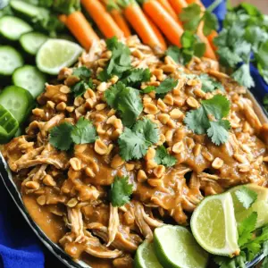 For this tasty dish, you need: - 2 lbs boneless, skinless chicken thighs - 1/4 cup smooth peanut butter - 1/4 cup coconut milk - 3 tbsp soy sauce (or tamari for gluten-free) - 2 tbsp honey - 1 tbsp lime juice - 2 cloves garlic, minced - 1 tbsp fresh ginger, grated - 1 tsp ground cumin - 1 tsp turmeric powder - 1/2 tsp cayenne pepper (adjust for heat preference) - Salt and black pepper to taste - Fresh cilantro, for garnish - Chopped peanuts, for garnish - Lime wedges, for serving Choose chicken thighs for the best flavor. They stay juicy during cooking. Look for thighs that are pink and firm. Avoid any that have a gray color or smell off. Organic or free-range chicken is often tastier. These options may also have better quality and more flavor. You can swap ingredients based on your taste. If you want a nut-free option, try sunflower seed butter instead of peanut butter. For a dairy-free option, ensure your coconut milk is pure. If you don’t have honey, maple syrup works well as a sweetener. You can also skip cayenne pepper if you prefer no heat. To start, gather your ingredients. You need: - 2 lbs boneless, skinless chicken thighs - 1/4 cup peanut butter (smooth) - 1/4 cup coconut milk - 3 tbsp soy sauce (or tamari for gluten-free) - 2 tbsp honey - 1 tbsp lime juice - 2 cloves garlic, minced - 1 tbsp fresh ginger, grated - 1 tsp ground cumin - 1 tsp turmeric powder - 1/2 tsp cayenne pepper (adjust for heat preference) - Salt and black pepper to taste - Fresh cilantro, for garnish - Chopped peanuts, for garnish - Lime wedges, for serving Now, place the chicken thighs in the bottom of your slow cooker. This is the base of your dish. Next, mix the peanut butter, coconut milk, soy sauce, honey, lime juice, garlic, ginger, cumin, turmeric, cayenne, salt, and pepper in a bowl. Stir until smooth. Pour this sauce over the chicken. Make sure each piece is coated well. This step is crucial for flavor. Cover the slow cooker and choose your heat setting. You can cook on low for 6-7 hours or on high for 3-4 hours. The lower setting gives a deeper flavor. The higher setting cooks faster if you're in a hurry. During cooking, the chicken will become tender and soak up all the sauce. This is what makes it so tasty. When the cooking time is up, take the chicken out of the slow cooker. Use two forks to shred the chicken into pieces. This method is easy and effective. After shredding, return the chicken to the slow cooker. Stir it into the rich sauce. Let it sit for another 15-20 minutes on low heat. This helps the chicken absorb even more flavor. Now, you’re ready to serve! Enjoy your warm chicken satay with fresh cilantro, chopped peanuts, and lime wedges for that extra zest. Marinating your chicken is key to great flavor. Use the peanut sauce in the recipe. Coat the chicken thighs well in the sauce. Let them sit for at least 30 minutes. If you have more time, marinate overnight. This helps the flavors soak in deeply. Want to tweak the sauce? You can add a splash of lime juice. This adds brightness. If you like it spicy, increase the cayenne pepper. A dash of fish sauce can add umami. You can also use different nut butters. Almond or cashew butter work well too. Serving is just as important as cooking. Use a large platter for the chicken satay. Drizzle extra sauce over the top for a nice finish. Garnish with fresh cilantro and chopped peanuts. Serve lime wedges on the side for a zesty touch. Adding colorful veggies like cucumbers or carrots makes it pop. This not only looks good but adds crunch too. {{image_2}} You can easily make this dish gluten-free. Just use tamari instead of soy sauce. Tamari tastes great and gives you the same savory flavor. Always check labels on peanut butter and coconut milk to ensure they are gluten-free. You want to enjoy this meal without worry! If you want a veggie twist, try using tofu instead of chicken. Firm tofu works best. First, press the tofu to remove extra water. Then, cut it into cubes. Follow the same steps in the recipe, coating the tofu in the peanut sauce. It will soak up all the flavors just like chicken! You can adjust the spice level to fit your taste. If you love heat, add more cayenne pepper. For a milder dish, leave it out. You can also use sweet chili sauce for a different flavor. Always taste and adjust as needed for your perfect chicken satay! To keep your leftover chicken satay fresh, place it in an airtight container. Make sure to let it cool first. Store it in the fridge. It should stay good for 3 to 4 days. When ready to eat, reheat the chicken satay gently. You can use a microwave or a skillet. If using a microwave, heat it in short bursts. Stir in between to warm evenly. In a skillet, add a splash of water or coconut milk. Cover it to keep moisture. Heat over medium-low until warmed through. This helps keep the chicken juicy. If you want to store chicken satay for longer, freezing is a great option. Place the cooled chicken in a freezer-safe bag. Squeeze out as much air as possible. Label the bag with the date. You can freeze it for up to 3 months. To thaw, place it in the fridge overnight before reheating. This keeps the flavors intact. The best side dishes to serve with Chicken Satay include: - Rice or jasmine rice - Cucumber salad - Fresh spring rolls - Grilled vegetables - Peanut sauce for dipping These sides add flavor and balance to the meal. Rice absorbs the sauce well. Cucumber salad adds crunch and freshness. Grilled veggies bring color and taste. Spring rolls are fun and light. Yes, you can make Chicken Satay in a pressure cooker. Use the same ingredients and steps. Place the chicken and sauce in the pot. Cook on high pressure for about 10-15 minutes. Allow the pressure to release naturally. This method cooks the chicken fast and keeps it moist. To know if Chicken Satay is fully cooked, check the internal temperature. It should reach 165°F (75°C). The chicken will look white and should shred easily. If you’re unsure, cut a piece in half. If it’s no longer pink inside, it’s ready to eat. Slow cooker chicken satay is easy and fun to make. We discussed ingredients, from chicken to sauces, and shared tips for selection and alternatives. The step-by-step guides helped you prepare and cook perfectly. You learned tips for marinating and serving, plus variations for gluten-free or vegetarian needs. Proper storage and reheating methods keep leftovers tasty. Remember to tailor spice levels to your taste. This dish offers room for creativity and enjoyment. Dive in, and enjoy every bite!
