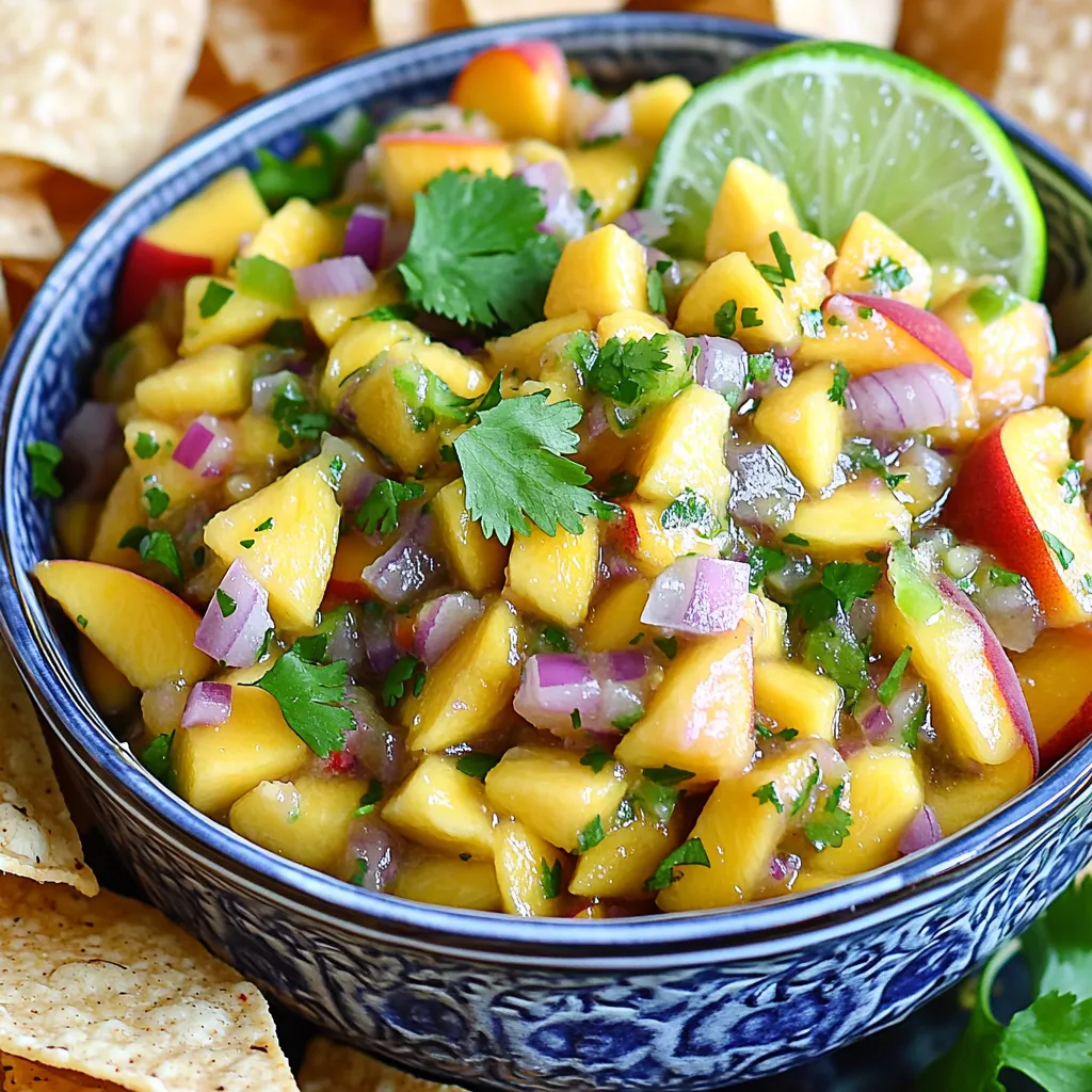 - 2 ripe peaches - 1 ripe mango - 1/2 red onion - 1 small jalapeño - 1/4 cup fresh cilantro - Juice of 1 lime - Salt to taste - Optional: 1/2 avocado For a fresh and tasty peach mango salsa, you need simple, vibrant ingredients. Start with two ripe peaches. They should be soft and sweet. Next, grab one ripe mango. Look for one that gives slightly when you press it. You’ll also need half of a red onion. It adds a nice crunch and sharpness. For a bit of heat, use one small jalapeño. Remove the seeds for less spice. Next, chop a quarter cup of fresh cilantro. This herb brings a bright flavor to the salsa. Don’t forget the juice of one lime. It adds tanginess and balances the sweetness of the fruits. Season with salt to taste. This step is key to enhance all the flavors. If you want a creamy texture, add half an avocado. It’s optional, but it makes the salsa richer. With these fresh ingredients, you set the stage for a delicious and colorful salsa that’s perfect for any meal or snack. - Dice the peaches and mango - Chop the red onion - Mince the jalapeño First, gather your fresh ingredients. Start by dicing the peaches and mango. Aim for small, even pieces. This helps them mix well. Next, chop the red onion finely. A sharp knife makes this easier. The onion adds a sweet crunch. Then, mince the jalapeño. Remove the seeds to control the spice. If you like heat, keep some seeds. - Combine peaches and mango in a bowl - Add red onion and jalapeño - Incorporate cilantro and lime juice Now, grab a large bowl. Combine the diced peaches and mango. Mix them gently to keep their shape. Then, add the chopped red onion and minced jalapeño. Stir everything together. Next, sprinkle in the fresh cilantro. This adds a nice green touch. Squeeze the juice of one lime over the mix. The lime juice brightens the flavors. - Season with salt - Fold in avocado (if using) - Allow flavors to meld Now it’s time to season. Add salt to taste. Start with a pinch, then adjust as needed. If you want creaminess, fold in the diced avocado. Be gentle to keep the avocado pieces intact. Lastly, let the salsa sit for about ten minutes. This helps the flavors meld. Enjoy the colorful, tasty treat! To make the best peach mango salsa, choose ripe fruits. Look for peaches that yield slightly when you press them. Their skin should have a nice golden hue. For mangoes, pick ones that feel slightly soft but not mushy. They should have a fruity smell. Store peaches and mangoes at room temperature until they ripen. Once ripe, keep them in the fridge to last longer. This way, you can enjoy fresh fruit for days. Want more heat in your salsa? Add more jalapeño or a pinch of cayenne pepper. If you like it sweeter, mix in a bit of honey or agave syrup. Herbs can add great depth. Try adding mint or basil for a twist. You can also use garlic or cumin to change the flavor profile. This salsa shines with tortilla chips. Serve it as a dip for a fun snack. You can also use it to top grilled meats like chicken or fish. The bright flavors make any dish feel special. For a beautiful presentation, serve the salsa in a colorful bowl. Garnish it with cilantro sprigs. It not only looks nice but also makes the dish pop! {{image_2}} You can change the flavor of peach mango salsa. Adding black beans gives it a nice protein boost. Just rinse and drain a can of black beans, then mix them in. This twist adds heartiness and makes the salsa filling. You can also swap in other fruits. Pineapple and strawberries work great in this recipe. Pineapple adds a tropical zing, while strawberries bring a sweet touch. Experiment and find your favorite mix! This salsa can fit into many diets. It is naturally vegan and gluten-free, so everyone can enjoy it. If you want a low-sodium option, skip the added salt. The lime juice and fresh ingredients will still give it a bright taste. Want a creamier salsa? You can add half an avocado. This makes it rich and tasty without dairy. Just dice the avocado and fold it in gently. Using seasonal fruits can change the salsa's flavor. In summer, try using ripe berries. In fall, apples or pears can add a nice crunch. Seasonal fruits keep the recipe fresh and fun. Herbs can also change the taste. Try using mint in spring for a refreshing twist. In winter, consider adding a bit of rosemary. Each season brings new ideas for your salsa! To keep your peach mango salsa fresh, use an airtight container. Glass or plastic containers work well. Make sure the lid seals tightly. This method helps keep out air and moisture. Store the salsa in the fridge. It’s best to eat it cold to enjoy the full flavor. Peach mango salsa lasts about 3 to 5 days in the fridge. Always check for any signs of spoilage before use. If you want to save it longer, consider freezing it. Salsa can be frozen for up to 3 months. Use freezer-safe containers or bags for best results. You can repurpose leftover salsa in many fun ways. Mix it into rice or quinoa for flavor. Use it as a topping on tacos or grilled meats. If your salsa is a bit old, blend it into a sauce or dressing. Adding it to soups can also bring a delightful twist to your meal. How do I make peach mango salsa spicier? To add heat, include more jalapeño. You can also use a hotter pepper, like serrano. If you prefer, add a pinch of cayenne pepper for a kick. Can I use canned peaches or mangoes? Yes, you can use canned fruits. Just make sure they are in juice, not syrup. Drain them well to avoid excess liquid in your salsa. What can I serve peach mango salsa with? Peach mango salsa pairs well with tortilla chips, grilled chicken, or fish. It also makes a tasty topping for tacos or quesadillas. Caloric content and macronutrients per serving Each serving has about 60 calories. It contains 1g protein, 15g carbs, and 0g fat. Health benefits of key ingredients Peaches are rich in vitamins A and C. Mangos are high in fiber and antioxidants. Jalapeños can boost metabolism and add flavor with few calories. Can I make this salsa ahead of time? Yes, you can prepare it a few hours in advance. Just keep it in the fridge. It tastes even better when flavors meld. How can I adjust the recipe for a larger group? Simply double or triple the ingredient amounts. This salsa is easy to scale up. Just mix in a larger bowl and serve! This blog post covers how to make peach mango salsa, from gathering key ingredients to mixing and storing. You learned tips for selecting the best fruits and enhancing flavors. Variations allow you to customize salsa for any taste. Proper storage keeps it fresh longer, and I answered common FAQs. This recipe is simple and fun. Enjoy the bright flavors of summer anytime you serve this salsa.
