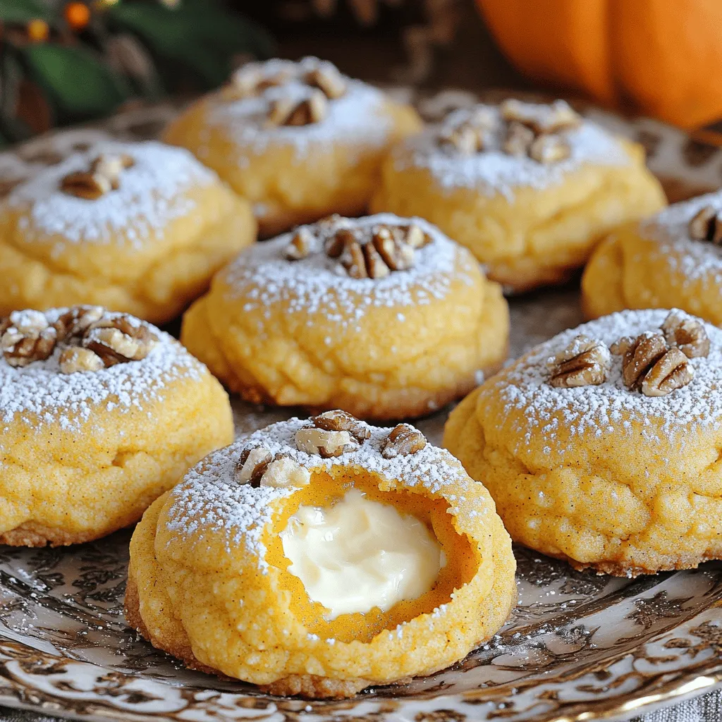 To make pumpkin cheesecake cookies, you'll need the following ingredients: - 1 cup all-purpose flour - 1 teaspoon baking soda - 1 teaspoon ground cinnamon - 1/2 teaspoon ground nutmeg - 1/4 teaspoon ground ginger - 1/4 teaspoon salt - 1/2 cup unsalted butter, softened - 1/2 cup granulated sugar - 1/2 cup brown sugar, packed - 1 large egg - 1 teaspoon vanilla extract - 1/2 cup pumpkin puree - 1/2 cup cream cheese, softened - 1/4 cup powdered sugar (for filling) - 1/2 teaspoon vanilla extract (for filling) You can add some optional ingredients for extra flavor and crunch: - 1/4 cup chopped walnuts or pecans If you need substitutions, here are some ideas: - For all-purpose flour, use gluten-free flour blend. - Replace unsalted butter with coconut oil for a dairy-free option. - Use a flax egg instead of a large egg for a vegan choice. - Swap cream cheese with a dairy-free cream cheese for a lighter treat. These substitutions can help you adapt the recipe to fit your needs while still keeping those delicious flavors. Enjoy! Start by preheating your oven to 350°F (175°C). Line a baking sheet with parchment paper. In a small bowl, whisk together these dry ingredients: - 1 cup all-purpose flour - 1 teaspoon baking soda - 1 teaspoon ground cinnamon - 1/2 teaspoon ground nutmeg - 1/4 teaspoon ground ginger - 1/4 teaspoon salt Set this bowl aside. In a large mixing bowl, beat together: - 1/2 cup unsalted butter, softened - 1/2 cup granulated sugar - 1/2 cup brown sugar, packed Mix until creamy. Next, add: - 1 large egg - 1 teaspoon vanilla extract Blend these until smooth. Now, stir in: - 1/2 cup pumpkin puree Keep mixing until it all looks nice and smooth. Gradually add your dry mix to the wet mix. Stir just until combined. Be careful not to overmix. Using a tablespoon, drop a spoonful of cookie dough on your prepared baking sheet. Leave space between each ball. Take your finger or the back of a spoon and create an indent in each dough ball. This is where you will add the filling. In another bowl, combine: - 1/2 cup cream cheese, softened - 1/4 cup powdered sugar - 1/2 teaspoon vanilla extract Mix until smooth. Spoon about 1/2 teaspoon of this cream cheese filling into each indent you made. For extra crunch, sprinkle optional chopped walnuts or pecans on top of the filling. Now, it’s time to bake! Put the cookies in the oven and bake for 10-12 minutes. Look for lightly golden edges. Once done, let the cookies cool on the baking sheet for a few minutes. Then, move them to a wire rack to cool completely. Enjoy these delightful treats! When making pumpkin cheesecake cookies, avoid overmixing the dough. This can make your cookies tough. Mix just until combined for a soft, chewy texture. Another mistake is skipping the cream cheese filling. The filling adds rich flavor and creaminess that balances the spices. Also, make sure your butter is softened. This helps the sugars blend well and creates a light cookie. Lastly, do not overcrowd the baking sheet. Leave space between cookies so they bake evenly. To get that perfect cookie texture, pay attention to your butter and sugar mixture. Beat them until they are creamy and fluffy. This helps aerate the dough, giving it a nice rise. Use fresh pumpkin puree for the best flavor and moisture. If you want a slightly chewy cookie, bake them until just golden at the edges. This will ensure they stay soft in the center. Let them cool on the baking sheet for a few minutes before moving them to a wire rack. For a fun presentation, arrange your cookies on a colorful platter. Dust them lightly with powdered sugar for a festive look. Pair them with a side of whipped cream for dipping. You can also add a sprinkle of cinnamon on top for extra flair. If you want to make them more special, consider serving them with a warm cup of spiced cider or coffee. These cookies are perfect for fall gatherings and holiday parties! {{image_2}} You can change the flavor of your pumpkin cheesecake cookies easily. Try adding chocolate chips for a sweet twist. Just fold in about 1/2 cup of chocolate chips into the dough. For a spiced variation, increase the cinnamon and nutmeg. This makes your cookies even more aromatic and warm. You can also mix in dried fruits like cranberries or raisins for a chewy texture. If you need gluten-free cookies, swap the all-purpose flour for a gluten-free blend. Many blends work well, so choose one you like. For a vegan version, replace the egg with a flax egg. To make a flax egg, mix 1 tablespoon of ground flaxseed with 2.5 tablespoons of water. Let it sit for about five minutes to thicken. Use vegan butter and a dairy-free cream cheese for the filling. You can adjust these cookies for any holiday. For Thanksgiving, add a sprinkle of nutmeg to the dough. You can also use maple syrup instead of some sugar for a fall flavor. At Christmas, add crushed peppermint to the filling for a festive touch. These small changes keep your cookies fresh and exciting all year. Enjoy making these fun variations! To keep your pumpkin cheesecake cookies fresh, store them in an airtight container. Line the bottom with parchment paper. This helps absorb any moisture. Place the cookies in a single layer. If you have many, add layers of parchment paper between them. This prevents sticking. Keep the container in a cool, dry place away from sunlight. You can freeze these cookies for later enjoyment. First, let the cookies cool completely. Then, place them in a single layer on a baking sheet. Freeze for about an hour until firm. Once frozen, transfer them to a freezer-safe bag. Squeeze out excess air and seal tightly. You can freeze them for up to three months. To enjoy, thaw them at room temperature or heat them in the oven. Pumpkin cheesecake cookies stay fresh for about five days at room temperature. If you want them to last longer, freezing is best. Always check for any signs of spoilage, like an off smell or changes in texture. Storing them properly helps keep their flavor and texture intact. Enjoy your delicious cookies whenever you crave a sweet treat! Yes, you can prepare these cookies ahead of time. Mix the dough and chill it in the fridge for up to 24 hours. This helps the flavors meld. You can also freeze the dough. Just scoop the dough onto a baking sheet, freeze until firm, then store in a freezer bag. When ready, bake directly from the freezer, adding a few extra minutes to the baking time. If you don't have pumpkin puree, you can use butternut squash puree or sweet potato puree. Both options have a similar taste and texture. You can also make your own by roasting pumpkin or squash, then blending it smooth. Just ensure that the substitute is thick and not too watery. The cookies are done when the edges are lightly golden. They may look soft in the center, but they will firm up as they cool. You can gently touch the edges; if they feel set, it's time to take them out. Avoid overbaking for the best texture. Enjoy the warm, soft cookies! In this blog post, we covered all the key steps to make delicious cookies and cheesecake filling. We explored essential ingredients, helpful tips, tasty variations, and smart storage methods. Remember to avoid common mistakes for the best texture. Always keep in mind your guest's preferences with flavor changes like gluten-free or seasonal twists. With this knowledge, you can bake cookies that impress everyone. Enjoy your baking journey and share your tasty results!