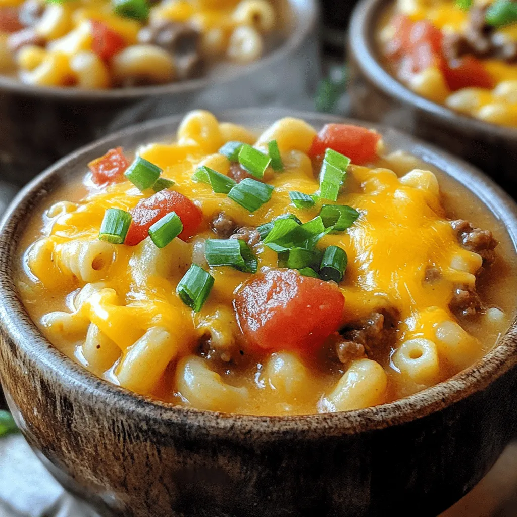 To make this rich and hearty Crockpot Cheeseburger Mac Soup, you will need: - 1 lb ground beef (or turkey) - 1 medium onion, chopped - 2 cloves garlic, minced - 3 cups beef broth - 1 can (15 oz) diced tomatoes (with juice) - 1 can (8 oz) tomato sauce - 2 cups elbow macaroni - 1 cup shredded cheddar cheese - 1 teaspoon Worcestershire sauce - 1 teaspoon dried Italian seasoning - Salt and pepper to taste - 1 cup milk - Chopped green onions for garnish (optional) You can easily swap some ingredients. For a leaner option, use ground turkey instead of beef. If you want a lighter soup, use low-fat milk instead of whole milk. You can also replace elbow macaroni with any small pasta shape you prefer, like shells or penne. For a vegetarian version, consider using lentils or beans in place of meat. Select fresh ground beef or turkey. Look for meat with a bright color and minimal fat. For the onion and garlic, choose firm, unbruised options. Canned tomatoes should be in juice, not syrup. When picking beef broth, go for low-sodium brands to control salt levels. Use real cheese, not processed, for the best flavor. Fresh ingredients make the soup taste great! Start with the ground beef or turkey. Use one pound for the soup. Chop one medium onion and mince two cloves of garlic. These add great flavor. Next, gather three cups of beef broth. You’ll also need a 15-ounce can of diced tomatoes and an 8-ounce can of tomato sauce. Get two cups of elbow macaroni and one cup of shredded cheddar cheese. Finally, have Worcestershire sauce, dried Italian seasoning, salt, and pepper ready. If you like, chop some green onions for garnish later. First, brown the meat in a skillet over medium heat. Add the chopped onion and minced garlic. Cook until the meat is no longer pink. Drain any fat from the pan. Now, transfer the meat mixture to your crockpot. Add the beef broth, diced tomatoes, tomato sauce, elbow macaroni, Worcestershire sauce, Italian seasoning, salt, and pepper. Stir everything well to mix. Cover the crockpot and cook. Set it on low for 6-7 hours or high for 3-4 hours. The macaroni should be tender when done. About 15 minutes before serving, stir in the milk and cheddar cheese. This gives the soup a creamy texture. Look for the cheese to melt and the soup to heat through. You can taste the soup and adjust the seasoning if needed. If the macaroni is soft and the soup is hot, it’s ready to serve. Use a ladle to pour it into bowls. If you like, sprinkle chopped green onions on top for color and crunch. When making Crockpot Cheeseburger Mac Soup, avoid these common mistakes: - Not browning the meat: Skipping this step can lead to bland flavors. Always brown the meat with onion and garlic first. - Adding too much liquid: This soup should be thick. Stick to the recipe for broth and milk. - Overcooking the macaroni: If you cook it too long, the pasta can turn mushy. Add it during the last few hours of cooking. To serve this soup well, follow these tips: - Presentation: Ladle the soup into bowls and sprinkle with chopped green onions. This adds color and crunch. - Pairing: Serve with garlic bread or crusty rolls for a complete meal. The bread complements the soup perfectly. - Temperature: Always serve the soup hot. It tastes best when warm and cheesy. You can boost the flavor of your soup with these simple tricks: - Add spices: A pinch of cayenne pepper can add heat. Experiment with different spices to find your favorite. - Fresh herbs: Stir in fresh parsley or basil before serving. This brightens the dish and adds freshness. - Extra cheese: Top each bowl with more shredded cheddar. It melts beautifully and enhances the creamy texture. {{image_2}} You can swap out the ground beef for other proteins. Ground turkey gives a lighter option. Ground chicken works well too. For a stronger taste, try using chorizo. Each protein changes the flavor but keeps it hearty. To make a vegetarian version, skip the meat entirely. Use a mix of beans, like black and kidney beans, for protein. Add extra veggies like bell peppers and carrots for texture and taste. For a vegan version, use plant-based cheese and milk. This keeps the creamy goodness without animal products. If you love spice, add diced jalapeños or a splash of hot sauce. You can also mix in some crushed red pepper flakes for heat. For more flavor, try adding a tablespoon of taco seasoning. This will give the soup a fun twist. Consider topping with fresh cilantro or avocado for a fresh touch. After enjoying your Crockpot Cheeseburger Mac Soup, cool it down first. Use airtight containers to keep it fresh. Store it in the fridge if you plan to eat it within three days. If you wait longer, freezing is best. This way, the flavors stay strong and tasty. To reheat, pour the soup into a pot over medium heat. Stir often to warm it evenly. If it seems thick, add a splash of milk or broth. You can also use the microwave. Place the soup in a safe bowl and heat for 1-2 minutes. Stir halfway to avoid hot spots. For freezing, let the soup cool completely. Then, portion it into freezer bags. Squeeze out as much air as you can before sealing. Label the bags with the date. When you’re ready to eat, thaw the soup overnight in the fridge. Reheat it on the stove or in the microwave. The soup will taste fresh and delicious! The cooking time for Crockpot Cheeseburger Mac Soup varies based on your setting. If you set it on low, it takes about 6 to 7 hours. When on high, it cooks in 3 to 4 hours. You want the macaroni to be soft and tender. Yes, you can use other pasta shapes. Options like shells or rotini work well. Just keep an eye on the cooking time. Different pasta may cook faster or slower than elbow macaroni. Adjust your cooking time as needed for best results. To make this soup gluten-free, swap the elbow macaroni for gluten-free pasta. Many brands now offer gluten-free options that taste great. Be sure to check labels on the broth and sauce. Some may contain gluten, so look for certified gluten-free products. Yes, you can make this soup in a standard pot. Start by browning the meat in the pot. Then add in the broth, tomatoes, and seasonings. Bring it to a boil, then reduce heat. Let it simmer until the pasta is cooked. This method takes less time than the crockpot. In this post, we covered how to make tasty Crockpot Cheeseburger Mac Soup. We looked at what ingredients to use and how to swap them out. Knowing how to pick quality ingredients makes a big difference. I shared step-by-step instructions to prepare and cook your soup perfectly. I also offered helpful tips on serving and avoiding mistakes. Lastly, I discussed storage and common questions. Now you have a clear plan to enjoy this comforting soup anytime.