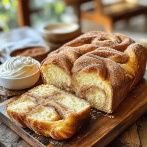 To make this tasty bread, you need: - 3 cups all-purpose flour - 1 tablespoon baking powder - 1 teaspoon baking soda - 1 teaspoon salt - 1 teaspoon ground cinnamon - 1/2 teaspoon nutmeg - 1 cup granulated sugar - 1/2 cup unsalted butter, softened - 2 large eggs - 1 cup buttermilk (or milk with 1 tablespoon lemon juice) - 1 teaspoon vanilla extract These ingredients blend to create a soft, sweet bread that tastes just like donuts! For the topping, gather: - 1/2 cup granulated sugar - 1 tablespoon ground cinnamon - 1 tablespoon melted butter This mix gives the bread a crunchy, sweet finish that makes it even more delicious. If you want to switch things up, you can use: - Coconut oil instead of butter for a dairy-free option - Almond milk for buttermilk for a nutty flavor - Whole wheat flour for a healthier twist These changes will still keep your bread tasty while adding unique flavors! First, turn on your oven to 350°F (175°C). This helps the bread cook evenly. Next, grab a 9x5-inch loaf pan. You can grease it with butter or line it with parchment paper. This step keeps the bread from sticking. In a large bowl, add 3 cups of all-purpose flour. Then, add 1 tablespoon of baking powder and 1 teaspoon of baking soda. Next, sprinkle in 1 teaspoon of salt, 1 teaspoon of ground cinnamon, and 1/2 teaspoon of nutmeg. Whisk everything together well and set it aside. In another bowl, add 1/2 cup of softened unsalted butter and 1 cup of granulated sugar. Use an electric mixer to beat them together. Mix until the mixture looks light and fluffy. This should take about 3 to 4 minutes. Next, add 2 large eggs, one at a time. Mix well after each egg. Finally, stir in 1 cup of buttermilk and 1 teaspoon of vanilla extract until it's smooth. Now, it's time to mix the dry and wet ingredients. Gradually add the dry mix to the wet mix. Use a spatula to fold it gently. Be careful not to mix too much. You want to keep it fluffy and light. Pour the batter into your prepared loaf pan. Smooth the top with a spatula. In a small bowl, mix 1/2 cup of granulated sugar with 1 tablespoon of ground cinnamon. Sprinkle half of this mixture over the batter. Use a knife to gently swirl it into the batter. Then, add the rest of the batter on top and finish with the remaining cinnamon sugar. Place the pan in the oven and bake for 45 to 50 minutes. Check if it's done by inserting a toothpick in the center. If it comes out clean, it's ready! Once it’s baked, take it out and brush the top with melted butter while it's warm. This gives it a nice shine and extra flavor. To get fluffy bread, you need to cream the butter and sugar well. Use an electric mixer for about three to four minutes. This step adds air, making the bread light. Also, do not overmix when adding dry ingredients. Mix just until combined for the best texture. To keep your bread moist, use fresh buttermilk. If you don't have buttermilk, mix milk with lemon juice. This helps the bread rise. Brush melted butter on top right after baking. It adds flavor and keeps the crust soft. For a great taste, use one teaspoon of ground cinnamon in the batter. Add half a teaspoon of nutmeg for a warm flavor. Adjust the cinnamon sugar topping to your liking. If you love cinnamon, feel free to add more. Just remember to keep the balance. {{image_2}} You can easily make a gluten-free version of this bread. Use a gluten-free flour blend in place of all-purpose flour. Look for blends that include xanthan gum, as this helps with texture. Follow the same mixing steps in the recipe. This way, everyone can enjoy the soft and tasty bread you make! To add some crunch or sweetness, try adding nuts or chocolate chips. Chopped walnuts or pecans add a great texture. You can also mix in chocolate chips for a fun twist. Just fold in about 1/2 cup of your choice into the batter before baking. This gives your bread a tasty surprise in every slice! Want to change the flavor? You can add different extracts for fun. Instead of vanilla, try almond or maple extract. Just a teaspoon can change the whole taste. If you want a hint of citrus, add some orange or lemon zest. These small changes can make your cinnamon sugar donut bread even more exciting! To keep your cinnamon sugar donut bread fresh, wrap it tightly in plastic wrap. Place it in an airtight container or a resealable bag. This will help keep it moist and tasty. Store it at room temperature for up to three days. If you want it to last longer, consider freezing it. To freeze your bread, slice it first. Place the slices in a single layer on a baking sheet. Freeze them for about one hour until firm. Then, transfer the slices to a freezer-safe bag. Press out any air before sealing. You can freeze it for up to three months. This way, you can enjoy a slice anytime! When you're ready to enjoy your bread, you can reheat it easily. To do this, take a slice and place it in a toaster or toaster oven. Heat it until warm and slightly crispy. You can also use a microwave. Just warm it for about 10-15 seconds. For added flavor, brush a little melted butter on top before serving! Yes, you can. If you don't have buttermilk, mix 1 cup of milk with 1 tablespoon of lemon juice. Let it sit for five minutes. This gives you a similar tangy flavor. You can also use plain yogurt or sour cream as a substitute. Check the bread with a toothpick. Insert it into the center of the loaf. If it comes out clean, the bread is done. You can also gently press the top. If it springs back, it's ready. You can serve this bread with a sprinkle of extra cinnamon sugar. A drizzle of honey adds a nice touch too. Pair it with vanilla frosting for dipping. Cream cheese spread can also enhance the flavor. Yes, you can easily double this recipe. Just use a larger mixing bowl and a bigger pan. Bake time may increase. Keep an eye on the bread as it bakes. Check with a toothpick to make sure it’s done. Cinnamon Sugar Donut Bread is simple and fun to make. We covered the key ingredients, from the main flavors to tasty toppings. The step-by-step guide showed you how to mix, bake, and finish your bread. I shared tips for texture and flavor, plus variations for gluten-free and nut lovers. Lastly, we discussed storage and reheating to keep your bread fresh. Enjoy this delicious treat, and don’t hesitate to get creative!