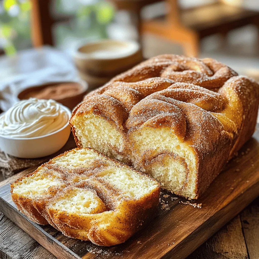To make this tasty bread, you need: - 3 cups all-purpose flour - 1 tablespoon baking powder - 1 teaspoon baking soda - 1 teaspoon salt - 1 teaspoon ground cinnamon - 1/2 teaspoon nutmeg - 1 cup granulated sugar - 1/2 cup unsalted butter, softened - 2 large eggs - 1 cup buttermilk (or milk with 1 tablespoon lemon juice) - 1 teaspoon vanilla extract These ingredients blend to create a soft, sweet bread that tastes just like donuts! For the topping, gather: - 1/2 cup granulated sugar - 1 tablespoon ground cinnamon - 1 tablespoon melted butter This mix gives the bread a crunchy, sweet finish that makes it even more delicious. If you want to switch things up, you can use: - Coconut oil instead of butter for a dairy-free option - Almond milk for buttermilk for a nutty flavor - Whole wheat flour for a healthier twist These changes will still keep your bread tasty while adding unique flavors! First, turn on your oven to 350°F (175°C). This helps the bread cook evenly. Next, grab a 9x5-inch loaf pan. You can grease it with butter or line it with parchment paper. This step keeps the bread from sticking. In a large bowl, add 3 cups of all-purpose flour. Then, add 1 tablespoon of baking powder and 1 teaspoon of baking soda. Next, sprinkle in 1 teaspoon of salt, 1 teaspoon of ground cinnamon, and 1/2 teaspoon of nutmeg. Whisk everything together well and set it aside. In another bowl, add 1/2 cup of softened unsalted butter and 1 cup of granulated sugar. Use an electric mixer to beat them together. Mix until the mixture looks light and fluffy. This should take about 3 to 4 minutes. Next, add 2 large eggs, one at a time. Mix well after each egg. Finally, stir in 1 cup of buttermilk and 1 teaspoon of vanilla extract until it's smooth. Now, it's time to mix the dry and wet ingredients. Gradually add the dry mix to the wet mix. Use a spatula to fold it gently. Be careful not to mix too much. You want to keep it fluffy and light. Pour the batter into your prepared loaf pan. Smooth the top with a spatula. In a small bowl, mix 1/2 cup of granulated sugar with 1 tablespoon of ground cinnamon. Sprinkle half of this mixture over the batter. Use a knife to gently swirl it into the batter. Then, add the rest of the batter on top and finish with the remaining cinnamon sugar. Place the pan in the oven and bake for 45 to 50 minutes. Check if it's done by inserting a toothpick in the center. If it comes out clean, it's ready! Once it’s baked, take it out and brush the top with melted butter while it's warm. This gives it a nice shine and extra flavor. To get fluffy bread, you need to cream the butter and sugar well. Use an electric mixer for about three to four minutes. This step adds air, making the bread light. Also, do not overmix when adding dry ingredients. Mix just until combined for the best texture. To keep your bread moist, use fresh buttermilk. If you don't have buttermilk, mix milk with lemon juice. This helps the bread rise. Brush melted butter on top right after baking. It adds flavor and keeps the crust soft. For a great taste, use one teaspoon of ground cinnamon in the batter. Add half a teaspoon of nutmeg for a warm flavor. Adjust the cinnamon sugar topping to your liking. If you love cinnamon, feel free to add more. Just remember to keep the balance. {{image_2}} You can easily make a gluten-free version of this bread. Use a gluten-free flour blend in place of all-purpose flour. Look for blends that include xanthan gum, as this helps with texture. Follow the same mixing steps in the recipe. This way, everyone can enjoy the soft and tasty bread you make! To add some crunch or sweetness, try adding nuts or chocolate chips. Chopped walnuts or pecans add a great texture. You can also mix in chocolate chips for a fun twist. Just fold in about 1/2 cup of your choice into the batter before baking. This gives your bread a tasty surprise in every slice! Want to change the flavor? You can add different extracts for fun. Instead of vanilla, try almond or maple extract. Just a teaspoon can change the whole taste. If you want a hint of citrus, add some orange or lemon zest. These small changes can make your cinnamon sugar donut bread even more exciting! To keep your cinnamon sugar donut bread fresh, wrap it tightly in plastic wrap. Place it in an airtight container or a resealable bag. This will help keep it moist and tasty. Store it at room temperature for up to three days. If you want it to last longer, consider freezing it. To freeze your bread, slice it first. Place the slices in a single layer on a baking sheet. Freeze them for about one hour until firm. Then, transfer the slices to a freezer-safe bag. Press out any air before sealing. You can freeze it for up to three months. This way, you can enjoy a slice anytime! When you're ready to enjoy your bread, you can reheat it easily. To do this, take a slice and place it in a toaster or toaster oven. Heat it until warm and slightly crispy. You can also use a microwave. Just warm it for about 10-15 seconds. For added flavor, brush a little melted butter on top before serving! Yes, you can. If you don't have buttermilk, mix 1 cup of milk with 1 tablespoon of lemon juice. Let it sit for five minutes. This gives you a similar tangy flavor. You can also use plain yogurt or sour cream as a substitute. Check the bread with a toothpick. Insert it into the center of the loaf. If it comes out clean, the bread is done. You can also gently press the top. If it springs back, it's ready. You can serve this bread with a sprinkle of extra cinnamon sugar. A drizzle of honey adds a nice touch too. Pair it with vanilla frosting for dipping. Cream cheese spread can also enhance the flavor. Yes, you can easily double this recipe. Just use a larger mixing bowl and a bigger pan. Bake time may increase. Keep an eye on the bread as it bakes. Check with a toothpick to make sure it’s done. Cinnamon Sugar Donut Bread is simple and fun to make. We covered the key ingredients, from the main flavors to tasty toppings. The step-by-step guide showed you how to mix, bake, and finish your bread. I shared tips for texture and flavor, plus variations for gluten-free and nut lovers. Lastly, we discussed storage and reheating to keep your bread fresh. Enjoy this delicious treat, and don’t hesitate to get creative!