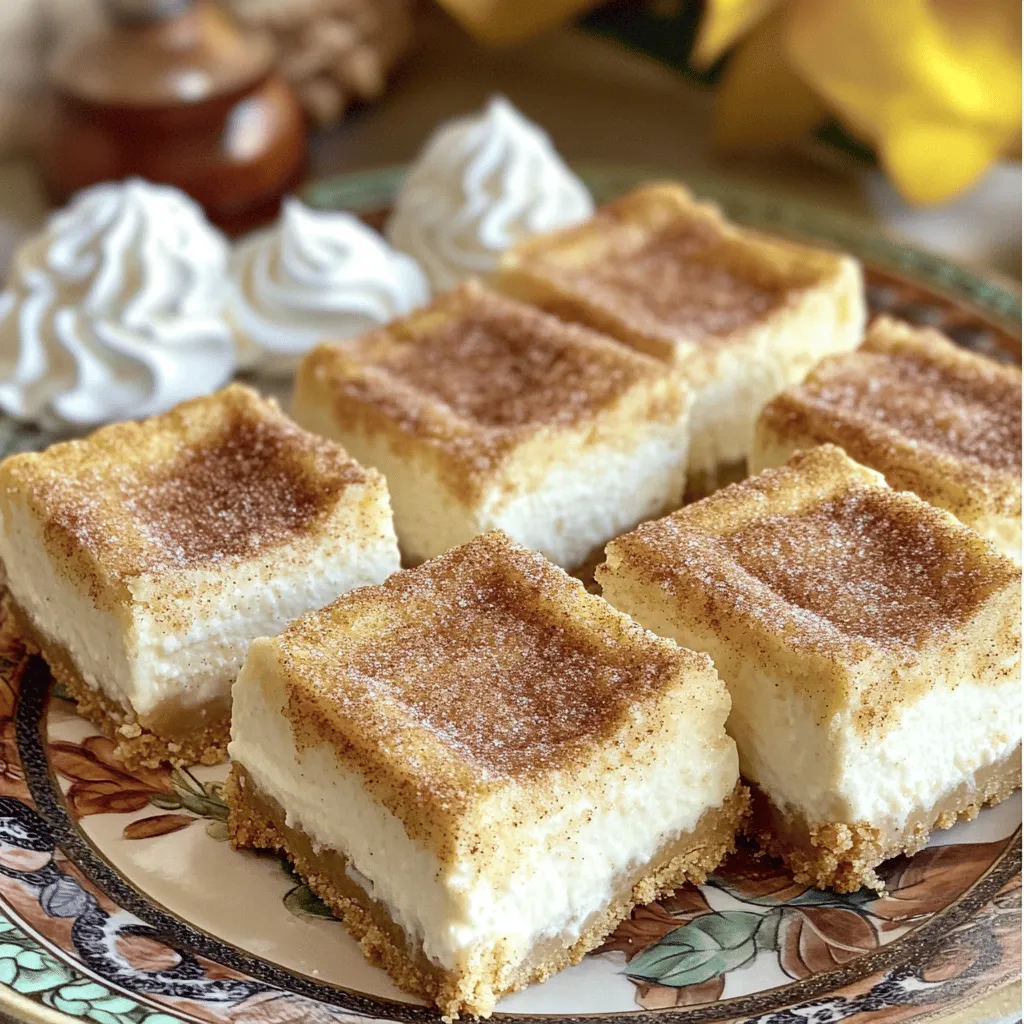 - 1 cup all-purpose flour - 1/2 cup granulated sugar - 1/2 teaspoon baking powder These ingredients form the base of your churro cheesecake bars. The all-purpose flour gives the crust structure. Granulated sugar adds sweetness, and baking powder helps the crust rise slightly. - 1/4 cup unsalted butter - 8 oz cream cheese - 1 teaspoon cinnamon Unsalted butter adds richness and moisture. Cream cheese provides that creamy texture we love in cheesecake. Cinnamon is key for that churro flavor. It gives warmth and a hint of spice to the bars. - 1/4 cup powdered sugar - 2 tablespoons cinnamon sugar - 1/4 cup sour cream Powdered sugar gives a sweet dusting to the top. Cinnamon sugar adds a delicious finish, making them taste like churros. Sour cream brings a tangy note that balances the sweetness. These ingredients work together to create a dessert that is both rich and satisfying. Each element plays a part in building layers of flavor and texture. Enjoy mixing and matching these ingredients to make your bars unique! - Preheat your oven to 350°F. - Line an 8x8-inch baking dish with parchment paper. Leave some paper hanging over the edges. This helps with easy removal later. - In a medium bowl, combine 1 cup of all-purpose flour, 1/2 cup of granulated sugar, 1/2 teaspoon of baking powder, and 1/4 teaspoon of salt. - In another bowl, mix 1/4 cup of melted unsalted butter, 1 egg, and 1 teaspoon of vanilla extract until smooth. - Stir the wet mixture into the dry ingredients. Mix until just combined. - In a separate bowl, beat 8 oz of softened cream cheese and 1/4 cup of brown sugar until creamy. - Add 1 teaspoon of cinnamon and 1/4 teaspoon of nutmeg to the mixture. - Pour the cream cheese mix over the crust. Spread it evenly. - Bake in the preheated oven for 25-30 minutes. The edges should be set, while the center may jiggle slightly. - Allow it to cool for about 15 minutes. Then, chill it in the fridge for at least 2 hours. To make a great Churro Cheesecake Bar, focus on the crust. - Avoid overmixing the crust: Mix just until the dry and wet ingredients combine. Overmixing can make the crust tough. - Tips for a creamy cheesecake layer: Beat the cream cheese until smooth. This helps it blend well with the sugars and spices. Add sour cream for extra creaminess. Presentation can make your dessert shine. - Best ways to present Churro Cheesecake Bars: Use a pretty plate and cut the bars into neat squares. Dust the tops with cinnamon sugar for that churro look. - Ideal pairings for serving: Serve with whipped cream on the side. A drizzle of chocolate sauce also adds a nice touch. Learning from mistakes helps improve your baking. - Overbaking tips: Keep an eye on the bars. When the edges set and the center jiggles slightly, they are done. - Proper chilling advice: Chill for at least two hours. This helps the flavors meld and the bars to set properly. {{image_2}} You can make these churro cheesecake bars gluten-free. Just swap the all-purpose flour with a gluten-free blend. Look for a blend that works well in baking. Follow the same steps in the recipe. The texture will be just as tasty! Want a vegan version? It's easy! Replace the egg with a flax egg. Mix one tablespoon of ground flaxseed with three tablespoons of water. Let it sit for a few minutes to thicken. For cream cheese, use a vegan cream cheese alternative. Substitute sour cream with coconut yogurt. These changes keep the flavor rich and fun! You can add extra flavors to your bars. Try drizzling chocolate sauce on top for a sweet kick. You can also mix in fresh fruit, like strawberries or raspberries. This adds color and zest to each bite. Don't forget to play with spices! Adding a pinch of cardamom or a bit more cinnamon can change the taste. Experimenting makes each batch unique! To keep your Churro Cheesecake Bars fresh, store them in the fridge. Place the cut bars in an airtight container. This helps prevent them from drying out. You can also cover them tightly with plastic wrap. They will stay good for up to five days. Remember, chilling enhances their flavor and texture. You can freeze Churro Cheesecake Bars for later enjoyment. First, let them cool completely. Then, wrap each bar individually in plastic wrap. After that, place them in a freezer-safe bag or container. This way, they stay fresh and tasty. They can be frozen for up to three months. When ready to eat, thaw them in the fridge overnight. These delicious bars are best enjoyed fresh. However, if stored properly, they can last a while. When kept in the fridge, they stay fresh for about five days. If frozen, they can be tasty for up to three months. Just make sure to check for any off smells or changes in texture before indulging. Enjoy every bite! Yes, you can make these bars ahead. Prepare them, then chill in the fridge. They taste even better after a day. Just cover them tightly with plastic wrap. This keeps them fresh and moist. You can use Greek yogurt as a substitute for cream cheese. It adds creaminess with less fat. Vegan cream cheese is another option for a dairy-free choice. Silken tofu blended until smooth works too. These bars are not gluten-free if you use regular flour. You can substitute all-purpose flour with a gluten-free blend. Make sure your baking powder is also gluten-free. This way, you can enjoy the bars without worry. Look for set edges and a slightly jiggly center. The bars should be golden brown on top. A toothpick inserted should come out clean or with a few crumbs. If it’s too wet, bake a little longer. In this blog post, we explored the essential ingredients, steps, and tips for making Churro Cheesecake Bars. We covered ways to enhance flavor, prevent common mistakes, and even included variations for different diets. Remember, the key is to mix well but not too much to avoid a tough crust. Enjoy these tasty bars chilled, and don’t hesitate to try different toppings. They’re simple, fun, and sure to impress at any gathering. Enjoy making these treats and sharing them with friends!