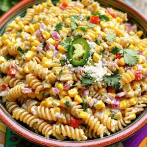 - 8 oz rotini pasta - 2 cups fresh corn kernels (or canned) - 1 red bell pepper, diced - 1/2 cup red onion, finely chopped - 1 jalapeño, seeded and minced - 1/2 cup cilantro, chopped - 1/2 cup crumbled cotija cheese (or feta) - 3 tablespoons mayonnaise - 2 tablespoons lime juice - 1 teaspoon chili powder - 1 teaspoon garlic powder - Salt and pepper to taste For this Mexican Street Corn Pasta Salad, you will need fresh, bright ingredients. First, rotini pasta is your base. It holds the dressing well and adds texture. You can use fresh corn kernels for a sweeter taste. Canned corn also works if fresh isn't available. Next, gather your veggies. The red bell pepper adds crunch and sweetness. The red onion gives a sharp bite, while jalapeño brings heat. Don’t skip the herbs! Cilantro adds a fresh note that brightens the dish. Now, let’s talk cheese. Cotija brings creaminess and saltiness. If you can’t find it, feta is a good substitute. For the dressing, you need just a few items. Mayonnaise gives richness, while lime juice adds acidity. Chili powder and garlic powder bring warmth and depth. Finally, season with salt and pepper to your taste. These ingredients come together to create a colorful and flavorful dish. Enjoy the process of mixing and tasting as you go! To cook rotini pasta, bring a pot of salted water to a boil. Add the pasta and cook it until it is al dente. This usually takes about 8 to 10 minutes. Once cooked, drain the pasta. Rinse it under cold water to stop the cooking process. This step helps keep the pasta firm and not mushy. For the best flavor, use fresh corn. Take two cups of corn kernels. You can cut them off the cob or use canned corn if fresh is not available. In a medium pan, heat it over medium heat. Add the corn kernels and sauté them for about 5 to 7 minutes. You want them to get slightly charred. This adds a nice smoky flavor to the salad. Once done, set the corn aside to cool. In a large mixing bowl, combine the cooked rotini, charred corn, diced red bell pepper, finely chopped red onion, minced jalapeño, and chopped cilantro. Make sure to mix them well. In a separate small bowl, whisk together the mayonnaise, lime juice, chili powder, garlic powder, salt, and pepper. This dressing will tie everything together. Pour the dressing over the pasta mixture. Toss well to coat all the ingredients evenly. Finally, gently fold in the crumbled cotija cheese, saving some for garnish later. Taste the salad and adjust the seasoning if needed. Chill it in the fridge for at least 30 minutes before serving. To ensure your pasta is al dente, follow these steps: - Boil water in a large pot. Add salt for flavor. - Cook the rotini pasta according to the package directions. - Test the pasta a minute early. It should be firm but not hard. - Drain and rinse the pasta under cold water. This stops the cooking. For the corn, char it for added flavor: - Heat a medium pan over medium heat. - Add the corn kernels. - Sauté for 5 to 7 minutes until they are slightly charred. This brings out sweetness. - Set the corn aside to cool before mixing. To test the flavors, take a small bite of the salad: - Check if the lime juice is bright. It should balance the creaminess of the mayo. - Taste for salt and spice. You want a kick from the chili powder. If you want to enhance the taste, try these tips: - Add more lime juice for a zing. - Sprinkle in extra chili powder for heat. - Mix in a dash of garlic powder if you love garlic. For serving methods, consider these ideas: - Use a large, colorful bowl to show off the salad. - Chill the salad for at least 30 minutes for better flavor. For garnishing, try these options: - Sprinkle crumbled cotija cheese on top for a salty bite. - Add fresh cilantro for a pop of green. - You can even add lime wedges on the side for extra zest. {{image_2}} If you don't have cotija cheese, try feta cheese. Feta gives a similar salty taste. You can also use Parmesan for a different flavor. For pasta, rotini works great, but you can switch to penne or bowtie. These shapes hold the dressing well and add a fun look. To kick up the flavor, add spices like cumin or smoked paprika. These spices bring warmth and depth to the dish. You can also add different peppers, like poblano or banana peppers, for a unique twist. Adding protein makes this salad heartier. Grilled chicken or shrimp pairs well with the other ingredients. Just chop them into bite-sized pieces and mix them in. To make the salad vegan, swap mayonnaise for avocado or a vegan mayo. This keeps it creamy and delicious without dairy. For a gluten-free option, use gluten-free pasta. There are many great brands available now, so you can still enjoy this dish without worry. If you're watching calories, consider a lighter dressing. Mix yogurt with lime juice and spices for a fresh, low-calorie option. To store the pasta salad properly, place it in an airtight container. Make sure to seal it well to keep air out. This helps prevent the salad from drying out. It’s best to chill the salad in the fridge right after serving. To keep it fresh, avoid leaving it out for more than two hours. If you have leftovers, enjoy them within three to four days. Before serving again, give it a quick stir. The flavors will meld together nicely in the fridge. You can freeze Mexican Street Corn Pasta Salad, but it may change in texture. To freeze, first cool the salad completely. Then, portion it into freezer-safe bags or containers. Squeeze out as much air as you can before sealing. This helps avoid freezer burn. When ready to eat, thaw it in the fridge overnight. After thawing, mix it well. You might want to add a bit of fresh lime juice or mayo to revive the flavor. In the fridge, the salad lasts about three to four days. Always check for signs of spoilage. Look for off smells, a slimy texture, or mold. If you see any of these signs, throw it away. Keeping track of food freshness helps you stay safe and enjoy your meals. Mexican Street Corn Pasta Salad is a fun twist on a classic dish. It combines pasta with fresh corn, peppers, and spices. This salad has bright flavors from lime and cilantro. Cotija cheese adds a creamy, salty touch. The dish is colorful and great for gatherings. Yes, you can make this salad ahead of time. It tastes even better after chilling. Prepare it up to one day before serving. Just keep it in the fridge. This lets the flavors blend well. Remember to save some cheese for the top before serving. To add heat, use more jalapeño. You can also use spicy chili powder. Try adding diced serrano peppers for extra kick. If you want more flavor, add a dash of hot sauce. Just be careful not to overpower the other tastes. This pasta salad pairs well with grilled meats. Serve it alongside tacos or barbecued chicken. It also goes great with a fresh green salad. For a full meal, add some beans or rice. This makes for a tasty and filling spread. This blog post highlighted how to make a delicious Mexican Street Corn Pasta Salad. We covered the key ingredients, step-by-step instructions, and useful tips for perfecting the dish. I shared ways to customize your salad and how to store leftovers. In closing, enjoy experimenting with flavors and ingredients. You can create a unique pasta salad for any occasion. With these guidelines, you’ll impress family and friends every time you serve it. Enjoy your cooking journey!