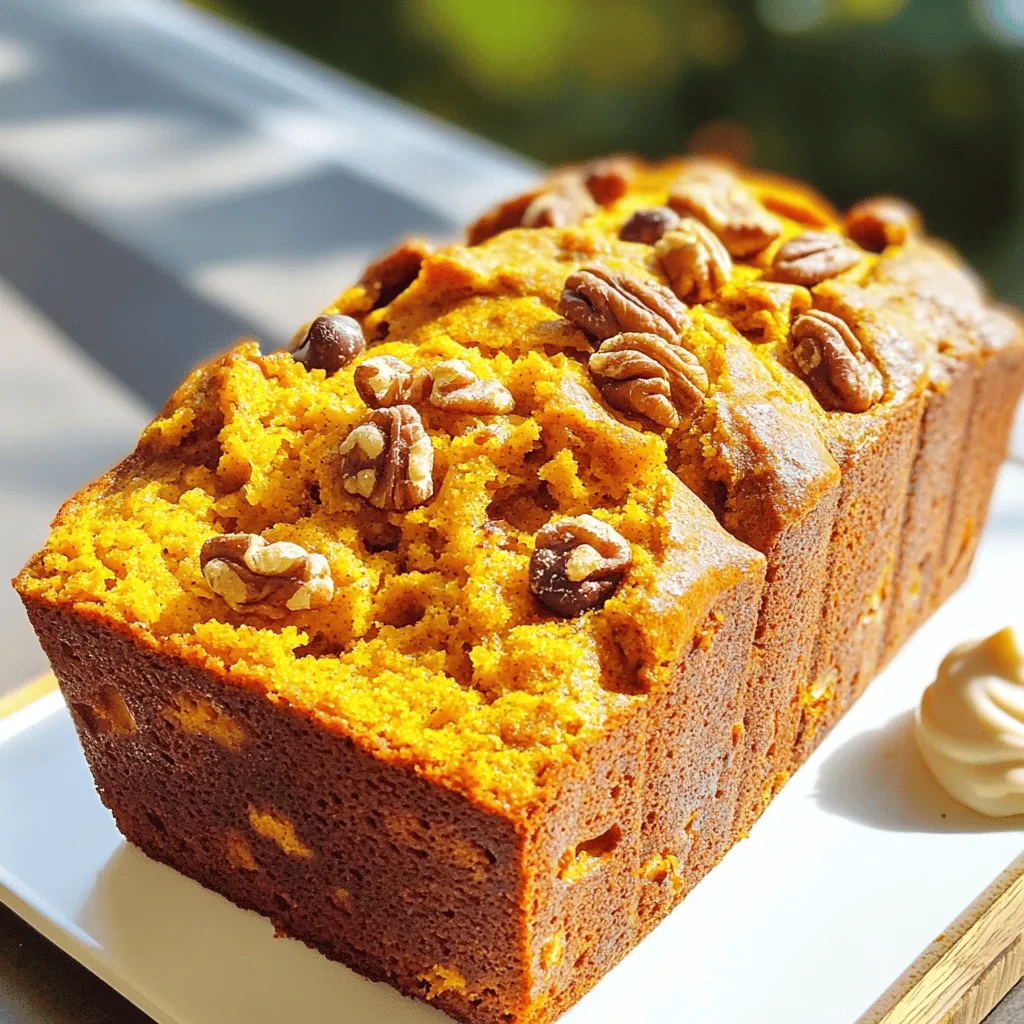 - 2 cups all-purpose flour - 1 cup pumpkin puree (canned or fresh) - 1/2 cup brown sugar - 1/2 teaspoon salt - 1/2 teaspoon baking soda - 1 teaspoon baking powder - 1 tablespoon pumpkin pie spice - 1/4 cup vegetable oil - 2 large eggs - Optional: 1/2 cup chopped walnuts or pecans, 1/2 cup chocolate chips You will need simple items for no-knead pumpkin bread. Start with all-purpose flour. Use two cups for the base. Pumpkin puree adds moisture and flavor. One cup is perfect. Brown sugar gives sweetness. You will want half a cup. Salt enhances all the tastes, so use half a teaspoon. Next, add baking soda and baking powder. Each requires half a teaspoon and one teaspoon, respectively. Pumpkin pie spice is the star of the show. Use one tablespoon for that cozy fall taste. For moisture, include vegetable oil. A quarter cup will do. Eggs add richness and help bind everything. Use two large eggs. If you want to make it special, add nuts or chocolate chips. Half a cup of either works well. This list makes a tasty loaf that everyone will love. Start by gathering your ingredients. In a large bowl, whisk together the dry ingredients: - 2 cups all-purpose flour - 1/2 cup brown sugar - 1/2 teaspoon salt - 1/2 teaspoon baking soda - 1 teaspoon baking powder - 1 tablespoon pumpkin pie spice Mix these well until you see no dry spots. In another bowl, mix your wet ingredients: - 1 cup pumpkin puree - 1/4 cup vegetable oil - 2 large eggs Whisk until the mixture is smooth. Now, pour the wet ingredients into the dry mix. Use a spatula to gently fold them together. Stop mixing when you see some lumps; overmixing can make the bread tough. If you want, fold in: - 1/2 cup chopped walnuts or pecans - 1/2 cup chocolate chips Once mixed, cover your bowl. You can use plastic wrap or a clean kitchen towel. Let it rest for one hour at room temperature. This time allows the flavors to blend well. It also helps with the gluten, making your bread soft. While the batter rests, preheat your oven to 350°F (175°C). Grease a 9x5-inch loaf pan. After the hour is up, pour the batter into the pan. Smooth the top with your spatula. Now, it's time to bake! Place the pan in the oven. Bake for 50-60 minutes. To check if it's done, insert a toothpick into the center. It should come out clean. Once baked, take it out and let it cool in the pan for 10 minutes. Then, transfer the bread to a wire rack to cool completely. Measuring ingredients correctly is very important. Use a scale for flour if you can. This helps you get the right amount every time. Too much flour can make the bread dense. When mixing, be gentle. Overworking the batter can make the bread tough. Use a spatula to fold the wet and dry ingredients together. It's okay if there are lumps. This will help keep the bread soft. You can boost the flavor with more spices. Try adding extra cinnamon or nutmeg. A splash of vanilla extract can also make it taste great. For toppings, cream cheese spread is a nice choice. You can also sprinkle more pumpkin pie spice on top. This adds a festive look and taste. Serve your pumpkin bread warm or at room temperature. Slice it neatly for guests. You can place it on a pretty platter. Add some fresh herbs for color. A sprinkle of pumpkin pie spice on top makes it festive. This simple touch impresses everyone at your table. {{image_2}} You can easily make this pumpkin bread without nuts. Just skip the walnuts or pecans. For a little crunch, try adding sunflower seeds or pumpkin seeds. They bring a nice texture without the nut allergy risk. To make gluten-free no-knead pumpkin bread, swap all-purpose flour for a gluten-free blend. Use a mix that has xanthan gum for best results. This helps mimic the texture of regular bread. Keep an eye on the baking time, as gluten-free bread may bake faster. Check for doneness a few minutes early. You can change up the spices in this recipe. Try adding cardamom or allspice for a different twist. You could also mix in dried fruits like cranberries or raisins for extra sweetness. For a fun texture, add seeds like chia or flax. Get creative and make this recipe your own! To keep your no-knead pumpkin bread fresh, use the right containers. An airtight container works best. Glass or plastic containers are great choices. If you want to freeze it, wrap the bread tightly in plastic wrap. Then, place it in a freezer bag. This extra layer helps prevent freezer burn. At room temperature, your pumpkin bread lasts about three days. If you store it in the fridge, it can last up to a week. For longer storage, freeze it. When properly wrapped, it can last up to three months in the freezer. To reheat without drying out the bread, use your oven or microwave. For the oven, set it to 350°F (175°C). Place the bread in for about 10-15 minutes. In the microwave, heat it for about 20-30 seconds. Check if it’s warm throughout. Enjoy your warm pumpkin bread! Yes, you can use fresh pumpkin! Using fresh pumpkin gives your bread a vibrant flavor. It also adds a nice texture. To prepare fresh pumpkin, cut it, remove seeds, and roast it until soft. Then, mash it until smooth. This fresh puree can make your bread taste even better than canned. To measure flour accurately, use the scoop and level method. First, fluff the flour in its container. Then, scoop it with a spoon into your measuring cup. Avoid packing it down. Finally, level off the top with a knife. This method helps you avoid too much flour in your bread. Yes, you can make this recipe vegan! For the eggs, use flax eggs or applesauce. Mix 1 tablespoon of flaxseed meal with 2.5 tablespoons of water for each egg. For the vegetable oil, you can use melted coconut oil or applesauce for moisture. These simple swaps keep your bread tasty and plant-based. This post gives you a tasty pumpkin bread recipe, with easy steps to follow. We covered the best ingredients, baking tips, and variations to fit your needs. Remember, measuring accurately makes a big difference. Feel free to try new flavors or toppings for a fun twist. With proper storage, your bread will stay fresh and delicious. Enjoy baking this fall favorite and share it with friends or family!