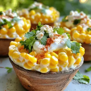 - Fresh or frozen corn kernels - Mayonnaise and sour cream combination - Seasoning essentials (chili powder, garlic powder, paprika) - Fresh elements (lime juice, cilantro, queso fresco) - Salt and pepper adjustments To make Mexican Street Corn Cups, start with the corn. You can use either fresh corn or frozen corn kernels. Fresh corn gives a sweet, bright flavor. If you use fresh corn, grill it until it gets some nice char marks. Frozen corn is just as good. Sauté it in a pan until it warms up and caramelizes a bit. Next, mix your creamy base. I use a blend of mayonnaise and sour cream. This mix makes the corn smooth and rich. Add in chili powder, garlic powder, and paprika for a kick of flavor. These spices bring warmth to the dish. Don't forget the fresh elements! Squeeze some lime juice for zest and toss in chopped cilantro for that fresh taste. Crumbled queso fresco adds a nice salty bite. Finally, adjust with salt and pepper to your liking. These ingredients come together to create a fun and tasty dish. Enjoy your cooking! To make the corn, you have two choices. You can grill fresh corn or sauté frozen corn. Grilling Fresh Corn Method: - Take fresh corn ears and remove the husks. - Heat your grill to medium-high. - Grill the corn for about 10 minutes. - Turn the corn every few minutes. You want it to be slightly charred. Sautéing Frozen Corn Technique: - If using frozen corn, pour it into a pan. - Heat the pan over medium heat. - Sauté the corn until it's heated through. - This usually takes about 5 to 7 minutes. Now it's time to mix the corn with the tasty sauces and seasonings. Combining Corn with Sauces and Seasonings: - In a large bowl, add your corn. - Next, mix in 1/2 cup of mayonnaise and 1/4 cup of sour cream. - Add 1/2 teaspoon of chili powder and 1/2 teaspoon of garlic powder. - Squeeze in 1 tablespoon of lime juice. - Sprinkle in salt and pepper to taste. Proper Mixing Techniques for Consistency: - Use a big spoon to stir everything together. - Make sure all the flavors blend well. - You want a nice, creamy mixture that coats the corn. Finally, it's time to serve your delicious corn cups. Spoon into Cups or Bowls Method: - Use a spoon to scoop the corn mixture. - Fill small cups or serving bowls with it. Garnishing Tips for Visual Appeal: - Sprinkle the remaining queso fresco on top. - Add a bit of chopped cilantro for a pop of green. - Finish with a dash of paprika for color. - Serve right away, or chill it for 30 minutes for a cool treat. When making Mexican Street Corn Cups, you can use fresh or frozen corn. Fresh corn has a sweet taste and crisp texture. It can give your dish a vibrant flavor. If you choose frozen corn, ensure it is high quality. Frozen corn is convenient and can save time. Fresh or frozen, always season well. A balance of flavors is key. Use chili powder, salt, and pepper to enhance the taste. Grilling fresh corn adds a nice char. Grill the corn for about 10 minutes, turning it often. This gives it great flavor and crunch. For frozen corn, cook it in a pan. Use medium heat until it is heated through. Look for a light caramel color. This adds depth to the taste. Mexican Street Corn Cups are great for parties or casual get-togethers. Pair them with refreshing drinks like lemonade or a cold beer. They go well with tacos or nachos too. These cups are fun and easy to eat. Serve them at picnics, BBQs, or game days. They are a hit at any event! {{image_2}} You can change the flavor in many ways. If you love spice, add chopped jalapeños. They give a nice kick. For a sweeter twist, try cotija cheese. It has a creamy texture that blends well. Do you need vegan options? You can swap mayonnaise and sour cream with vegan versions. Look for plant-based mayo and yogurt. This keeps the dish creamy without dairy. For those who avoid gluten, rest easy. The ingredients here are naturally gluten-free. Just make sure to check any pre-packaged items. Make your Mexican Street Corn Cups pop! Try serving them in fun cup styles. You can use small mason jars or colorful paper cups. It adds a festive touch. For garnishing, use extra cilantro and queso fresco. You can even sprinkle chili powder or paprika on top for a vibrant look. Get creative and make each cup unique! To keep your Mexican street corn cups fresh, store them in the fridge. Use an airtight container for the best results. This helps prevent them from drying out or absorbing other smells. If you have leftovers, you can enjoy them within 3 days. Just make sure to store them separately from any garnishes to keep the texture nice. If you want to freeze the mixture, place it in a freezer-safe bag. Remove as much air as possible before sealing. This helps to avoid freezer burn. You can freeze it for up to 2 months. To thaw, place the bag in the fridge overnight. This way, you maintain the best quality. When you’re ready to eat, reheat the corn mixture gently. You can use the microwave or a skillet on low heat. Stir it often to ensure even heating. To avoid sogginess, try not to overcook it. Serve it warm and sprinkle fresh garnishes on top for that perfect crunch. Mexican Street Corn Cups, or "Elote en vaso," come from a popular street food called elote. Vendors sell elote in Mexico, grilling corn on the cob and topping it with creamy sauces and spices. The dish dates back to ancient times when corn was a staple food in Mesoamerica. Over the years, elote has evolved into many forms, including the cup version. This makes it easier to eat. Yes, you can prepare Mexican Street Corn Cups ahead of time. Mix the corn and other ingredients as described in the recipe. Then, cover the cups and chill them in the fridge for about 30 minutes. The flavors will blend well this way. Just remember to add garnishes right before serving to keep them fresh and tasty. Mexican Street Corn Cups pair well with various dishes. Consider serving them with tacos, grilled meats, or a fresh salad. They also taste great with a side of chips and salsa. For drinks, try a cold cerveza or a refreshing agua fresca. These options enhance the meal and create a fun dining experience. You learned how to make tasty Mexican Street Corn Cups. We covered key ingredients, like corn, sauces, and seasonings. I shared step-by-step methods for preparing and serving. You also got tips for choosing corn and cooking well. Remember, these cups are fun for special events or a casual snack. Experiment with flavors and presentations to make them your own. With a few simple choices, you will create a dish that everyone loves. Enjoy making these cups!