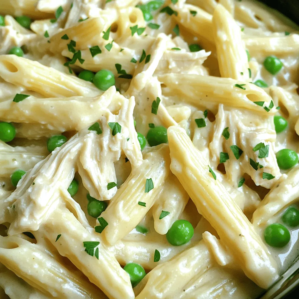 For this dish, I use 1.5 pounds of boneless, skinless chicken breasts. This type of chicken cooks well in the crockpot and stays tender. You’ll also need 8 ounces of penne pasta, but feel free to choose any pasta you like. The pasta absorbs the sauce, making each bite rich and tasty. Creaminess is key in this recipe. I add 1 cup of heavy cream and 1 cup of softened cream cheese. These two ingredients create a rich base for the sauce. The cream cheese melts into the mix, adding a smooth texture. You will also need 1 cup of grated Parmesan cheese. This cheese gives a nice flavor that pairs well with the chicken and pasta. To add flavor, I use a few simple spices. You need 3 cloves of minced garlic for a strong taste. Italian seasoning brings warmth and depth to the dish; just 1 teaspoon is enough. Finally, don’t forget to season with salt and pepper to taste. These spices make the dish come alive and balance the creaminess perfectly. Start by placing the chicken breasts in the crockpot. Make sure they are boneless and skinless. Season the chicken with salt and pepper. Sprinkle one teaspoon of Italian seasoning on top. This adds great flavor to the chicken. In a medium bowl, whisk together the chicken broth, heavy cream, cream cheese, and minced garlic. Mix until smooth. Pour this creamy sauce over the chicken in the crockpot. Cover it and cook on low for 4 to 5 hours. The chicken should be tender and shred easily with a fork. Once the chicken is cooked, remove it from the crockpot. Shred the chicken using two forks and return it to the pot. Now, add the uncooked pasta and frozen peas. Stir everything together well. Cover the crockpot again and cook on low for another 30 to 40 minutes. Check if the pasta is tender. Finally, stir in the grated Parmesan cheese. Adjust the seasoning with more salt and pepper if needed. Serve hot with fresh parsley on top for a nice touch. To make your dish extra creamy, use full-fat cream cheese. It melts better and gives a smooth texture. When you add the cheese, stir it well until it blends in completely. You can mix the heavy cream with some pasta water before adding it to the sauce. This helps keep the sauce rich and creamy. Herbs can elevate your dish. Fresh parsley adds a nice touch at the end. You can also try basil or thyme for a different flavor. Adding these herbs early in cooking lets their taste blend in. If you love garlic, add more than three cloves for an extra kick. A common mistake is overcooking the chicken, making it dry. Cook it just until it shreds easily. Be careful not to add the pasta too early. If you do, it may become mushy. Lastly, always taste before serving. Adjust salt and pepper to your liking for the best flavor. {{image_2}} You can switch out penne for any pasta you like. For a fun twist, try rotini or fusilli. They hold the sauce well and add nice texture. If you want a lighter dish, use whole wheat or gluten-free pasta. Just adjust the cooking time since different pasta types cook at different rates. Adding veggies can make this dish even better. Think about bell peppers, spinach, or broccoli. These not only add color but also boost nutrition. Chop them small and toss them in the crockpot with the pasta. They will cook and blend well with the sauce. You can also use frozen mixed veggies for a quick fix. If chicken isn't your thing, you can use turkey or even shrimp. Turkey gives a similar taste and texture. Shrimp cooks quickly, so add it in the last 10 minutes of cooking. For a vegetarian option, use chickpeas or tofu. Just make sure to adjust the cooking time for these proteins to stay tender. To store your Crockpot Creamy Chicken Pasta, let it cool first. Use an airtight container for best results. This helps keep the pasta fresh. You can store it in the fridge for up to three days. Make sure to label the container with the date. This way, you know when to eat it. Reheating is simple. You can use a microwave or a stove. If using a microwave, place the pasta in a bowl. Cover it with a lid or wrap to keep moisture in. Heat it for one to two minutes. Stir halfway through to ensure even warmth. On the stove, use a pan over low heat. Add a splash of water or broth to keep it creamy. Stir often until heated through. Freezing is a great option for longer storage. Place the cooled pasta in a freezer-safe container or bag. Remove as much air as possible to prevent freezer burn. Label the container with the date and name of the dish. You can freeze it for up to three months. When you’re ready to eat, thaw it in the fridge overnight. Reheat it as mentioned above for the best taste. Yes, you can use frozen chicken breasts. Just remember to cook it longer. If you start with frozen chicken, add an extra hour to the cooking time. This helps the chicken cook fully and stay juicy. To make this recipe lighter, you can swap heavy cream for half-and-half or milk. You can also use low-fat cream cheese. Another option is to reduce the amount of cheese or use a lighter pasta. These changes cut calories while keeping the dish tasty. You can serve this dish with a simple salad or steamed veggies. Garlic bread pairs well too. If you want more protein, add grilled chicken or shrimp as a side. These options balance the meal and add more flavor. This blog post showed you how to make Crockpot Creamy Chicken Pasta. We covered key ingredients, like chicken, pasta, cream, and cheese. I shared easy steps for cooking and tips for creaminess and flavor. You learned about fun variations and how to store leftovers. When you make this dish, you can enjoy it in many ways. Remember, cooking should be fun and tasty. So, try new ingredients and enjoy your meals!