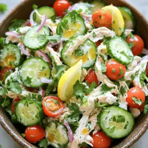 - 2 cups cooked chicken breast, shredded - 1 large cucumber, thinly sliced - 1 cup cherry tomatoes, halved - 1/2 cup red onion, thinly sliced - 1/4 cup fresh cilantro, chopped - 1/4 cup fresh parsley, chopped This salad starts with cooked chicken breast. You can use leftover chicken or rotisserie chicken. Next, grab a large cucumber. Thin slices add crunch and freshness. Cherry tomatoes bring a sweet pop. Halve them for easy bites. Red onion adds a mild bite. Lastly, fresh herbs like cilantro and parsley brighten the dish. - 1/3 cup Greek yogurt - 2 tablespoons lemon juice - 1 tablespoon olive oil - 1 teaspoon honey - Salt and pepper to taste Now, let’s make the dressing. Greek yogurt adds creaminess and protein. Lemon juice gives a tangy kick. A bit of olive oil adds richness. Honey balances everything with sweetness. Don’t forget salt and pepper to taste. This dressing ties all the flavors together. - About 250 calories per serving - Gluten-free and low-carb Each serving has about 250 calories. This makes it a great choice for a light meal. Plus, it is gluten-free and low in carbs. This salad is perfect for those with dietary restrictions. Enjoy this fresh cucumber chicken salad guilt-free! For the full recipe, check out the details above. - Preparing the chicken: Start with cooked chicken breast. Shred it into small pieces. This step helps mix the flavors well. You can use leftover rotisserie chicken for quick prep. Make sure the chicken is at room temperature. This keeps the salad fresh. - Slicing vegetables: Next, take a large cucumber. Cut it into thin slices. This adds a nice crunch. Halve the cherry tomatoes and slice the red onion thinly. Each vegetable adds color and texture to the salad. Fresh herbs like cilantro and parsley should be chopped finely. They bring great flavor. - Combining ingredients for dressing: In a small bowl, mix Greek yogurt, lemon juice, olive oil, honey, salt, and pepper. Use a whisk to blend everything smoothly. This dressing is creamy and tangy. It binds all the ingredients together. - Achieving the right consistency: The dressing should be thick but pourable. If it’s too thick, add a bit more lemon juice. Taste the dressing and adjust salt or honey if needed. This ensures the flavor is perfect. - Tossing everything together: In a large mixing bowl, combine the chicken, cucumber, cherry tomatoes, and red onion. Pour the dressing over the top. Add the chopped cilantro and parsley. Gently toss everything together. Make sure each piece is coated well. - Adjusting flavor profiles: After mixing, taste the salad. If it needs more zest, add more lemon juice. If it’s too tangy, a pinch of sugar can balance it out. Chill the salad in the fridge for about 15 minutes. This helps the flavors meld. Serve cool for the best taste. For the full recipe, check out the earlier sections. Choosing the best cucumbers is key. Look for firm, smooth skin. They should feel heavy for their size. Avoid cucumbers with soft spots or wrinkles. These signs mean they may not be fresh. For cherry tomatoes, pick ones that are bright and plump. They should smell sweet and fragrant. Avoid any that are split or too soft. Ripe tomatoes add color and flavor to your salad. Presentation can make your salad shine. Serve it in a large bowl for a family-style meal. You can also plate individual servings for guests. Garnish with extra herbs for a pop of color. Pair this salad with whole-grain bread or pita chips. You could also serve it with a light soup. These sides complement the fresh flavors without overwhelming them. To boost flavor, try adding spices like cumin or paprika. They add warmth to the dish. Fresh herbs like dill or mint can also enhance the taste. They bring a bright note that works well with chicken. For added crunch, think about tossing in some nuts. Sliced almonds or walnuts can add a nice texture. You can also use sunflower seeds for a nut-free option. They make your salad more satisfying and fun to eat. For the complete recipe, check out the Full Recipe. {{image_2}} You can switch up the protein in your salad. Grilled shrimp makes a tasty choice. It brings a nice, smoky flavor. You can also use tofu for a plant-based option. Just marinate it well and grill until golden. Roasted chicken is another great substitute. It adds a different depth to the dish. Choosing the right dressing can change everything. A creamy dressing, like ranch or blue cheese, adds richness. For a lighter option, try a vinaigrette with vinegar and oil. You can also make a dairy-free dressing using tahini or avocado. Both options keep the salad fresh and tasty. Mix in seasonal fruits for a fun twist. In summer, try adding diced peaches or strawberries. These fruits add sweetness and color. In the fall, consider roasted squash or apples. They bring warmth and earthiness to the dish. You can also change the vegetables by adding bell peppers or radishes for a crunch. Store your cucumber chicken salad in airtight containers. This keeps it fresh and safe. Use glass or good-quality plastic containers. Leftovers stay good for about three days in the fridge. Always check for signs of spoilage before eating. You can freeze this salad, but it’s not best for texture. The cucumbers can become mushy. If you decide to freeze it, pack it in a freezer-safe bag. To thaw, place it in the fridge overnight. Once thawed, eat it right away for the best taste. Keep the chicken and veggies separate until ready to eat. This helps maintain crispness. You can mix the dressing in a jar and store it on the side. Combine everything just before serving. This way, each bite stays fresh and crunchy. You can store fresh cucumber chicken salad in the fridge for up to three days. Make sure to keep it in an airtight container. This salad tastes best when fresh, but it still holds up well for a short time. Yes, you can make this salad in advance! I suggest prepping the chicken and chopping the veggies a day before. Just keep the dressing separate until you're ready to serve. This will help keep everything crisp and fresh. Fresh cucumber chicken salad pairs well with many side dishes. Here are a few ideas: - Quinoa or rice for a hearty option - A simple green salad for extra veggies - Whole grain bread or wraps for a filling meal These sides will enhance your meal and bring balance to the flavors. For the full recipe, check it out [here](#). This salad includes chicken, fresh veggies, and a tasty dressing. You learned about key ingredients, their nutritional benefits, and how to prepare them. We discussed tips for selecting the best produce and ways to add flavor. I also shared how to store leftovers and some ways to switch things up. In the end, making this salad is easy and fun. You can enjoy it fresh or as meal prep. No matter the version you choose, it’ll be a hit at any meal!