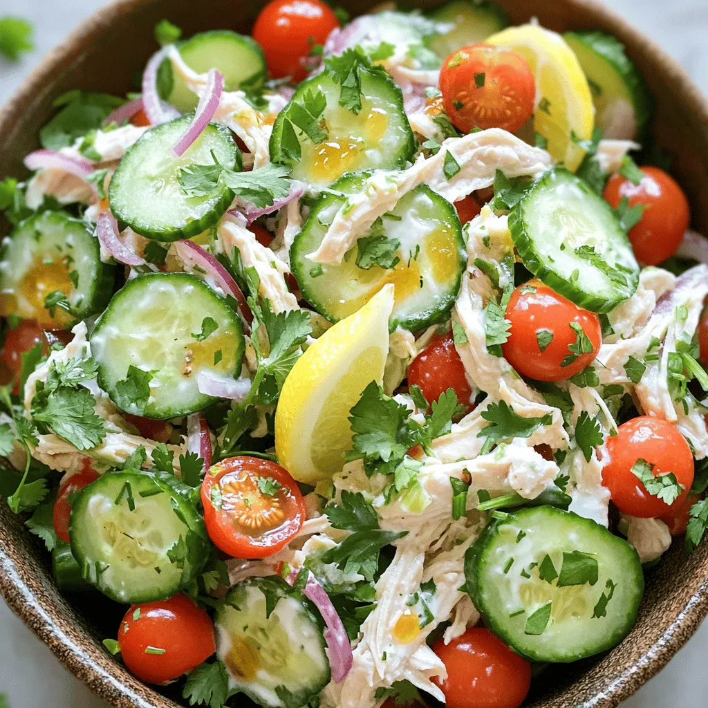 - 2 cups cooked chicken breast, shredded - 1 large cucumber, thinly sliced - 1 cup cherry tomatoes, halved - 1/2 cup red onion, thinly sliced - 1/4 cup fresh cilantro, chopped - 1/4 cup fresh parsley, chopped This salad starts with cooked chicken breast. You can use leftover chicken or rotisserie chicken. Next, grab a large cucumber. Thin slices add crunch and freshness. Cherry tomatoes bring a sweet pop. Halve them for easy bites. Red onion adds a mild bite. Lastly, fresh herbs like cilantro and parsley brighten the dish. - 1/3 cup Greek yogurt - 2 tablespoons lemon juice - 1 tablespoon olive oil - 1 teaspoon honey - Salt and pepper to taste Now, let’s make the dressing. Greek yogurt adds creaminess and protein. Lemon juice gives a tangy kick. A bit of olive oil adds richness. Honey balances everything with sweetness. Don’t forget salt and pepper to taste. This dressing ties all the flavors together. - About 250 calories per serving - Gluten-free and low-carb Each serving has about 250 calories. This makes it a great choice for a light meal. Plus, it is gluten-free and low in carbs. This salad is perfect for those with dietary restrictions. Enjoy this fresh cucumber chicken salad guilt-free! For the full recipe, check out the details above. - Preparing the chicken: Start with cooked chicken breast. Shred it into small pieces. This step helps mix the flavors well. You can use leftover rotisserie chicken for quick prep. Make sure the chicken is at room temperature. This keeps the salad fresh. - Slicing vegetables: Next, take a large cucumber. Cut it into thin slices. This adds a nice crunch. Halve the cherry tomatoes and slice the red onion thinly. Each vegetable adds color and texture to the salad. Fresh herbs like cilantro and parsley should be chopped finely. They bring great flavor. - Combining ingredients for dressing: In a small bowl, mix Greek yogurt, lemon juice, olive oil, honey, salt, and pepper. Use a whisk to blend everything smoothly. This dressing is creamy and tangy. It binds all the ingredients together. - Achieving the right consistency: The dressing should be thick but pourable. If it’s too thick, add a bit more lemon juice. Taste the dressing and adjust salt or honey if needed. This ensures the flavor is perfect. - Tossing everything together: In a large mixing bowl, combine the chicken, cucumber, cherry tomatoes, and red onion. Pour the dressing over the top. Add the chopped cilantro and parsley. Gently toss everything together. Make sure each piece is coated well. - Adjusting flavor profiles: After mixing, taste the salad. If it needs more zest, add more lemon juice. If it’s too tangy, a pinch of sugar can balance it out. Chill the salad in the fridge for about 15 minutes. This helps the flavors meld. Serve cool for the best taste. For the full recipe, check out the earlier sections. Choosing the best cucumbers is key. Look for firm, smooth skin. They should feel heavy for their size. Avoid cucumbers with soft spots or wrinkles. These signs mean they may not be fresh. For cherry tomatoes, pick ones that are bright and plump. They should smell sweet and fragrant. Avoid any that are split or too soft. Ripe tomatoes add color and flavor to your salad. Presentation can make your salad shine. Serve it in a large bowl for a family-style meal. You can also plate individual servings for guests. Garnish with extra herbs for a pop of color. Pair this salad with whole-grain bread or pita chips. You could also serve it with a light soup. These sides complement the fresh flavors without overwhelming them. To boost flavor, try adding spices like cumin or paprika. They add warmth to the dish. Fresh herbs like dill or mint can also enhance the taste. They bring a bright note that works well with chicken. For added crunch, think about tossing in some nuts. Sliced almonds or walnuts can add a nice texture. You can also use sunflower seeds for a nut-free option. They make your salad more satisfying and fun to eat. For the complete recipe, check out the Full Recipe. {{image_2}} You can switch up the protein in your salad. Grilled shrimp makes a tasty choice. It brings a nice, smoky flavor. You can also use tofu for a plant-based option. Just marinate it well and grill until golden. Roasted chicken is another great substitute. It adds a different depth to the dish. Choosing the right dressing can change everything. A creamy dressing, like ranch or blue cheese, adds richness. For a lighter option, try a vinaigrette with vinegar and oil. You can also make a dairy-free dressing using tahini or avocado. Both options keep the salad fresh and tasty. Mix in seasonal fruits for a fun twist. In summer, try adding diced peaches or strawberries. These fruits add sweetness and color. In the fall, consider roasted squash or apples. They bring warmth and earthiness to the dish. You can also change the vegetables by adding bell peppers or radishes for a crunch. Store your cucumber chicken salad in airtight containers. This keeps it fresh and safe. Use glass or good-quality plastic containers. Leftovers stay good for about three days in the fridge. Always check for signs of spoilage before eating. You can freeze this salad, but it’s not best for texture. The cucumbers can become mushy. If you decide to freeze it, pack it in a freezer-safe bag. To thaw, place it in the fridge overnight. Once thawed, eat it right away for the best taste. Keep the chicken and veggies separate until ready to eat. This helps maintain crispness. You can mix the dressing in a jar and store it on the side. Combine everything just before serving. This way, each bite stays fresh and crunchy. You can store fresh cucumber chicken salad in the fridge for up to three days. Make sure to keep it in an airtight container. This salad tastes best when fresh, but it still holds up well for a short time. Yes, you can make this salad in advance! I suggest prepping the chicken and chopping the veggies a day before. Just keep the dressing separate until you're ready to serve. This will help keep everything crisp and fresh. Fresh cucumber chicken salad pairs well with many side dishes. Here are a few ideas: - Quinoa or rice for a hearty option - A simple green salad for extra veggies - Whole grain bread or wraps for a filling meal These sides will enhance your meal and bring balance to the flavors. For the full recipe, check it out [here](#). This salad includes chicken, fresh veggies, and a tasty dressing. You learned about key ingredients, their nutritional benefits, and how to prepare them. We discussed tips for selecting the best produce and ways to add flavor. I also shared how to store leftovers and some ways to switch things up. In the end, making this salad is easy and fun. You can enjoy it fresh or as meal prep. No matter the version you choose, it’ll be a hit at any meal!