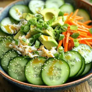 To make a California Roll Cucumber Salad, gather these simple ingredients: - 1 large cucumber, thinly sliced - 1 cup imitation crab meat, shredded - 1 avocado, diced - 1 medium carrot, julienned - 2 green onions, chopped - 2 tablespoons rice vinegar - 1 tablespoon soy sauce - 1 teaspoon sesame oil - 1 teaspoon sugar - 1 tablespoon sesame seeds - Salt and pepper to taste Each ingredient adds its own unique flavor. The cucumber provides crunch and freshness. Imitation crab adds a savory taste, while avocado gives creaminess. The carrots and green onions add color and a slight bite. Rice vinegar, soy sauce, sesame oil, and sugar make the dressing. It ties everything together with a tangy and sweet flavor. Don't forget salt and pepper to enhance the taste. Optional garnishes like sesame seeds add crunch. They also offer a nice touch for presentation. This salad is not just tasty; it looks great too. Enjoy the bright colors and fresh ingredients! - Salting and Moisture Extraction Start by slicing the cucumber thinly. Place the slices in a bowl. Sprinkle some salt over them. Let them sit for about 10 minutes. This will draw out excess moisture. You want your salad to be crisp, not soggy. - Slicing Technique for Optimal Texture Use a sharp knife or mandoline for even slices. Thin slices make the salad light and fresh. This technique helps the flavors blend better. You'll enjoy a nice crunch in every bite. - Mixing Crab, Avocado, Carrot, and Green Onions In a separate bowl, combine shredded imitation crab meat, diced avocado, julienned carrot, and chopped green onions. Gently mix them together. Each ingredient adds its own flavor and texture. The creamy avocado pairs well with the crab. - Whisking Method for a Smooth Blend In a small bowl, whisk together rice vinegar, soy sauce, sesame oil, and sugar. The goal is to dissolve the sugar fully. This dressing ties all the ingredients together. It gives a nice balance of salty and sweet. - Tossing and Combining All Ingredients After draining the cucumber, pat it dry with a paper towel. Add it to the crab mixture. Pour the dressing over everything. Gently toss to combine. You want every piece to be coated in that tasty dressing. - Importance of Refrigeration before Serving Let the salad chill in the refrigerator for about 15 minutes. This step allows the flavors to meld. Chilling also makes the salad refreshing. Enjoy it cold for the best taste experience. To make this salad your own, adjust the dressing. You can add more soy sauce for saltiness. If you want it sweeter, add extra sugar. Taste as you go. Fresh ingredients make a big difference. Always use crisp cucumbers and ripe avocados. They add flavor and texture. Serving this salad well can impress anyone. Use individual bowls for a classy touch. A large platter works for sharing. For garnish, add more sesame seeds on top. Slices of avocado around the edge add color. These small touches make your dish pop. For a smooth prep, use a sharp knife for slicing. A cutting board helps keep your space tidy. Use mixing bowls for combining ingredients. A whisk is perfect for mixing the dressing. For serving, choose bowls or plates that match your style. Having the right tools makes cooking easier and more fun! {{image_2}} For the imitation crab meat, you can try canned tuna or shredded chicken. Both options work well in this salad. If you want more flavor, you can use smoked salmon. Adding other vegetables can make your salad even better. Try bell peppers, radishes, or even diced mango for a sweet twist. These add color and crunch. To make this salad vegan, swap out imitation crab for chickpeas or tofu. Both give you protein and texture. If you want a vegetarian option, use egg or cheese for added richness. To enhance flavor without seafood, try adding a splash of lemon juice or miso paste. These ingredients can boost taste while keeping it plant-based. You can add spicy elements by mixing in sliced jalapeños or a dash of sriracha. For a fresh twist, consider adding citrus like lime or orange zest. Experimenting with different dressings can also change the flavor. Try a sesame ginger dressing or a sweet chili sauce. These variations keep the salad exciting and new each time you make it. To keep your California Roll Cucumber Salad fresh, store it in the fridge. Use an airtight container to prevent odors and moisture loss. Make sure to chill the salad for at least 15 minutes before serving. This helps the flavors blend well. This salad lasts about 2 to 3 days in the fridge. After that, it may start to lose freshness. Look for signs of spoilage, like a sour smell or a slimy texture. If you see these signs, it's best to toss it out. You cannot freeze California Roll Cucumber Salad. Freezing changes the texture of the cucumbers and avocados. If you have leftovers, eat them within a few days. If you want to save some for later, consider storing the dressing separately. When ready to eat, mix it in fresh. Yes, you can use fresh crab. It brings a richer taste. Fresh crab has a sweeter flavor and a firmer texture. Imitation crab is softer and less flavorful. If you prefer real crab, it will make the salad more decadent. Just remember to shred it like imitation crab for even mixing. To make sushi rice, rinse 1 cup of sushi rice under cold water. This removes excess starch. Cook the rice with 1 cup of water in a rice cooker or pot. Once cooked, let it sit for 10 minutes. In a bowl, mix 2 tablespoons of rice vinegar, 1 tablespoon of sugar, and ½ teaspoon of salt. Stir this into the warm rice gently. This gives the rice a perfect balance of flavor for your salad. Yes, the salad can be gluten-free. Check your soy sauce for gluten-free options. Some brands offer gluten-free soy sauce made from tamari. Also, ensure the imitation crab is gluten-free. Always read labels to avoid gluten in other ingredients. To add heat, try adding sliced jalapeños or red pepper flakes. You can also stir in a dash of sriracha into the dressing. Another idea is to mix in wasabi paste for a kick. Adjust the spice to your taste for the perfect zing! This blog post covered everything you need for a tasty California Roll Cucumber Salad. We talked about the required ingredients, how to prepare each element, and tips for enhancing flavor. You learned how to serve it well and store it properly. Feel free to mix in your own favorite ingredients or spices to make it your own. Enjoy this fresh dish, whether as a light meal or side. Remember, cooking should be fun and allow for creativity! Try this salad today. You won’t regret it!